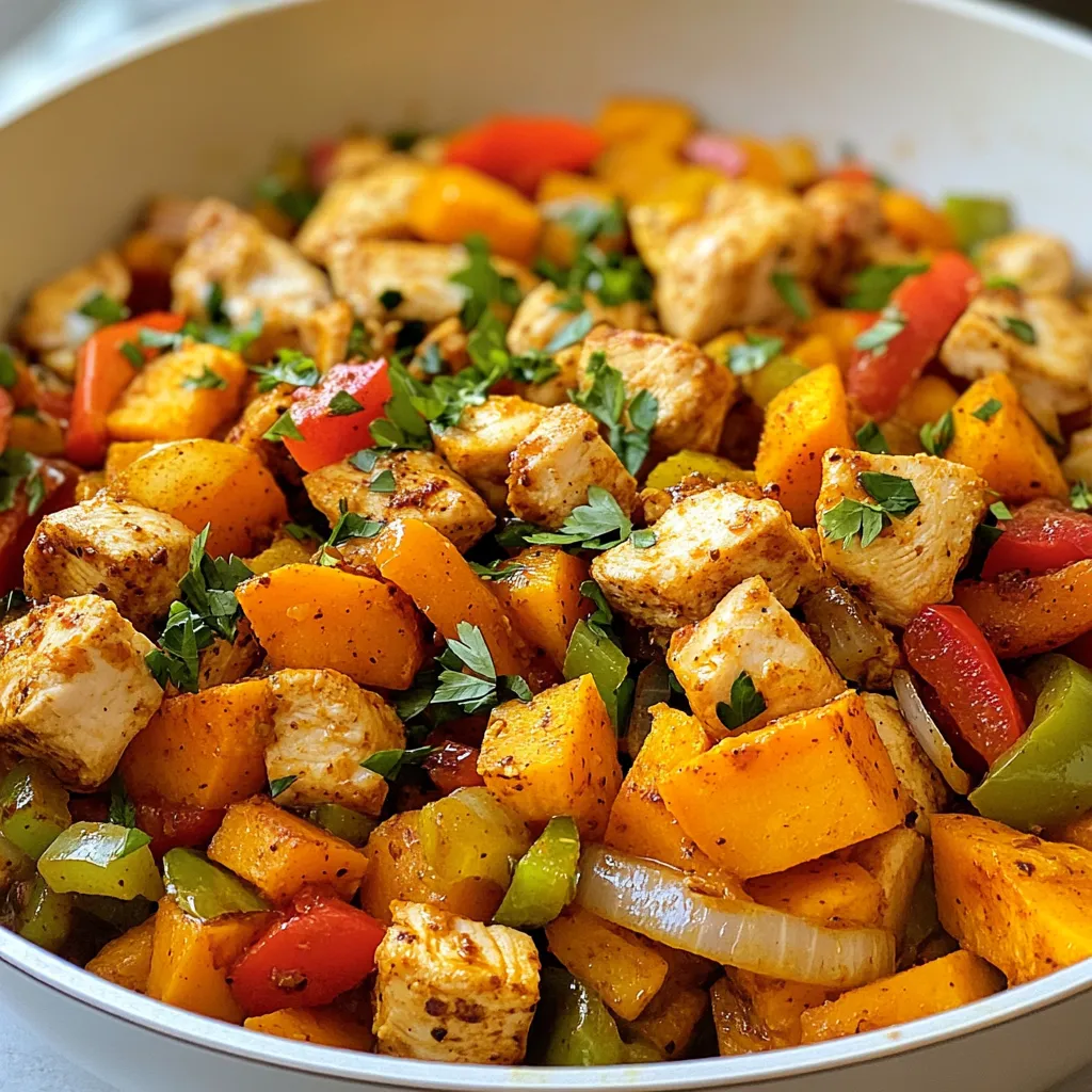 - 2 boneless, skinless chicken breasts - 2 medium sweet potatoes - 1 red bell pepper - 1 green bell pepper - 1 medium onion - Cajun seasoning - Olive oil - Salt and pepper - Fresh parsley - Lemon wedges The main ingredients create a colorful and hearty dish. Chicken breasts provide protein, while sweet potatoes add sweetness and nutrition. The red and green bell peppers offer crunch and color. Onions bring a savory base to the dish. For seasonings, Cajun seasoning gives a warm, spicy kick. Olive oil helps cook the chicken and vegetables evenly. Salt and pepper enhance all the flavors. Optional garnishes like fresh parsley add a pop of color and freshness. Lemon wedges can brighten the flavors even more. This dish is not only tasty, but it also looks great on the table! {{ingredient_image_2}} First, heat 1 tablespoon of olive oil in a large skillet over medium-high heat. When the oil shimmers, add the diced chicken breasts. Sprinkle 2 tablespoons of Cajun seasoning over the chicken, along with salt and pepper to taste. Sauté the chicken for about 5 to 7 minutes. Stir frequently until the chicken is browned and cooked through. Once ready, remove the chicken from the skillet and set it aside on a plate. In the same skillet, add the remaining tablespoon of olive oil. Let it heat for a moment. Then, toss in the cubed sweet potatoes, diced onion, and minced garlic. Stir well and sauté for about 5 minutes until the onions soften and turn translucent. Next, add the chopped red and green bell peppers. Stir to combine and cook for another 5 to 7 minutes. Keep an eye on the sweet potatoes until they are fork-tender and slightly caramelized. Now, carefully pour in 1 cup of chicken broth, stirring to mix all the ingredients. Increase the heat slightly and bring the mixture to a gentle simmer. Cook for about 3 to 4 minutes, allowing the flavors to meld beautifully. Return the cooked chicken to the skillet, tossing everything together. Allow it to cook for another 2 to 3 minutes until the chicken is heated through and the mixture thickens slightly. Finally, remove the skillet from the heat and garnish with freshly chopped parsley before serving. Enjoy your flavorful Cajun Chicken Sweet Potato Skillet! Choose a heavy, non-stick skillet. This type helps cook evenly and prevents sticking. Heat your skillet well before adding oil. This will help brown your chicken and vegetables nicely. Stir frequently while cooking. This keeps food from burning and ensures even cooking. Adjust the spice level to fit your taste. Start with less seasoning if you prefer mild. You can always add more later. For a homemade mix, use paprika, garlic powder, onion powder, cayenne, and oregano. Mix these spices to create your own Cajun flavor. You can serve directly from the skillet for a rustic look. This makes it fun and easy for guests. If you prefer a neater style, plate the dish. Add a sprinkle of fresh parsley for color. A lemon wedge on the side adds a nice, fresh touch. Pro Tips Adjust the Spice Level: If you're sensitive to heat, start with a smaller amount of Cajun seasoning and gradually add more to taste. Perfectly Cooked Sweet Potatoes: Microwave the cubed sweet potatoes for 2-3 minutes before adding them to the skillet to ensure they cook through evenly. Fresh Herbs for Flavor: Experiment with fresh herbs like thyme or cilantro for an extra layer of flavor that complements the Cajun seasoning. Meal Prep Friendly: This dish can be made ahead and stored in the fridge for up to 4 days. Reheat on the stove for best results. {{image_4}} You can easily swap chicken for shrimp or tofu. Shrimp cooks fast, adding a nice seafood twist. Just sauté them for about 3-5 minutes until pink. Tofu is a great choice for a vegan option. Use firm tofu for the best texture. Cut it into cubes and cook until golden. You can also use different cuts of chicken, like thighs or drumsticks. They add more flavor but may take longer to cook. Feel free to change up the veggies based on what you have. Seasonal vegetables like zucchini or spinach work well. Just add them during the cooking process. You can also include nutritious add-ins like kale or carrots for extra vitamins. This stew is flexible and can cater to your taste! If you need a gluten-free option, check your seasoning. Many Cajun seasonings are gluten-free, but it’s always wise to check. For a vegan alternative, swap the chicken broth for vegetable broth. This keeps all flavors while making it plant-based. Enjoy experimenting with these variations to fit your diet! To store your Cajun Chicken Sweet Potato Skillet, first let it cool down. Place it in an airtight container. This helps keep the flavors fresh. You can store it in the fridge for up to three days. Make sure to reheat it well before eating to ensure safety. If you want to freeze this dish, allow it to cool fully. Then, transfer it to a freezer-safe container. It can stay frozen for up to three months. When you’re ready to eat, thaw it overnight in the fridge. Reheat it on the stove or in the microwave until it’s hot all the way through. This keeps the taste and texture nice. For meal prepping, divide the skillet into single servings. Use small containers to make it easy. Pair each serving with a healthy side, like steamed veggies or a fresh salad. This way, you have quick and balanced meals ready to go. Yes, you can use frozen sweet potatoes. They are a good time saver. Frozen sweet potatoes cook faster than fresh ones. Just remember to thaw them slightly before adding to your skillet. This helps them cook evenly. If you use frozen, check the cooking time. It might be shorter than with fresh sweet potatoes. This dish pairs well with many sides. Here are a few tasty options: - Steamed broccoli for a green touch - Quinoa for a healthy grain - Green salad with a light dressing - Garlic bread for a comforting addition These sides balance the flavors and make your meal complete. To ensure chicken is safe to eat, check its internal temperature. It should reach 165°F (75°C). Use a meat thermometer to check the thickest part. This step is key for food safety. If you don’t have a thermometer, cut into the chicken. The meat should be white, not pink. Always prioritize safety when cooking chicken. This blog post shows you how to make a tasty Cajun Chicken Sweet Potato Skillet. You learned about the main ingredients, seasonings, and step-by-step cooking. I shared tips for cooking and ways to modify the dish for different diets. You can store leftovers and meal prep for later. Remember, cooking is fun and a chance to be creative. Enjoy trying new flavors and make it your own. Dive in and savor every bite!