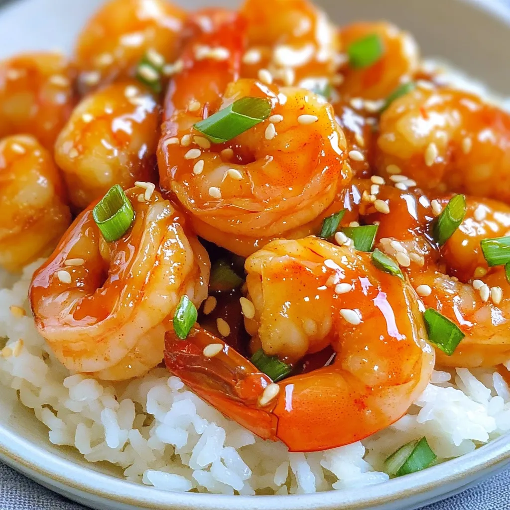 - Shrimp specifics: - 1 pound large shrimp, peeled and deveined - Marinade ingredients: - 4 tablespoons honey - 3 cloves garlic, finely minced - 2 tablespoons soy sauce - 1 tablespoon sriracha (adjust according to personal spice preference) - 1 tablespoon olive oil - 1 teaspoon freshly grated ginger - 1 tablespoon freshly squeezed lime juice - Garnishes and extras: - 2 green onions, thinly sliced (for garnish) - Sesame seeds (for garnish) - Salt and pepper to taste Using large shrimp makes a big difference in this dish. They cook quickly and soak up the marinade well. I love using fresh shrimp, but frozen works too. Just remember to thaw them first! The marinade brings the magic. Honey adds sweetness, while garlic and ginger pack a punch. Soy sauce ties everything together with umami. Sriracha gives it that heat, but feel free to adjust it. Garnishes like green onions and sesame seeds not only look great but add a nice crunch too. They brighten the dish and make it pop! Enjoy crafting this meal that bursts with flavor! {{ingredient_image_2}} First, gather your marinade ingredients. You will need honey, minced garlic, soy sauce, sriracha, grated ginger, and lime juice. 1. In a medium mixing bowl, combine all these ingredients. 2. Whisk them well until they blend into a smooth mix. Marinating is key. Letting the shrimp soak in this mix for 15-20 minutes makes a huge difference. It allows the flavors to seep in deeply. This step adds richness to your dish. Next, you will cook the shrimp. Heat olive oil in a large skillet over medium-high heat. 1. Once the oil shimmers, add the marinated shrimp along with the marinade. 2. Cook the shrimp for about 2-3 minutes on each side. Watch for the color change. The shrimp will turn pink and opaque when done. Overcooking can make them rubbery, so keep an eye on the time. Now for the fun part: serving your dish! Presentation is important. - Serve the shrimp on a fluffy bed of jasmine rice. - You can also place them next to a bright green salad. Garnish with sliced green onions and sesame seeds for a pop of color. Add lime wedges on the side for a zesty squeeze. This makes the meal not just tasty but also visually appealing! - Overcooking shrimp: Shrimp cook fast. Cook them for 2-3 minutes per side. Stop cooking when they turn pink. Overcooked shrimp can be tough and chewy. - Skipping the marinade step: Marinating gives shrimp flavor. Let them sit in the marinade for at least 15-20 minutes. This step is key for a tasty dish. - Spice level adjustments: Love heat? Add more sriracha! For less spice, use less. Taste as you go to find your perfect level. - Additional seasoning options: Try adding a pinch of smoked paprika or chili flakes for extra depth. Fresh herbs like cilantro also brighten the dish. - Preferred cookware: Use a large skillet for even cooking. A non-stick skillet works best for easy cleanup. - Tools for preparation and serving: Have a whisk for mixing, and a spatula for flipping shrimp. Use a serving dish to display your shrimp beautifully. Pro Tips Perfectly Cooked Shrimp: Cook shrimp for just 2-3 minutes on each side until they turn pink and opaque; overcooking can make them rubbery. Marinating Time: Allow the shrimp to marinate for at least 15-20 minutes to enhance the flavors; longer marinating will intensify the taste even more. Adjust Spice Level: Feel free to modify the amount of sriracha based on your spice preference; you can also add a pinch of cayenne for extra heat. Garnishing: Garnish with fresh green onions and sesame seeds for a pop of color and added texture; lime wedges on the side enhance the dish's flavor. {{image_4}} You can easily swap shrimp for other proteins. Chicken, pork, or tofu work well. When using chicken, cut it into bite-sized pieces. For pork, choose tender cuts like loin or tenderloin. If you prefer tofu, use firm or extra-firm tofu. Press out excess water before marinating. For vegan or vegetarian options, try chickpeas or cauliflower. Both soak up flavor nicely. This gives a nice texture and a protein boost. Adjust your cooking time based on the protein you choose. Pairing side dishes with shrimp can elevate the meal. Try serving it over fluffy jasmine rice. The rice absorbs the sauce and adds a nice base. For a fresh twist, serve the shrimp with a vibrant green salad. A mix of greens, cucumbers, and tomatoes works great. You can also transform this dish into a salad or wrap. Place the shrimp on a bed of greens, then add avocado and nuts. For wraps, use tortillas or lettuce leaves. This makes a fun and healthy meal option. You can adjust the spice level to match your taste. If you like it mild, reduce the sriracha to one teaspoon or skip it entirely. Add a pinch of red pepper flakes for a subtle heat without the burn. For those who love heat, increase sriracha or add fresh chili peppers. You can also use spicy chili paste for a bolder kick. Always taste the marinade before adding shrimp to find your perfect balance. To keep your Spicy Honey Garlic Shrimp fresh, place leftovers in an airtight container. Store them in the fridge for up to three days. If you want to save them longer, freeze the shrimp. To freeze, place them in a freezer-safe bag, removing as much air as possible. This helps prevent freezer burn. When reheating, the best methods are on the stove or in the microwave. For the stove, heat a skillet over medium heat. Add the shrimp and a splash of water or broth. Stir until heated through, about 2-3 minutes. For the microwave, place shrimp in a microwave-safe dish. Cover and heat for 1-2 minutes, checking often to avoid overcooking. This keeps the shrimp tender and flavorful. Spicy Honey Garlic Shrimp stays fresh for three days in the fridge. If frozen, they can last for up to three months. Signs of spoilage include a strong odor, slimy texture, or discoloration. If you notice any of these, it is best to throw them out. Always prioritize safety when enjoying your leftovers! You can prepare the marinade early. Mix honey, garlic, soy sauce, sriracha, ginger, and lime juice. Place this mix in the fridge. Add shrimp when ready to cook. This keeps the shrimp fresh and tasty. Yes, you can use frozen shrimp. Just make sure to thaw them first. Place them in cold water for about 15-20 minutes. After thawing, peel and devein them if needed. This way, they will soak up the marinade better. I recommend serving this dish with jasmine rice. The fluffy rice soaks up the sauce well. You can also pair it with a fresh salad. Adding lime wedges gives it a nice citrus punch. To serve more people, just double the ingredients. Use two pounds of shrimp and double the marinade. This keeps the flavors balanced. Adjust cooking time only if you have many shrimp in the pan. Store marinated shrimp in an airtight container. Keep it in the fridge if you plan to use it soon. For longer storage, freeze the shrimp. They can stay fresh for up to three months in the freezer. In this post, we explored the art of making Spicy Honey Garlic Shrimp. We covered the essential ingredients, from shrimp specifics to marinade elements. Cooking tips ensured perfect results every time. We also highlighted common mistakes and ways to enhance flavor with spices. Plus, there are food pairings and creative serving ideas to impress your guests. Spicy Honey Garlic Shrimp is versatile and forgiving. With practice, you’ll see it becomes a favorite in your kitchen. Dig in and enjoy!