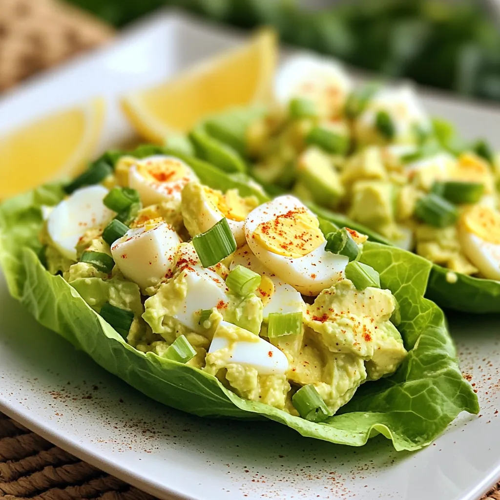 To make avocado egg salad lettuce wraps, you need: - 4 hard-boiled eggs, coarsely chopped - 1 ripe avocado, thoroughly mashed - 2 tablespoons creamy Greek yogurt - 1 tablespoon tangy Dijon mustard - 1 tablespoon freshly squeezed lemon juice - Salt and freshly ground black pepper, to taste - ¼ cup green onions, finely sliced - ¼ cup celery, finely diced - 1 head of romaine lettuce or butter lettuce, separated into leaves These ingredients blend to create a fresh and tasty snack. When choosing your ingredients, some brands stand out. For Greek yogurt, I like Fage or Chobani. They both offer smooth, creamy textures. For Dijon mustard, Maille is a classic choice. It has the right balance of tang and flavor. For avocados, look for Hass avocados. They are creamy and rich. Fresh vegetables are best sourced from local farmers' markets for peak flavor. You can switch things up if needed. Instead of Greek yogurt, try sour cream for a different taste. You can also use mustard powder if you lack Dijon. If you want less fat, swap the avocado for mashed chickpeas. This will give you a lighter salad. For lettuce, any leafy green works, such as spinach or kale. {{ingredient_image_2}} Start by boiling four eggs. Place them in cold water, cover, and bring to a boil. Once boiling, turn off the heat and let them sit for 12 minutes. After that, cool the eggs in ice water for a few minutes. Peel the eggs and chop them coarsely. Next, take one ripe avocado and cut it in half. Remove the pit and scoop the flesh into a bowl. Mash the avocado with a fork until smooth. Now, combine the chopped eggs and mashed avocado in a large mixing bowl. To the egg and avocado mix, add two tablespoons of creamy Greek yogurt. This will make your salad rich and smooth. Next, stir in one tablespoon of tangy Dijon mustard for flavor. Squeeze one tablespoon of fresh lemon juice into the bowl to add brightness. Season with salt and freshly ground black pepper to taste. Mix everything well until it becomes creamy and combined. Finally, fold in ¼ cup of finely sliced green onions and ¼ cup of finely diced celery. These add crunch and freshness to your salad. Now it’s time to wrap up your delicious salad! Take a head of romaine or butter lettuce and carefully separate the leaves. Lay one leaf flat on your plate. Scoop a generous portion of the avocado egg salad into the center of the leaf, creating a little boat for your filling. Gently fold the sides of the lettuce over the filling. You now have a delightful handheld wrap! Repeat this with the remaining salad and lettuce leaves. Enjoy these fresh and tasty wraps right away for the best flavor! To get the best creamy consistency, mash your avocado well. Use a fork for a smoother mix. Combine it with the chopped eggs right away. This helps blend the textures nicely. Adding Greek yogurt makes it rich and creamy. Stir in the Dijon mustard and lemon juice next. These ingredients bring a nice zing. Mix until everything is well blended. Adjust seasoning with salt and pepper to find your perfect taste. Peeling hard-boiled eggs can be tricky. Start with eggs that are a few days old. Fresh eggs are harder to peel. After boiling, cool the eggs quickly in ice water. This helps the shell separate from the egg. Tap the egg gently on a hard surface. Roll it lightly to crack the shell all over. Start peeling from the wider end. This often has an air pocket, making it easier. To boost flavor, try adding herbs like dill or cilantro. These herbs add freshness to your wraps. You can also mix in some diced pickles for a tangy crunch. For a spicy kick, add chili flakes or diced jalapeños. If you like a sweeter taste, consider adding a touch of honey. This can balance the tanginess of the mustard. Experiment with flavors to find your favorite blend! Pro Tips Use Fresh Ingredients: Always opt for the freshest avocados and green onions to enhance the flavor and texture of your egg salad. Customize Your Seasoning: Feel free to experiment with different herbs or spices, such as dill or smoked paprika, for a unique twist on the classic flavor. Chill for Better Flavor: If time allows, let the egg salad chill in the refrigerator for 30 minutes before serving; this helps the flavors meld together beautifully. Perfect Lettuce Wraps: Choose sturdy lettuce leaves, like romaine or butter lettuce, to hold the filling without tearing, ensuring a delightful eating experience. {{image_4}} You can make your avocado egg salad even better by adding veggies. Some great choices include: - Cucumber: adds crunch and freshness. - Red bell pepper: brings color and sweetness. - Carrots: add a slight crunch and sweetness. These veggies not only enhance flavor but also add nutrients. Get creative and mix in what you like! If you want to switch things up, consider adding different proteins. Here are a few ideas: - Chicken: shredded chicken can make it heartier. - Tuna: gives a nice flavor twist and extra protein. - Chickpeas: for a plant-based option. These proteins can make your wraps more filling and fun to eat. You can easily make this dish vegan. Here are some options: - Tofu: use silken tofu instead of eggs for a creamy texture. - Vegan mayo: swap the Greek yogurt for a plant-based mayo. - Nutritional yeast: adds a cheesy flavor without dairy. These swaps keep the taste delicious while fitting a vegan diet. Enjoy your wraps just the way you like them! To store leftover egg salad, place it in an airtight container. Keep it in the fridge. It stays fresh for up to three days. Make sure to label the container with the date. If the salad looks or smells off, throw it away. Always check it before eating. To keep lettuce leaves fresh, wash them gently. Dry them well using a salad spinner or paper towels. Store them in a container lined with a damp paper towel. This method keeps the leaves crisp for longer. Use them within a few days for the best taste and texture. Unlike some dishes, you do not need to reheat egg salad. It’s best enjoyed cold. If you like it warm, you can heat the eggs before mixing. Just be careful not to overheat, as it can change the texture. Warm egg salad is not as creamy and smooth. Always serve it fresh for the best experience. Avocado Egg Salad Lettuce Wraps contain about 150 calories per serving. Each wrap packs protein and healthy fats. This makes them a filling yet light snack choice. You can enjoy them without guilt. Yes, you can make the egg salad ahead of time. Store it in an airtight container in the fridge. It stays fresh for about two days. However, I recommend adding the lettuce leaves just before serving. This keeps them crisp and fresh. Romaine lettuce and butter lettuce work best for wraps. They are sturdy and hold the filling well. Romaine adds a nice crunch, while butter lettuce gives a soft texture. Both types make your wraps tasty and fun to eat. This blog post covered how to make delicious Avocado Egg Salad Lettuce Wraps. You learned about key ingredients and trusted brands to use. The step-by-step guide showed how to prepare and mix everything perfectly. Tips helped you get smooth consistency and easy peeling. We also explored tasty variations and how to store leftovers. Now, you can enjoy making this healthy meal anytime. Embrace your own twists and share your creations!
