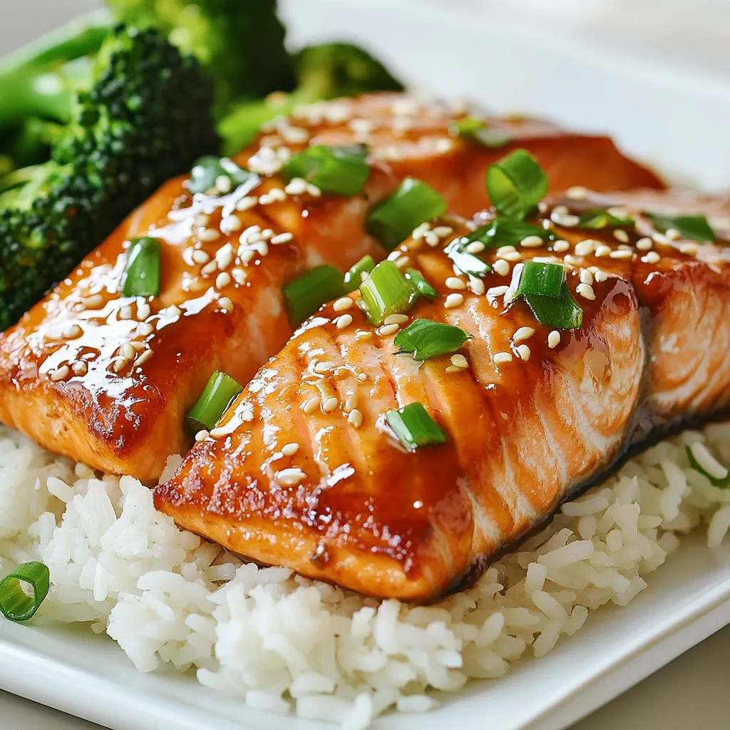 - 2 salmon fillets (approximately 6 ounces each) - ¼ cup low-sodium soy sauce - 2 tablespoons honey - 1 tablespoon rice vinegar - 1 teaspoon sesame oil - 1 tablespoon fresh ginger, finely grated - 2 cloves garlic, minced - 1 teaspoon cornstarch mixed with 1 tablespoon water (thickening agent) - 1 tablespoon sesame seeds (for garnish) - 2 green onions, finely chopped (for garnish) - Cooked jasmine rice (for serving) - Steamed broccoli (optional, for serving) Salmon is rich in omega-3 fatty acids. These are great for heart health. Low-sodium soy sauce keeps the dish tasty without too much salt. Honey adds sweetness and helps the glaze stick. Rice vinegar brightens the flavors. Sesame oil gives a nutty taste. Ginger and garlic boost the flavor and support digestion. Green onions provide crunch and fresh taste. Sesame seeds add texture and a bit of healthy fat. Jasmine rice is fluffy and pairs well with salmon. Steamed broccoli adds vitamins and color to your plate. If you can’t find salmon, use trout or chicken. For soy sauce, coconut aminos works well. Maple syrup can replace honey for vegan options. Apple cider vinegar can substitute rice vinegar. If you lack sesame oil, olive oil will work in a pinch. Grated ginger can be swapped with ground ginger, but use less. Fresh garlic is best, but garlic powder can be used too. If you don’t have jasmine rice, white or brown rice will do. No broccoli? Try steamed green beans or snap peas instead. {{ingredient_image_2}} To start, gather your ingredients for the teriyaki sauce. You will need: - ¼ cup low-sodium soy sauce - 2 tablespoons honey - 1 tablespoon rice vinegar - 1 teaspoon sesame oil - 1 tablespoon fresh ginger, finely grated - 2 cloves garlic, minced - 1 teaspoon cornstarch mixed with 1 tablespoon water In a small saucepan, combine the soy sauce, honey, rice vinegar, sesame oil, ginger, and garlic. Stir the mix well. Heat it on medium until it simmers. Once you see bubbles, add the cornstarch-water mix. Stir again and let it cook for 1-2 minutes. The sauce should thicken enough to coat a spoon. Remove it from heat and let it cool. Now it’s time to cook the salmon. First, preheat your grill or non-stick skillet to medium-high. Lightly oil the surface to keep the salmon from sticking. Season the salmon fillets with a pinch of salt and pepper. Place them skin-side down on the grill or skillet. Cook for about 4-5 minutes. Carefully flip the fillets using a spatula. Brush half of the teriyaki glaze over the top. Cook for another 4-5 minutes. The salmon is done when it flakes easily with a fork. During the last minute, brush on the rest of the glaze for added flavor. After cooking, let the salmon rest for a minute. This helps the juices stay inside. For serving, place the salmon on a fluffy bed of jasmine rice. If you like, add steamed broccoli on the side. Drizzle any leftover glaze over the salmon for more taste. To make it look nice, sprinkle sesame seeds and chopped green onions on top. This will make your dish colorful and tasty! To pick fresh salmon, look for bright, shiny skin. The flesh should be firm and spring back when touched. Avoid fish that smells overly fishy. Fresh salmon has a clean scent. Ask your fishmonger about the fish's source. Wild-caught salmon usually has better flavor than farmed. If possible, choose salmon with a vibrant color, like deep red or orange. This means it is fresh and healthy. The teriyaki glaze is the star of the dish. Start with low-sodium soy sauce to keep it balanced. Honey adds sweetness and helps with caramelization. Fresh ginger gives a spicy kick that brightens the flavor. Don't skip the garlic; it adds depth. When you mix in cornstarch, it thickens the sauce nicely. This helps it stick to the salmon. Make sure to brush the glaze on during the last minutes of cooking. This builds layers of flavor that make the dish shine. Cooking time is crucial to perfect teriyaki salmon. Preheat your grill or skillet to medium-high heat. This ensures a good sear. Cook the salmon for about 4-5 minutes on each side. Use a spatula to flip the fish gently. Salmon is done when it flakes easily with a fork. To keep it juicy, let it rest for a minute after cooking. This helps the juices redistribute. Serve it warm over jasmine rice for a complete meal. Pro Tips Use Fresh Ingredients: Always opt for fresh salmon and ingredients when preparing this dish to enhance the flavors and overall quality of your teriyaki glaze. Control Your Heat: Cooking the salmon over medium-high heat helps achieve a perfect sear while keeping the inside moist. Avoid high heat to prevent burning the glaze. Let It Rest: Allow the salmon to rest for a minute after cooking. This will help the juices redistribute, resulting in a more flavorful and tender fillet. Add a Twist: For a unique flavor profile, consider adding a splash of orange juice or zest to the teriyaki glaze for a citrusy contrast. {{image_4}} You can cook teriyaki glazed salmon in two main ways: grilling and pan-searing. Grilling gives the fish a smoky flavor. It also creates nice grill marks on the salmon. To grill, heat your grill to medium-high. Place the fillets skin-side down and cook for 4-5 minutes. Then flip and brush with glaze. Pan-searing is another great method. It keeps the fish moist and tender. Start by preheating your non-stick skillet. Add a bit of oil before placing the salmon in the pan. Cook it skin-side down first, just like on the grill. Each method brings out different tastes. You can choose based on your mood or kitchen tools. While teriyaki glaze shines, you can try other sauces too. A miso glaze adds a rich, umami flavor. Just mix miso paste with a bit of honey and soy sauce. Another choice is a honey-soy marinade. This simple mix gives a sweet and salty kick. For a spicy twist, add sriracha to your glaze. This packs a punch and works well with salmon. You can also use citrus marinades. Lemon or orange juice adds brightness to the dish. Just marinate the salmon for 30 minutes before cooking. These alternatives keep your meals exciting and flavorful. When serving teriyaki glazed salmon, side dishes make a big difference. I love to pair it with jasmine rice. The rice absorbs the sauce and balances the flavors. Steamed broccoli is another great option. It adds color and nutrients to your plate. You can also try a fresh salad. A simple cucumber and avocado salad adds a cool touch. For more crunch, add some sesame seeds to your side dishes. These pairings make the meal complete and satisfying. Enjoy experimenting with different sides to find your favorite! To keep your teriyaki glazed salmon fresh, store it in an airtight container. Place it in the fridge. It will last for up to 3 days. Make sure it cools down before sealing. This helps keep the salmon moist and tasty. When ready to eat, reheat the salmon gently. You can use a microwave or a skillet. For the microwave, heat in short bursts of 30 seconds. Check often to avoid overcooking. If using a skillet, warm it on low heat. Add a splash of water to keep it moist. Cover with a lid to trap steam. You can freeze teriyaki glazed salmon. Wrap each fillet tightly in plastic wrap. Then, place it in a freezer-safe bag. Make sure to remove as much air as possible. It can stay in the freezer for about 2 months. When ready to eat, thaw it overnight in the fridge before reheating. You should cook salmon for about 8 to 10 minutes total. Start by grilling or pan-searing it for 4 to 5 minutes on one side. Then, flip the fillet and cook for another 4 to 5 minutes. The salmon is done when it flakes easily with a fork. Cooking time can vary based on thickness, so check it closely. Aim for a perfect balance of moisture and flavor. Yes, you can try this glaze on other fish like trout or halibut. Both work well with the sweet and savory teriyaki glaze. Just adjust the cooking time based on the thickness of the fish. Using a firm fish will yield the best results. The glaze enhances the flavors, making it a delightful meal. Teriyaki sauce comes from Japan, where it started as a cooking method. The word "teriyaki" means "to shine" in Japanese, describing the glaze's look when cooked. The dish gained popularity in the U.S. in the 20th century. Today, teriyaki salmon is loved for its rich taste and easy prep. Enjoying this dish connects you to a global culinary tradition. You now have the tools to make delicious teriyaki salmon at home. We covered how to choose the right ingredients, including their benefits and possible substitutions. The step-by-step instructions guide you through preparing the sauce and cooking the salmon to perfection. I shared tips for a great glaze and how to serve it nicely, along with variations and storage tips. Whether you’re grilling or searing, enjoy this tasty dish. Now, you’re ready to impress your family and friends with your cooking skills!