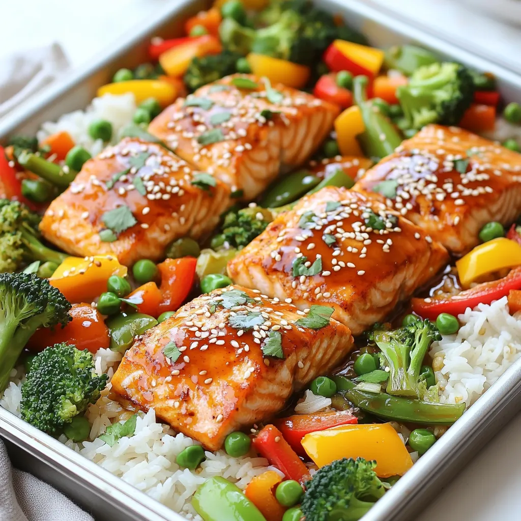 To make this lovely dish, gather these ingredients: - 4 salmon fillets - 1 cup fresh broccoli florets - 1 cup bell peppers, thinly sliced (mix red and yellow) - 1 cup snap peas, trimmed - ¼ cup low-sodium soy sauce - 2 tablespoons honey - 2 tablespoons rice vinegar - 1 tablespoon sesame oil - 2 cloves garlic, finely minced - 1 teaspoon fresh ginger, grated - 1 tablespoon sesame seeds - Salt and freshly ground pepper, to taste - Cooked jasmine rice, for serving You can add some extras to make this dish your own. Try these: - Green onions, sliced for a fresh touch - Carrots, thinly sliced for crunch - Cashews or peanuts for added texture - Chili flakes for a spicy kick Before you start cooking, gather these tools: - Large baking sheet - Parchment paper for easy cleanup - Mixing bowls for the marinade and veggies - Whisk or fork to mix the marinade - Knife and cutting board for chopping These ingredients and tools will help you create a tasty sheet pan meal that is both simple and satisfying. Enjoy the process! {{ingredient_image_2}} First, set your oven to 400°F (200°C). This high heat helps the salmon cook well. To make clean-up easier, line a large baking sheet with parchment paper. This step saves time and keeps your pan clean. In a small bowl, mix together the following: - ¼ cup low-sodium soy sauce - 2 tablespoons honey - 2 tablespoons rice vinegar - 1 tablespoon sesame oil - 2 cloves garlic, finely minced - 1 teaspoon fresh ginger, grated Whisk these ingredients until they blend well. This marinade gives your salmon a sweet and savory flavor. Place 4 salmon fillets on one side of your sheet pan. Lightly season them with salt and freshly ground pepper. Pour half of the teriyaki marinade over the salmon. Next, toss 1 cup of fresh broccoli, 1 cup of sliced bell peppers, and 1 cup of trimmed snap peas in the leftover marinade. Make sure the veggies are well coated. Spread them out on the other side of the baking sheet. Bake your sheet pan in the preheated oven for 15-20 minutes. The salmon is done when it flakes easily with a fork. Your vegetables should be tender but still crisp. After baking, let the pan cool for a few minutes before serving. Enjoy your meal with a side of cooked jasmine rice! To cook salmon just right, look for a few signs. First, bake it at 400°F (200°C). This high heat helps the salmon cook evenly. Second, check for flakiness. When it flakes easily with a fork, it’s ready. Salmon should also be opaque and moist inside. Lastly, don’t overcook it! Usually, 15-20 minutes is perfect. Remove it when it still looks a bit shiny; it will continue to cook after you take it out. Preparing vegetables is key for a great dish. Start by washing all your veggies well. For color, use red and yellow bell peppers. Slice them thinly to help them cook evenly. Broccoli should be cut into small florets. Snap peas need just a quick trim. Toss them in the leftover teriyaki sauce. This step adds extra flavor. Spread them out on the pan. It helps them roast instead of steam, keeping them crisp. Presentation can make your meal look extra special. Use wide plates to serve. Start with a scoop of jasmine rice as a base. Place the salmon on top, then add your colorful veggies. Drizzle any extra teriyaki sauce over everything. For a final touch, sprinkle sesame seeds on top. A slice of lime or lemon on the side adds freshness and looks nice. Remember, a pretty plate makes food taste even better! Pro Tips Choose Fresh Ingredients: The quality of your salmon and vegetables greatly affects the final dish. Opt for fresh, vibrant produce and wild-caught salmon if possible. Marinate for Flavor: For extra flavor, consider marinating the salmon for 30 minutes to an hour before baking. This allows the teriyaki sauce to penetrate the fish more deeply. Adjust Cooking Time: Depending on the thickness of your salmon fillets, you may need to adjust your cooking time. Thicker fillets may require an additional 5 minutes in the oven. Experiment with Vegetables: Feel free to swap in your favorite vegetables. Asparagus, carrots, or zucchini can also work wonderfully with the teriyaki flavor. {{image_4}} You can swap salmon for other tasty proteins. Options include chicken, tofu, or shrimp. Chicken thighs work well for a juicy bite. Tofu gives a great plant-based choice. Shrimp cooks quickly and adds a nice flavor. Adjust cooking times for each protein. Ensure they are cooked through for safe eating. Feel free to change up your veggies! Carrots, zucchini, or asparagus are great picks. You can use whatever is in your fridge. Toss in some corn for sweetness or bok choy for crunch. Mix and match to suit your taste. Keep the colors bright for a fun plate. Each veggie adds its own flavor and texture. Want to try something new? Change the teriyaki sauce! Use a honey-soy mix or a spicy sriracha blend. Citrus juices like lime or orange add a fresh twist. You can even try hoisin sauce for a sweet flavor. Experimenting with different marinades makes each meal unique. Find a mix that you love for a personal touch. To keep your sheet pan teriyaki salmon fresh, store leftovers in an airtight container. Place the salmon and veggies together or separately, based on your preference. Make sure to let them cool first. Store in the fridge for up to three days. If you want to keep it longer, freezing is a good option. When you’re ready to enjoy leftovers, reheat gently. Use an oven set to 350°F (175°C) for about 10-15 minutes. This helps keep the salmon moist. You can also use a microwave, but do it in short bursts. Heat in 30-second intervals to avoid overcooking. Freezing is great for meal prep. Wrap the salmon and vegetables tightly in plastic wrap, then put them in a freezer bag. This helps avoid freezer burn. Store for up to three months. When you’re ready to eat, thaw in the fridge overnight, then reheat as mentioned above. Yes, you can swap salmon for other fish. Try trout or tilapia. These fish cook well and absorb flavors nicely. Each option provides a different taste. Just adjust cooking time based on the fish thickness. Serve this dish with jasmine rice for a classic touch. You can also add a fresh salad or steamed veggies. For a twist, try quinoa or cauliflower rice. These sides balance the flavors and add nutrition. Absolutely! Use gluten-free soy sauce instead of regular soy sauce. Many brands offer gluten-free options. This small change keeps the taste while meeting dietary needs. Always check labels to be sure. Store leftovers in an airtight container. They stay fresh for up to three days. Reheat gently in the oven or microwave. This keeps the salmon moist and the veggies crisp. Yes, you can prepare the marinade and chop veggies ahead of time. Marinate the salmon for about 30 minutes before baking. This adds flavor and saves time. Just store everything in the fridge until you're ready to cook. This blog details how to make tasty sheet pan teriyaki salmon. We covered the key ingredients, step-by-step cooking instructions, and helpful tips. You can customize your dish with different proteins and vegetables. Remember, proper storage and reheating can keep your meal fresh and delicious. I hope you feel ready to try this easy dish. Enjoy the cooking process and impress your friends with your new skills!