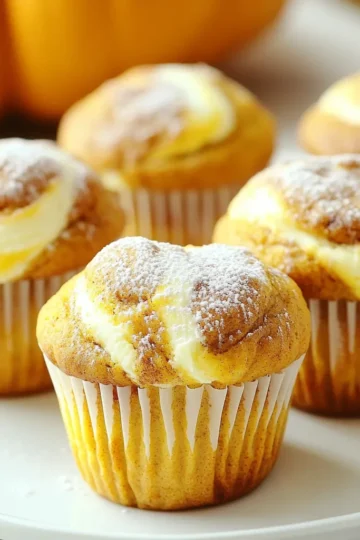 To make Pumpkin Cheesecake Swirl Muffins, gather these key ingredients. They create a rich, flavorful treat. - 1 cup all-purpose flour - 1 teaspoon baking powder - 1 teaspoon baking soda - 1 teaspoon pumpkin pie spice - ½ teaspoon salt - 1 cup canned pumpkin puree - ½ cup granulated sugar - ½ cup brown sugar, packed - ½ cup vegetable oil - 2 large eggs - 1 teaspoon vanilla extract - 4 ounces cream cheese, softened - 1 large egg (for cheesecake swirl) - ¼ cup powdered sugar (for cheesecake swirl) - 1 teaspoon vanilla extract (for cheesecake swirl) These ingredients combine to create muffins with a warm pumpkin flavor and a creamy cheesecake twist. The canned pumpkin puree adds moisture and depth. The blend of sugars gives a lovely sweetness. Don't forget the spices! They bring warmth and a hint of autumn to every bite. The cream cheese adds smoothness to the swirl. Using fresh, quality ingredients makes a big difference in taste. For best results, use room temperature eggs and cream cheese. This helps them mix well. Each ingredient plays a role in creating this delightful treat. Enjoy the process of gathering and preparing these ingredients. They will help you bake something truly special! First, you need to preheat your oven to 350°F (175°C). This step is key for baking the muffins evenly. While the oven warms up, prepare your muffin tin. You can use paper liners or a non-stick spray to keep the muffins from sticking. Next, sift together your dry ingredients. In a medium bowl, mix the all-purpose flour, baking powder, baking soda, pumpkin pie spice, and salt. Sifting helps to aerate the flour and ensures your muffins rise well. In a larger bowl, combine the wet ingredients. Add the canned pumpkin puree, granulated sugar, brown sugar, vegetable oil, two large eggs, and one teaspoon of vanilla extract. Mix until the batter is smooth. This step adds moisture and flavor to your muffins. Now, it’s time to combine the mixtures. Gradually add the dry ingredients to the wet pumpkin mix. Stir gently until just combined. Be careful not to overmix, as this can make your muffins tough and dense. For the cheesecake swirl, beat the softened cream cheese in a separate bowl. Use an electric mixer to make it creamy. Then, add one egg, powdered sugar, and one teaspoon of vanilla extract. Mix until you have a smooth and fluffy batter. To fill the muffin liners, spoon the pumpkin batter halfway up each liner. Then, add dollops of the cheesecake batter on top. With a toothpick or skewer, create a swirl by gently mixing the two batters. This gives your muffins a beautiful marbled look. Now, place the muffin tin in the preheated oven and bake for 20 to 25 minutes. Check doneness by inserting a toothpick into the center. If it comes out clean, your muffins are ready! After baking, let them cool in the pan for five minutes before transferring them to a wire rack. This allows them to cool completely and helps keep them fluffy. To create the best pumpkin cheesecake swirl muffins, avoid overmixing the batter. If you stir too much, the muffins can turn out tough. Mix just until you see no dry flour. Also, use room temperature ingredients. This helps everything blend smoothly, giving you a light and fluffy muffin. For a lovely finish, dust the muffins with powdered sugar and a sprinkle of cinnamon. This not only adds sweetness but also enhances the autumn vibe. You can place small decorative pumpkins around the muffins for a charming display. This makes your treats look even more inviting! These muffins pair great with coffee or a warm drink. The rich flavors complement each other perfectly. To store the muffins, keep them in an airtight container. They stay fresh for three days at room temperature. If you want to enjoy them later, you can freeze them. Just warm them in the oven when you're ready to eat! {{image_4}} You can make these muffins even more fun! Try adding chocolate chips or nuts. These add crunch and depth. Chocolate pairs well with pumpkin. Nuts give a nice texture. You can also switch up the spices. Instead of pumpkin pie spice, try cinnamon or nutmeg. Use almond or maple extract for a unique twist. Each change gives a new flavor to your muffins. If you need gluten-free muffins, swap the all-purpose flour with a gluten-free blend. Make sure the blend has a binding agent, like xanthan gum. This keeps the muffins from being too crumbly. For vegan muffins, use flax eggs instead of regular eggs. Mix one tablespoon of flaxseed meal with three tablespoons of water. Let it sit until it thickens. You can also replace cream cheese with a vegan cream cheese. These changes keep the muffins tasty while fitting your diet. To keep your pumpkin cheesecake swirl muffins fresh, store them in an airtight container. This helps prevent moisture from getting in. If you leave them out, they can last about two days at room temperature. In the fridge, they stay good for up to a week. Make sure to keep them covered to avoid drying out. Freezing is a great way to enjoy muffins later. First, let them cool completely. Then, wrap each muffin in plastic wrap. Place the wrapped muffins in a freezer bag or container. Label it with the date for easy tracking. Muffins can freeze well for up to three months. When you’re ready to eat one, thaw it in the fridge overnight or warm it in the microwave. Enjoy your treat anytime! You can use fresh pumpkin puree instead. Cook and mash a small pumpkin until smooth. You can also use butternut squash puree for a similar flavor. Both options work well in this recipe. Check the muffins with a toothpick. Insert it into the center of one muffin. If it comes out clean, the muffins are ready. They should also feel firm to the touch. Yes, you can prepare the batter a day in advance. Store it in the fridge until you are ready to bake. Just remember to stir it gently before filling the muffin tin. If the cheesecake mix is too runny, add more powdered sugar. This will help thicken the mixture. You can also chill it in the fridge for a bit before swirling it into the muffins. You can create delicious pumpkin cheesecake muffins with simple steps and fresh ingredients. Start by mixing your dry and wet components carefully, then swirl in the cheesecake mix for a tasty blend. Remember to avoid overmixing for the best texture. You can customize with add-ins like chocolate chips or nuts. Store them right to keep them fresh, and feel free to freeze extras for later. Enjoy these treats with coffee and share them with friends for a cozy snack!