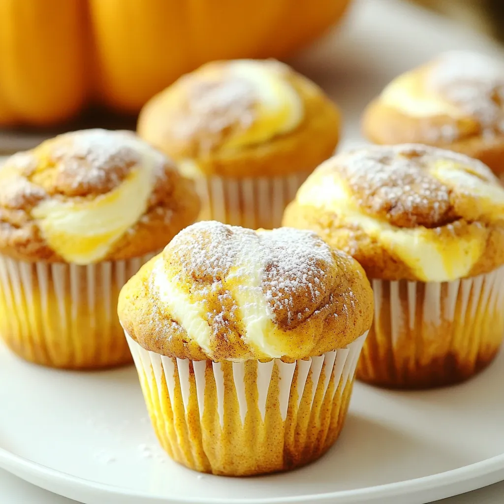 To make Pumpkin Cheesecake Swirl Muffins, gather these key ingredients. They create a rich, flavorful treat. - 1 cup all-purpose flour - 1 teaspoon baking powder - 1 teaspoon baking soda - 1 teaspoon pumpkin pie spice - ½ teaspoon salt - 1 cup canned pumpkin puree - ½ cup granulated sugar - ½ cup brown sugar, packed - ½ cup vegetable oil - 2 large eggs - 1 teaspoon vanilla extract - 4 ounces cream cheese, softened - 1 large egg (for cheesecake swirl) - ¼ cup powdered sugar (for cheesecake swirl) - 1 teaspoon vanilla extract (for cheesecake swirl) These ingredients combine to create muffins with a warm pumpkin flavor and a creamy cheesecake twist. The canned pumpkin puree adds moisture and depth. The blend of sugars gives a lovely sweetness. Don't forget the spices! They bring warmth and a hint of autumn to every bite. The cream cheese adds smoothness to the swirl. Using fresh, quality ingredients makes a big difference in taste. For best results, use room temperature eggs and cream cheese. This helps them mix well. Each ingredient plays a role in creating this delightful treat. Enjoy the process of gathering and preparing these ingredients. They will help you bake something truly special! First, you need to preheat your oven to 350°F (175°C). This step is key for baking the muffins evenly. While the oven warms up, prepare your muffin tin. You can use paper liners or a non-stick spray to keep the muffins from sticking. Next, sift together your dry ingredients. In a medium bowl, mix the all-purpose flour, baking powder, baking soda, pumpkin pie spice, and salt. Sifting helps to aerate the flour and ensures your muffins rise well. In a larger bowl, combine the wet ingredients. Add the canned pumpkin puree, granulated sugar, brown sugar, vegetable oil, two large eggs, and one teaspoon of vanilla extract. Mix until the batter is smooth. This step adds moisture and flavor to your muffins. Now, it’s time to combine the mixtures. Gradually add the dry ingredients to the wet pumpkin mix. Stir gently until just combined. Be careful not to overmix, as this can make your muffins tough and dense. For the cheesecake swirl, beat the softened cream cheese in a separate bowl. Use an electric mixer to make it creamy. Then, add one egg, powdered sugar, and one teaspoon of vanilla extract. Mix until you have a smooth and fluffy batter. To fill the muffin liners, spoon the pumpkin batter halfway up each liner. Then, add dollops of the cheesecake batter on top. With a toothpick or skewer, create a swirl by gently mixing the two batters. This gives your muffins a beautiful marbled look. Now, place the muffin tin in the preheated oven and bake for 20 to 25 minutes. Check doneness by inserting a toothpick into the center. If it comes out clean, your muffins are ready! After baking, let them cool in the pan for five minutes before transferring them to a wire rack. This allows them to cool completely and helps keep them fluffy. To create the best pumpkin cheesecake swirl muffins, avoid overmixing the batter. If you stir too much, the muffins can turn out tough. Mix just until you see no dry flour. Also, use room temperature ingredients. This helps everything blend smoothly, giving you a light and fluffy muffin. For a lovely finish, dust the muffins with powdered sugar and a sprinkle of cinnamon. This not only adds sweetness but also enhances the autumn vibe. You can place small decorative pumpkins around the muffins for a charming display. This makes your treats look even more inviting! These muffins pair great with coffee or a warm drink. The rich flavors complement each other perfectly. To store the muffins, keep them in an airtight container. They stay fresh for three days at room temperature. If you want to enjoy them later, you can freeze them. Just warm them in the oven when you're ready to eat! {{image_4}} You can make these muffins even more fun! Try adding chocolate chips or nuts. These add crunch and depth. Chocolate pairs well with pumpkin. Nuts give a nice texture. You can also switch up the spices. Instead of pumpkin pie spice, try cinnamon or nutmeg. Use almond or maple extract for a unique twist. Each change gives a new flavor to your muffins. If you need gluten-free muffins, swap the all-purpose flour with a gluten-free blend. Make sure the blend has a binding agent, like xanthan gum. This keeps the muffins from being too crumbly. For vegan muffins, use flax eggs instead of regular eggs. Mix one tablespoon of flaxseed meal with three tablespoons of water. Let it sit until it thickens. You can also replace cream cheese with a vegan cream cheese. These changes keep the muffins tasty while fitting your diet. To keep your pumpkin cheesecake swirl muffins fresh, store them in an airtight container. This helps prevent moisture from getting in. If you leave them out, they can last about two days at room temperature. In the fridge, they stay good for up to a week. Make sure to keep them covered to avoid drying out. Freezing is a great way to enjoy muffins later. First, let them cool completely. Then, wrap each muffin in plastic wrap. Place the wrapped muffins in a freezer bag or container. Label it with the date for easy tracking. Muffins can freeze well for up to three months. When you’re ready to eat one, thaw it in the fridge overnight or warm it in the microwave. Enjoy your treat anytime! You can use fresh pumpkin puree instead. Cook and mash a small pumpkin until smooth. You can also use butternut squash puree for a similar flavor. Both options work well in this recipe. Check the muffins with a toothpick. Insert it into the center of one muffin. If it comes out clean, the muffins are ready. They should also feel firm to the touch. Yes, you can prepare the batter a day in advance. Store it in the fridge until you are ready to bake. Just remember to stir it gently before filling the muffin tin. If the cheesecake mix is too runny, add more powdered sugar. This will help thicken the mixture. You can also chill it in the fridge for a bit before swirling it into the muffins. You can create delicious pumpkin cheesecake muffins with simple steps and fresh ingredients. Start by mixing your dry and wet components carefully, then swirl in the cheesecake mix for a tasty blend. Remember to avoid overmixing for the best texture. You can customize with add-ins like chocolate chips or nuts. Store them right to keep them fresh, and feel free to freeze extras for later. Enjoy these treats with coffee and share them with friends for a cozy snack!