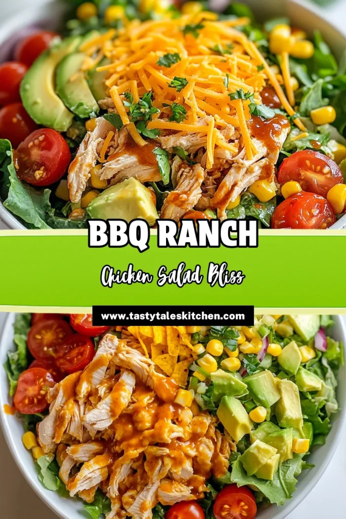 Savor the flavor of this BBQ Ranch Chicken Salad, a perfect blend of healthy ingredients and rich taste. This easy chicken salad recipe combines shredded chicken, fresh greens, cherry tomatoes, and creamy ranch dressing topped with tangy BBQ sauce. It's a healthy BBQ salad that’s great for any occasion. Discover how to prepare this delightful dish in just 15 minutes! Pin now and enjoy! #BBQRanchChickenSalad #ChickenSaladRecipe #HealthyBBQSalad #EasyChickenSalad