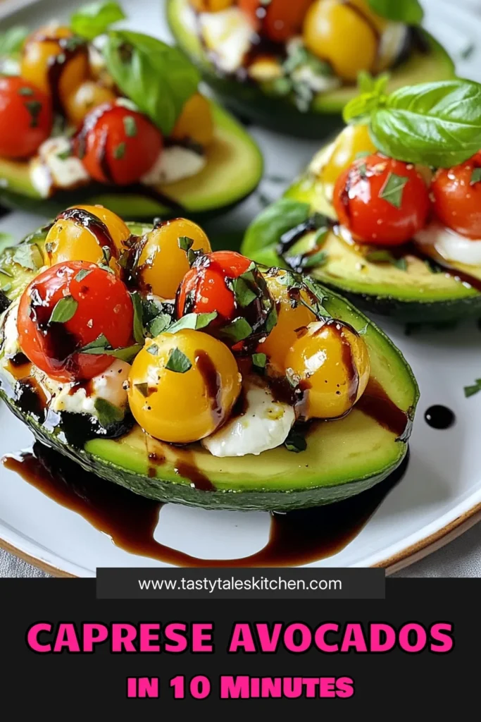Looking for a fresh and delicious appetizer? Try these Caprese stuffed avocados! This avocado salad recipe combines ripe avocados with cherry tomatoes, fresh mozzarella, and basil drizzled with balsamic glaze for a delightful twist. Perfect as healthy avocado appetizers, these bites are quick to prepare and bursting with flavor. Ideal for gatherings or a light meal, save this recipe now! #CapreseStuffedAvocados #AvocadoSaladRecipe #HealthyAppetizers #BalsamicGlazeRecipes