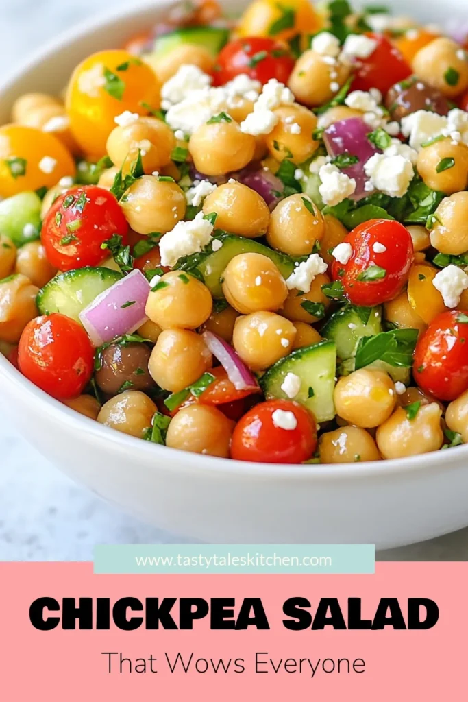 Discover the refreshing Mediterranean Chickpea Salad, a perfect blend of flavors and textures! This healthy chickpea recipe is not only easy to make but also packed with nutrition. Enjoy this vegetarian salad recipe with feta cheese for a delightful twist. Whether you're meal prepping or entertaining, this chickpea salad will impress. Try it today and elevate your salad game! Save this recipe and share the love. #MediterraneanChickpeaSalad #HealthyChickpeaRecipes #EasyMediterraneanSalad #VegetarianSaladRecipe