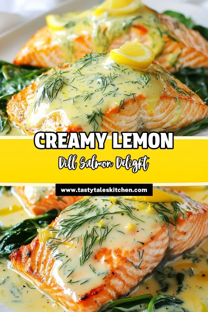 Discover the delightful Creamy Lemon Dill Salmon, a healthy salmon dish that’s quick and easy to make! This baked salmon recipe features a luscious lemon dill sauce for salmon, perfectly baked in the oven with cream. Enjoy tender, flaky salmon topped with a vibrant sauce that elevates your meals. Perfect for weeknight dinners or entertaining guests. Try this recipe and savor the flavors! Save it for later! #CreamyLemonDillSalmon #HealthyRecipes #BakedSalmon #OvenBakedSalmon