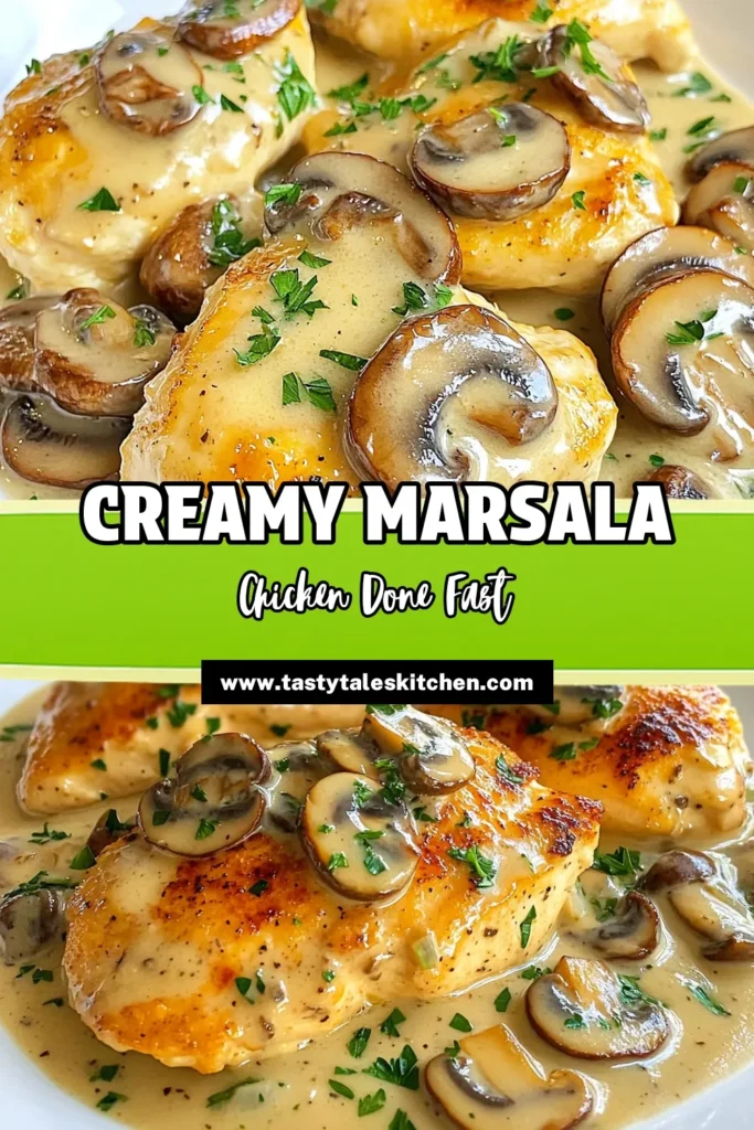 Looking for an easy chicken dinner recipe? Try this creamy mushroom chicken recipe featuring succulent chicken breasts sautéed with mushrooms, onions, and garlic in a rich Marsala sauce with cream. Perfect for weeknight dinner ideas, this delectable Marsala chicken with cream is sure to impress. Discover how to make this mouthwatering dish in just 30 minutes! Save this recipe now! #CreamyMushroomChicken #EasyChickenDinner #WeeknightDinnerIdeas #MarsalaChickenWithCream