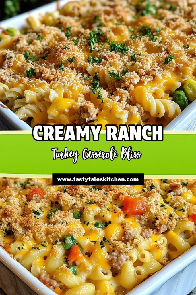 Savor the deliciousness of a Creamy Ranch Turkey Casserole that your family will love! This Ground Turkey Casserole Recipe combines creamy ranch dressing, tender pasta, and cheesy goodness for the ultimate Easy Casserole with Ranch Dressing. Perfect for busy weeknights, this Cheesy Turkey Pasta Bake is a family-friendly casserole dinner that will have everyone asking for seconds. Try it tonight and enjoy a comforting meal together! #CasseroleRecipes #GroundTurkey #EasyDinner #FamilyMeals