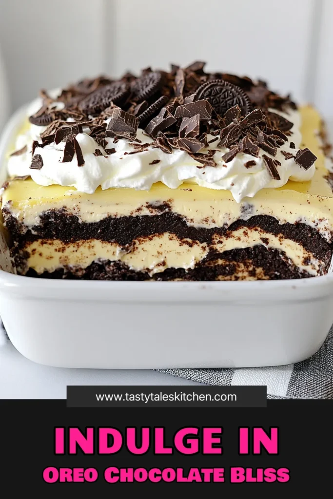 Indulge in this delectable Chocolate Oreo Lasagna, the perfect no-bake dessert recipe for chocolate lovers! With layers of creamy chocolate and luscious Oreo flavor, this easy chocolate lasagna recipe will delight your taste buds. Great for gatherings, it's a must-try in your collection of decadent chocolate desserts and Oreo dessert recipes. Click to discover the step-by-step recipe and save this irresistible treat! #ChocolateOreoLasagna #NoBakeDesserts #DecadentChocolate #OreoDessertRecipes
