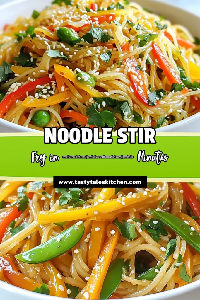 Looking for a healthy Asian noodle dish? Try this Sesame Ginger Noodle Stir Fry! This quick rice noodle recipe is packed with colorful veggies like bell peppers and snap peas, making it an easy vegetable stir fry that's gluten-free too. Ready in just 20 minutes, it’s perfect for busy weeknights. Don’t miss out on the deliciousness—save this easy stir fry recipe for later! #SesameGingerNoodles #QuickDinner #HealthyEating #GlutenFreeRecipes