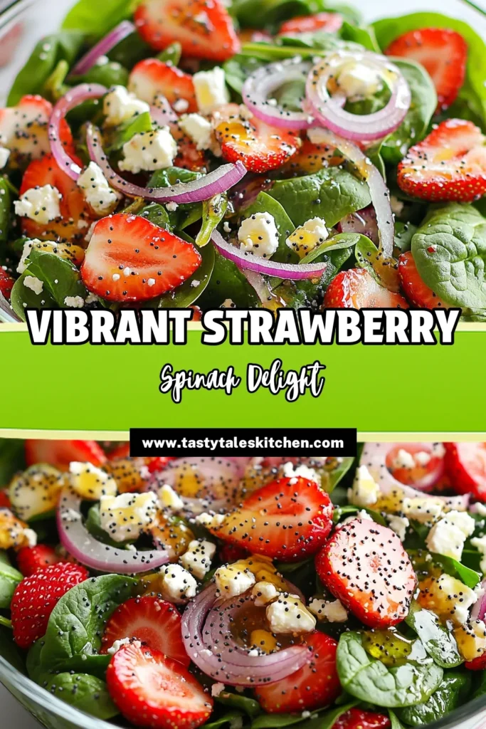 Elevate your meal with this refreshing Strawberry Spinach Poppy Seed Salad! Packed with fresh spinach, ripe strawberries, and creamy feta cheese, this healthy strawberry salad is a delightful combination of flavors and textures. Perfect as a light lunch or a vibrant side dish, this poppy seed salad recipe is sure to impress. Ready in just 15 minutes, make it today! Don't forget to save this recipe for your next gathering! #StrawberrySpinachSalad #HealthyRecipes #PoppySeedSalad #FreshSalad