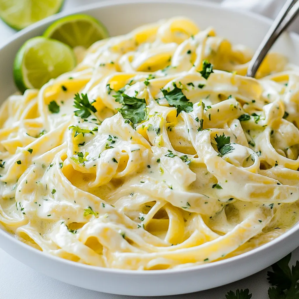 - 12 oz (340g) fettuccine or linguine - 1 cup heavy cream - ½ cup grated Parmesan cheese - ¼ cup fresh cilantro, finely chopped - 2 tablespoons fresh lime juice (about 1 medium lime) - 1 clove garlic, minced - 1 tablespoon olive oil - Salt and freshly ground pepper to taste - Extra cilantro leaves and lime slices for garnish When you gather your ingredients, focus on freshness. Fresh cilantro brings a bright taste, while lime adds a zesty kick. Heavy cream and Parmesan cheese make the dish rich and creamy. You can use fettuccine or linguine based on your preference. Both types work great with the sauce. Make sure to have all your ingredients prepped before starting. Chop the cilantro finely, zest the lime, and mince the garlic. This step saves time and keeps the flow smooth as you cook. Always taste your sauce before serving. Adjust the seasoning to fit your taste. A pinch of salt and pepper can elevate the flavors. Remember, the garnish is not just for looks. Extra cilantro and lime slices add freshness and color to your dish. Enjoy the process of creating this delightful meal! {{ingredient_image_2}} 1. Start by bringing a large pot of salted water to a rapid boil. This step is key for flavor. 2. Add 12 oz of fettuccine or linguine. Cook it until al dente, which means firm to the bite. 3. Before draining, reserve about 1 cup of the pasta cooking water. This water helps make the sauce creamy. Drain the pasta and set it aside in the pot. 1. In a large skillet, heat 1 tablespoon of olive oil over medium-low heat. Wait until it’s hot. 2. Add 1 clove of minced garlic. Sauté it for about 1 minute. It should smell fragrant but not burnt. 1. Slowly pour in 1 cup of heavy cream. Stir it constantly to mix well. 2. Bring the mixture to a gentle simmer. Then, add ½ cup of grated Parmesan cheese. Stir until it melts and thickens the sauce. 3. Mix in 2 tablespoons of fresh lime juice, the zest of 1 lime, and ¼ cup of finely chopped cilantro. Add salt and pepper to taste. If it's too thick, add some reserved pasta water. 1. Add the drained pasta into the skillet. Toss gently to coat each strand with sauce. 2. Let it cook on low heat for an extra 2-3 minutes. This melds the flavors well. 1. Plate the creamy cilantro lime pasta in serving bowls. Make sure it looks generous and inviting. 2. Garnish with extra cilantro leaves and lime slices. This adds color and freshness. - Importance of Reserved Pasta Water: Always save some pasta water before draining. This starchy water helps bind the sauce to the pasta, creating a silky texture. It also adds flavor and moisture. - Slow Incorporation of Ingredients: When you add cream to the garlic, do it slowly. Stir as you pour to blend well. This step is key for a smooth sauce. Adding cheese should be gradual, too. This helps it melt evenly without clumping. - Tips for Adjusting Flavor Intensity: Start with less lime juice and cilantro. You can always add more if needed. Taste as you go. This way, you can find your perfect balance. - Avoiding Overpowering Cilantro: Cilantro can be strong. If you’re unsure, use half the amount at first. You can always add more later. This keeps the lime flavor bright and fresh without being lost. - Monitoring Sauce Thickness: Keep an eye on your sauce as it cooks. If it gets too thick, add more reserved pasta water. This will keep it creamy and easy to mix with the pasta. - Ideal Cooking Temperatures: Use medium-low heat when cooking your sauce. This prevents burning and allows the flavors to meld. A gentle simmer is best for creamy sauces, so adjust your heat as needed. Pro Tips Perfect Pasta Texture: Cook the pasta until al dente to ensure it retains a slight bite, which helps it hold up against the creamy sauce. Fresh Ingredients Matter: Use fresh cilantro and lime for the best flavor. Dried herbs will not provide the same vibrant taste. Customize Your Creaminess: Adjust the thickness of the sauce by adding reserved pasta water gradually until you reach the desired creamy consistency. Garnish for Appeal: Enhance the presentation by garnishing with extra cilantro leaves and lime slices, which add color and freshness to the dish. {{image_4}} You can boost your creamy cilantro lime pasta with protein. - Grilled Chicken: Grilled chicken adds a nice flavor and texture. Simply slice it and toss it in with the pasta. It pairs well with the creamy sauce and lime. - Shrimp or Prawns: Shrimp or prawns work great too. Cook them in the skillet before adding the sauce. Their light taste complements the dish. Just sauté them until they turn pink, then mix them in. If you prefer a vegetarian option, there are tasty ways to make it work. - Adding Vegetables: You can add vegetables like bell peppers or zucchini. Sauté them briefly before adding the sauce. This adds color and crunch. - Using Vegan Cream Alternatives: For a vegan twist, use coconut cream or cashew cream instead of heavy cream. It gives a nice richness without dairy. To take the flavors up a notch, think about adding a few extras. - Incorporating Spices: Add chili flakes for a bit of heat. Just a pinch can make a big difference. Mix it in when you add the lime juice for a kick. - Adding Extra Cheese Varieties: You can try different cheeses too. Feta or goat cheese crumbles can add a nice tangy flavor. Just sprinkle some on top before serving. To keep your creamy cilantro lime pasta fresh, store it right. Place the leftovers in an airtight container. This helps keep moisture in and air out. Make sure to cool the pasta to room temperature before sealing it. This way, it stays tasty for longer. You can reheat your pasta in two ways: microwave or stovetop. For the microwave, place the pasta in a bowl and cover it. Heat it in short bursts, stirring in between to warm evenly. If you prefer the stovetop, add the pasta to a pan with a splash of water. Heat it on low, stirring gently. To restore the creaminess, add a bit more heavy cream or reserved pasta water. This helps bring back the smooth texture you love. In the fridge, your creamy cilantro lime pasta lasts for about 3 to 4 days. If you want to keep it longer, consider freezing it. Make sure to freeze in a safe, airtight container. When frozen, it can last for about 2 months. Just remember to thaw it overnight in the fridge before reheating. Enjoy your delicious pasta again soon! Fettuccine and linguine work best for this sauce. Both types are flat and hold the creamy sauce well. You can also try spaghetti or penne if you prefer. These shapes are great at catching all the flavors. Yes, you can prep parts of this dish ahead. Cook the pasta and store it in the fridge. Make the sauce and keep it separate. This helps keep the pasta from soaking up too much sauce. When ready to serve, just heat the sauce and mix it with the pasta. To add heat, try using red pepper flakes or diced jalapeños. You can also use a spicy chili sauce for a kick. Just add these ingredients to the sauce while it's cooking. Start with a little and taste as you go. Make it as spicy as you like! Absolutely! This recipe is great for meal prep. Portion it into containers for easy lunches. Store the pasta and sauce separately to keep everything fresh. It lasts about 3-4 days in the fridge. Just reheat when you're ready to enjoy. This dish blends creamy sauce with fresh flavors. We covered key ingredients like fettuccine, heavy cream, and cilantro. Following step-by-step instructions ensures a tasty meal. Tips helped you achieve the perfect texture and flavor balance. You can add proteins or veggies for variety. Storing and reheating leftovers keeps your dish fresh. Enjoy experimenting to make this recipe your own, and relish the delightful flavors it brings!