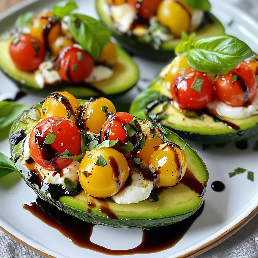 To make Caprese stuffed avocados, gather these fresh ingredients: - 2 ripe avocados - 1 cup cherry tomatoes, halved - 1 cup fresh mozzarella balls, either halved or diced - ¼ cup fresh basil leaves, finely chopped - 2 tablespoons balsamic glaze - 1 tablespoon extra virgin olive oil - Salt and black pepper to taste When choosing avocados, look for ones that yield slightly to gentle pressure. The skin should be dark green or black. Avoid any avocados with large dents or dark spots. For cherry tomatoes, pick ones that are firm and bright. They should have a nice shine. Fresh basil leaves should be vibrant green and fragrant. Look for leaves without brown spots or wilting. Freshness is key for a great taste. For this dish, fresh mozzarella is a must. It adds a creamy touch. You can use mozzarella balls or diced pieces. If you want to try something different, consider burrata. It has a rich, creamy center that will impress. Feta cheese is another option, offering a tangy flavor. Just remember, the cheese should pair well with the fresh produce for the best taste. {{ingredient_image_2}} To start, grab two ripe avocados. Cut each avocado in half lengthwise. Make sure to slice carefully. Remove the pit from each half. If needed, scoop out a tiny bit of the flesh. This step gives you more space for the filling. Set the avocado halves aside on a plate. Next, take a medium mixing bowl. Add one cup of halved cherry tomatoes. Then, add one cup of fresh mozzarella balls. You can either halve or dice them. Now, chop ¼ cup of fresh basil leaves finely. Toss the basil into the bowl with the other ingredients. Now, drizzle two tablespoons of balsamic glaze over the mixture. Then, add one tablespoon of extra virgin olive oil. Sprinkle salt and black pepper to taste. Gently toss everything together. Ensure each ingredient gets coated in the flavors. Now it's time to fill the avocados. Use a spoon to take the Caprese mixture. Carefully fill each avocado half. Make sure to pack in the filling well. This helps create a beautiful presentation. For a final touch, drizzle a bit more balsamic glaze on top. You can also add whole basil leaves for color. Serve the stuffed avocados on a bright plate. This will make your dish look even more inviting! To pick the best avocados, look for ones that feel slightly soft. Press gently; it should yield a bit under your fingers. Dark green to black skin often means it’s ripe. Avoid hard avocados, as they need more time to ripen. If you find unripe ones, store them at room temperature. They should ripen in a few days. Once ripe, store them in the fridge if you’re not using them right away. Adding flavor is key to making your Caprese stuffed avocados shine. Use fresh herbs like basil for a bright taste. A pinch of salt brings out the flavors in your ingredients. Black pepper adds a nice kick. Drizzling more balsamic glaze on top gives a sweet and tangy touch. Don’t be afraid to adjust the seasonings to match your taste. Experiment with garlic powder or red pepper flakes for an extra boost. A beautiful presentation makes your dish more appealing. Serve the stuffed avocados on a bright plate to catch the eye. Scatter fresh basil leaves around them for color. Drizzle some extra balsamic glaze in a zigzag pattern across the plate. This adds a fancy touch and highlights the flavors. Use a spoon to serve, making it easy for guests to dig in. The goal is to make your dish look as good as it tastes! Pro Tips Choose the Right Avocados: Select avocados that are ripe but still firm to the touch. This ensures they will hold their shape and not turn mushy when filled. Fresh Ingredients Matter: Use the freshest mozzarella and basil possible for maximum flavor. Fresh ingredients can elevate this dish from good to extraordinary. Customizable Fillings: Feel free to add other ingredients such as diced red onion, olives, or even a sprinkle of chili flakes for a spicy kick, making the dish your own. Perfect Presentation: To impress, serve the stuffed avocados on a colorful platter and drizzle with balsamic glaze in an artistic pattern for an eye-catching display. {{image_4}} You can swap mozzarella for other cheeses. Burrata is creamy and delicious. Feta adds a salty kick. Goat cheese brings a tangy twist. Each cheese gives a new taste to your dish. Choose what you like best! While balsamic glaze is great, you can try other dressings. A squeeze of lemon juice can brighten flavors. Pesto adds a fresh, herby note. For a spicy touch, drizzle some hot sauce. Each option brings something special to your stuffed avocados! If you want more protein, add cooked chicken or shrimp. Grilled chicken works well with the fresh flavors. Shrimp pairs nicely with the creamy avocado. You can also use chickpeas for a plant-based option. Each choice makes a filling meal! Store any leftover Caprese stuffed avocados in an airtight container. This keeps them fresh. You can also squeeze a little lemon juice on top. This helps slow browning. Place them in the fridge. They will stay good for about a day. If you notice browning, just scoop off the top layer. The filling will taste great. To keep avocados fresh longer, choose ripe ones. A ripe avocado feels slightly soft when you press it. If you have unripe avocados, leave them at room temperature. They will ripen in a few days. To slow down the ripening of ripe avocados, store them in the fridge. You can also place cut avocado halves in water. This prevents oxidation and keeps them green longer. Caprese stuffed avocados are best eaten fresh. However, if you need to reheat, do it gently. Use low heat in a pan. Avoid the microwave, as it can make the avocado mushy. If you want to warm the filling, take it out and heat it separately. Then, stuff the avocado again before serving. This keeps the taste fresh and enjoyable. Yes, you can prep the filling ahead. Mix the tomatoes, mozzarella, and basil. Store this mix in the fridge. However, cut avocados brown quickly. To avoid this, fill them just before serving. If you must, sprinkle lemon juice on the cut sides to slow browning. Caprese stuffed avocados shine on their own. Pair them with a light salad or grilled chicken. Serve with crusty bread for a fun dip. You can also enjoy them with a refreshing drink, like iced tea or lemonade. Absolutely! For a vegan twist, swap mozzarella for vegan cheese. You can use marinated tofu or chickpeas as a protein boost. The flavors from tomatoes and basil still shine bright. This keeps the dish fresh and tasty without any animal products. Caprese stuffed avocados are simple and tasty. We explored ingredients, from fresh produce to cheese options. I shared how to prepare, mix, and assemble your dish. I offered tips on choosing ripe avocados and enhancing flavors. Variations help you customize your meal, whether adding protein or trying different dressings. Lastly, I discussed storage and answered common questions. Enjoy making this healthy meal that is fun to share!