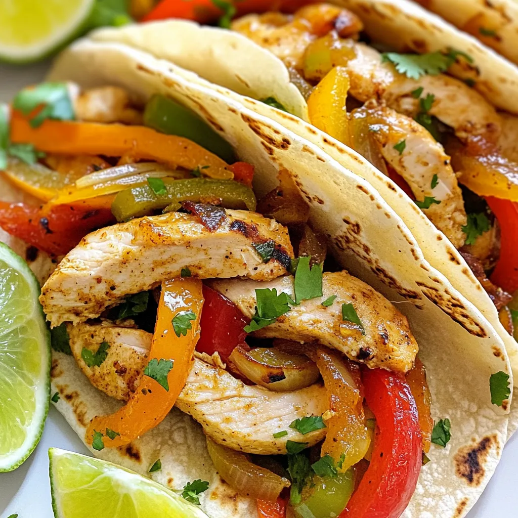 - 1 pound boneless, skinless chicken breasts, sliced into thin strips - 1 red bell pepper, sliced into thin strips - 1 green bell pepper, sliced into thin strips - 1 medium onion, sliced into rings - Flour or corn tortillas, for serving - 2 tablespoons honey - 3 tablespoons fresh lime juice - 2 tablespoons olive oil - 1 teaspoon ground cumin - 1 teaspoon smoked paprika - 1 teaspoon garlic powder - Salt and freshly cracked pepper, to taste The marinade is the star here. It brings sweet and tangy flavors to the chicken. I use honey and lime juice for a tasty mix. Olive oil adds richness. The spices, like cumin and smoked paprika, make it all come together. They give the chicken a nice warmth and depth. - Fresh cilantro, chopped - Lime wedges, for serving Garnishes add color and freshness. Chopped cilantro brightens each bite. Lime wedges let you add a zesty kick. They enhance the flavor and make the dish more fun to eat. Serve these alongside your fajitas for the best experience. {{ingredient_image_2}} To make the marinade, start by grabbing a medium bowl. In the bowl, whisk together: - 2 tablespoons honey - 3 tablespoons fresh lime juice - 2 tablespoons olive oil - 1 teaspoon ground cumin - 1 teaspoon smoked paprika - 1 teaspoon garlic powder - A pinch of salt and pepper This mixture adds great flavor to your chicken. The honey gives it a sweet touch, while the lime juice brings a zesty flavor. Now, take 1 pound of boneless, skinless chicken breasts and slice them into thin strips. Place these strips into a resealable plastic bag or a shallow dish. Pour the marinade over the chicken. Make sure each piece is well-coated. Seal the bag tightly or cover the dish with plastic wrap. Refrigerate for at least 30 minutes. For even more flavor, marinate for up to 2 hours. Heat a large skillet or grill pan over medium-high heat. Add your sliced vegetables: - 1 red bell pepper, sliced - 1 green bell pepper, sliced - 1 medium onion, sliced into rings Sauté these for about 5 minutes. You want them to soften and caramelize. Once cooked, remove them from the pan and set aside. In the same hot pan, add the marinated chicken along with all the marinade. Cook for about 5-7 minutes. Stir frequently until the chicken turns fully cooked and no longer pink in the center. Return the sautéed bell peppers and onion to the pan with the chicken. Stir well to mix everything together. Heat through for an additional 1-2 minutes. Now, it's time to serve! Divide the chicken and veggie mix among warm tortillas. Top with fresh chopped cilantro and serve with lime wedges on the side. To boost flavor in your marinade, use fresh lime juice. The acidity of lime brightens the taste. Honey adds a sweet touch and helps balance the tartness. I like to mix in spices such as ground cumin and smoked paprika. These spices give the chicken a warm, rich flavor. Let your chicken marinate for at least 30 minutes, but longer is better. If you can, marinate for up to 2 hours. This gives the chicken time to soak up all the goodness. For juicy chicken, use boneless, skinless breasts. Slice them thinly so they cook evenly. Heat your pan before adding the chicken. A hot pan sears the chicken, locking in moisture. Cook the chicken for about 5-7 minutes. It's done when it is no longer pink. Stir it often to ensure even cooking. Always check the center to make sure it’s cooked all the way through. Caramelization happens when veggies cook slowly. Start by slicing your bell peppers and onions thin. Heat a large skillet over medium-high heat. Add a little olive oil to help them cook. Sauté for about 5 minutes until they soften. The key is to keep stirring so they don’t burn. You want them to turn golden brown, not black. This gives the fajitas a sweet and smoky flavor that pairs well with the chicken. Pro Tips Marination Magic: For the best flavor, marinate the chicken for at least 1 hour, but up to 2 hours will allow the flavors to penetrate even deeper. Veggie Variation: Feel free to add other vegetables such as zucchini or mushrooms for extra nutrition and flavor. Heat Control: Keep the heat on medium-high to achieve a nice sear on the chicken without overcooking it. Tortilla Tip: Warm your tortillas in a dry skillet or microwave for a few seconds before serving to enhance their flavor and pliability. {{image_4}} You can switch up the chicken in this recipe. Try using shrimp for a seafood twist. Shrimp cooks fast and adds a nice flavor. Lean beef also works great, adding a hearty touch. Just slice it thin and marinate like the chicken. For a lighter option, use turkey breast. It’s tasty and lower in fat. If you want a meat-free meal, use portobello mushrooms. These mushrooms have a meaty texture and soak up flavors well. You can also mix in beans, like black beans or pinto beans, for protein. Bell peppers and onions are key. Feel free to add zucchini or corn for extra flavor and color. You can change the flavor of your fajitas easily. For a spicy kick, add cayenne pepper or diced jalapeños to the marinade. If you like smoky flavors, try adding more smoked paprika. You can also use chipotle peppers for a nice heat and depth. For a sweeter option, add more honey or even some pineapple juice. This gives a fun twist to the dish. Store your Honey Lime Chicken Fajitas in an airtight container. Place the chicken and veggies together. If you have tortillas, keep them separate to avoid sogginess. Refrigerate leftovers within two hours of cooking. This helps keep your meal fresh and safe to eat later. Consume these within three to four days for the best taste. To reheat, use a skillet over medium heat. Add a splash of water or olive oil to keep the fajitas moist. Cook until heated through, stirring often. You can also use a microwave. Place the fajitas in a microwave-safe dish, cover with a damp paper towel, and heat for 1-2 minutes. Check to make sure they are hot all the way through. If you want to prepare in advance, freezing is a great option. Allow the fajitas to cool completely before freezing. Place them in a freezer-safe bag or container. Label it with the date. You can freeze them for up to three months. When ready to eat, thaw overnight in the fridge. Then, reheat as mentioned earlier for a tasty meal. You should marinate the chicken for at least 30 minutes. This lets the flavors soak in. For a richer taste, you can marinate it for up to 2 hours. Just place the chicken in a bag with the marinade. This method ensures each piece is well-coated. If you have time, the longer it marinates, the more tasty it becomes. Yes, you can use a grill instead of a skillet. Grilling adds a nice smoky flavor to the chicken. Preheat your grill to medium-high heat. Cook the marinated chicken strips for about 5 to 7 minutes per side. Keep an eye on them to avoid overcooking. You’ll still get that juicy, flavorful meal everyone loves. Honey Lime Chicken Fajitas pair well with many sides. Here are some tasty options: - Spanish rice - Black beans - Guacamole - Salsa - Corn on the cob These sides add color and flavor to your meal. You can also serve extra lime wedges and chopped cilantro for garnish. This way, everyone can customize their fajitas. This blog post guides you through making Honey Lime Chicken Fajitas. You learned about the key ingredients, marinade tips, and step-by-step cooking methods. We explored variations like vegetarian options and different proteins. I shared tips for flavor and proper storage. Fajitas offer fun and tasty meals for everyone. Keep experimenting with flavors and techniques to find your favorites. Enjoy your cooking journey!
