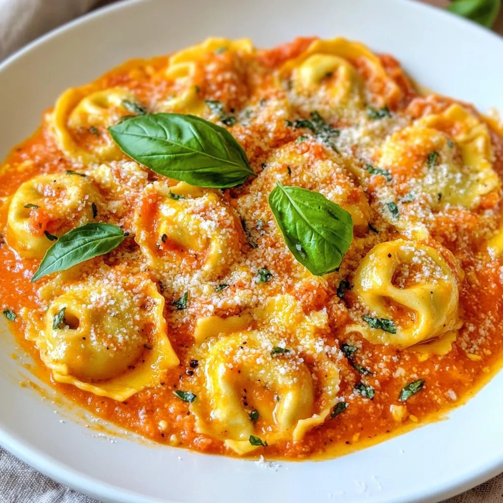 To make this creamy dish, you will need the following main ingredients: - 12 oz cheese tortellini - 2 tablespoons extra virgin olive oil - 3 cloves garlic, finely minced - 1 can (15 oz) crushed tomatoes - 1 teaspoon granulated sugar - 1 teaspoon dried oregano - Salt and freshly ground pepper, to taste - 1 cup heavy cream - 1 cup fresh basil leaves, roughly chopped - ½ cup freshly grated Parmesan cheese These ingredients work together to create a rich and tasty meal. To take your dish up a notch, consider these optional ingredients: - Fresh basil leaves for garnish - Red pepper flakes for heat - Spinach for extra greens - A splash of white wine for depth These extras can enhance the flavors and add a personal touch to your meal. If you can't find some ingredients, here are some easy swaps: - Use spinach or ricotta tortellini instead of cheese tortellini. - Swap heavy cream for half-and-half for a lighter option. - Use canned diced tomatoes if crushed tomatoes are not available. - Replace fresh basil with dried basil in a pinch (use less, as it's stronger). These substitutions can help you make this dish with what you have at home. {{ingredient_image_2}} Start by bringing a large pot of salted water to a boil. This is key for flavor. Once the water is bubbling, add 12 ounces of cheese tortellini. Cook it according to the package instructions until it is al dente. This usually takes about 3 to 5 minutes. Once done, drain the tortellini in a colander and set it aside. In the same pot, lower the heat to medium. Pour in 2 tablespoons of extra virgin olive oil. Wait until the oil is hot, then add 3 cloves of finely minced garlic. Sauté the garlic for about 1 minute, stirring it so it doesn’t burn. You want it fragrant, not brown. Next, add a 15-ounce can of crushed tomatoes, 1 teaspoon of granulated sugar, and 1 teaspoon of dried oregano. Stir well and let this simmer for 5 to 7 minutes. This helps the flavors blend nicely. Season with salt and freshly ground pepper to taste. Now, reduce the heat to low. Carefully pour in 1 cup of heavy cream. Stir gently until the cream mixes well with the sauce. This is where the magic happens! The sauce becomes creamy and rich. Next, fold in 1 cup of roughly chopped fresh basil leaves and ½ cup of freshly grated Parmesan cheese. Stir until the cheese melts and the sauce thickens a bit. Finally, add the drained tortellini and gently fold it into the creamy sauce until well coated. Let everything simmer for an additional 2 to 3 minutes. Taste and adjust the seasoning if needed. Enjoy your meal! To cook tortellini just right, follow these simple steps. First, bring a large pot of salted water to a boil. Use enough water to allow the tortellini to move freely. Add the tortellini and stir gently to prevent sticking. Cook according to the package instructions, usually about 3-5 minutes. Always check for al dente, which means it should be firm yet tender. Once done, drain the tortellini and set them aside. This method keeps the tortellini light and fluffy. One common mistake is overcooking the tortellini. This makes them mushy. Always time your cooking and taste them as they cook. Another mistake is not using enough salt in the water. Salt enhances the tortellini's flavor. Finally, avoid rushing the sauce. Letting the sauce simmer melds the flavors. This step is key for a rich taste. To boost flavor, add seasonings at different stages. When cooking the sauce, add salt and pepper gradually. This allows you to adjust the taste as you go. A pinch of sugar balances the acidity of the tomatoes. Fresh basil adds a bright finish. Don't skip the grated Parmesan; it adds depth and creaminess. Try some red pepper flakes for a kick if you like heat. Experimenting with seasonings can transform your dish into something special. Pro Tips Perfect Tortellini: Always cook the tortellini in salted water to enhance their flavor. Make sure to follow the package instructions for the best texture. Fresh Basil Boost: Add the fresh basil at the end of cooking to retain its vibrant color and fresh flavor, enhancing the overall dish. Rich Sauce Tip: For an even creamier sauce, consider adding a bit of cream cheese or mascarpone along with the heavy cream for extra richness. Season to Taste: Don’t forget to taste your sauce before serving! Adjust the seasoning with more salt, pepper, or even a pinch of red pepper flakes for some heat. {{image_4}} You can easily make this dish vegetarian. Instead of cheese tortellini, use spinach tortellini. This adds nice flavor and color. You can also add mushrooms or zucchini. They add texture and taste. Just sauté them with the garlic. It makes a hearty meal without meat. If you want to add protein, chicken or shrimp works well. For chicken, use cooked, shredded chicken. Stir it in when you add the cream. For shrimp, cook them in the olive oil before adding the garlic. They cook fast and add great flavor. Both options turn this dish into a filling meal. To make this dish gluten-free, choose gluten-free tortellini. Many brands offer tasty options made from rice or corn. Just follow the package instructions for cooking time. You can also use gluten-free pasta in other shapes. The sauce remains the same and is naturally gluten-free. Enjoy this creamy delight without worry! To store your creamy tomato basil tortellini, let it cool down first. Once cool, place it in an airtight container. This will keep it fresh for up to three days in the fridge. Make sure to label the container with the date you stored it. This helps you keep track of freshness. When you are ready to eat the leftovers, you have a few options to reheat. You can use the microwave, which is quick and easy. Just place a portion in a bowl and cover it. Heat in short bursts, stirring in between to warm evenly. You can also reheat on the stove. Place the tortellini in a pan over low heat. Stir gently until it’s heated through. This method keeps the sauce creamy and delicious. If you want to freeze the dish, do it right after cooking. Let the tortellini cool completely. Then, portion it into freezer-safe bags or containers. Remove as much air as possible before sealing. You can freeze it for up to three months. When you want to eat it, thaw in the fridge overnight. Reheat using one of the methods above. Yes, you can use frozen tortellini. Just cook it according to the package directions. Frozen tortellini cooks quickly. It can taste just as good as fresh. You may need to add a few extra minutes to the cooking time. Check if it’s tender before draining. Many sides pair well with tortellini. Here are a few ideas: - Garlic bread for a crunchy delight. - A simple green salad with vinaigrette. - Roasted vegetables for a healthy option. - Steamed broccoli for added color and nutrients. These sides balance the creamy sauce and add freshness to your meal. To lighten up this dish, you can make a few simple swaps: - Use half-and-half instead of heavy cream. - Choose a lower-fat cheese or reduce the amount of cheese. - Add more vegetables, like spinach or zucchini, to the sauce. - Serve with a side salad instead of bread. These changes keep the flavor while cutting calories. You still enjoy a delicious meal without the heaviness. This blog post covered everything you need for creamy tomato basil tortellini. We discussed the main and optional ingredients. You learned step-by-step cooking methods and tips for perfecting your dish. We explored tasty variations and how to store leftovers. In conclusion, this recipe is simple and flexible. You can make it your own with easy swaps or add-ins. Enjoy your meal and share it with friends!