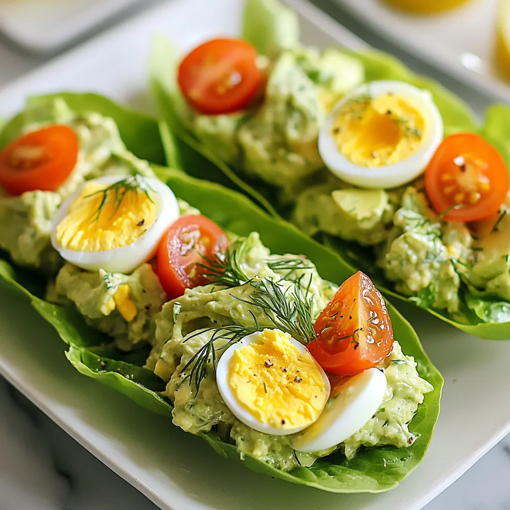 - 4 large eggs, hard-boiled and peeled - 1 ripe avocado - 2 tablespoons Greek yogurt - 1 tablespoon Dijon mustard - 1 tablespoon fresh lemon juice - 1 tablespoon fresh dill, finely chopped - Salt and freshly ground black pepper, to taste - 1 head of romaine lettuce, leaves carefully separated - Cherry tomatoes, halved (for garnish) If you need a swap, you can use mayonnaise instead of Greek yogurt. This will add creaminess. For a zesty touch, swap Dijon mustard with yellow mustard. If you don’t have fresh dill, dried dill works too, just use less. Each serving contains about 200 calories. This dish is high in protein and healthy fats. The eggs provide protein, while the avocado adds good fats and fiber. The Greek yogurt boosts the protein even more. Plus, the dish is low in carbs, making it a healthy choice for many diets. {{ingredient_image_2}} Start by hard-boiling four large eggs. Cool them down in ice water. Once cool, peel the eggs and chop them into small pieces. Place these pieces in a medium bowl. Next, take one ripe avocado. Cut it in half, remove the pit, and scoop the green flesh into the bowl with the eggs. Now, add two tablespoons of Greek yogurt into the bowl. This adds creaminess and flavor. Then, include one tablespoon of Dijon mustard for a tangy kick. Squeeze in one tablespoon of fresh lemon juice to brighten the dish. Add one tablespoon of fresh dill, chopped finely, for a burst of taste. Mix everything with a fork. Gently mash the avocado while blending it with the eggs. Keep some chunks for texture. Season with salt and black pepper to taste. Adjust the seasoning based on your preference. Take one head of romaine lettuce and carefully separate the leaves. Choose sturdy leaves for the wraps. Place a generous spoonful of the avocado egg salad in the center of a leaf. Fold the sides of the leaf over the filling, creating a wrap. If needed, use a toothpick to hold it together. Repeat this with the rest of the leaves and salad. Serve immediately, garnished with halved cherry tomatoes for a colorful touch. Enjoy your fresh and tasty avocado egg salad lettuce wraps! When picking an avocado, look for one that feels slightly soft. Gently press the skin with your thumb. If it gives a little, it’s ripe. Avoid avocados that feel too mushy or have dark spots. These signs mean the fruit may be overripe. You can buy hard avocados if you plan to use them later. Just let them sit on the counter for a few days. To keep your egg salad fresh, store it in an airtight container. This helps prevent it from drying out. Use it within two days for the best taste. If you want to prep ahead, store the salad mix and lettuce separately. This keeps the lettuce crisp. You can also add a splash of lemon juice to slow browning. Herbs and spices can boost your avocado egg salad. Fresh dill gives a nice touch, but you can try others too. Chives, parsley, or cilantro work well. For a bit of heat, add a pinch of cayenne pepper. You can also mix in some garlic powder for a savory kick. Just remember to taste as you go. Adjust the seasoning to suit your style. Pro Tips Use Fresh Eggs: For the best flavor and texture, use the freshest eggs possible. Fresh eggs tend to have a more vibrant yolk and better overall taste. Ripeness Matters: Ensure your avocado is perfectly ripe for a creamy and smooth texture. If it’s too firm, it won’t blend well with the eggs. Customize Your Herbs: Feel free to experiment with different herbs like chives or parsley instead of dill for a unique flavor profile. Make Ahead: You can prepare the egg salad filling in advance and store it in the refrigerator. Just assemble the wraps right before serving to keep the lettuce crisp. {{image_4}} You can boost your avocado egg salad by adding chicken or tuna. Both options make it heartier. Simply shred or chop cooked chicken and mix it in. For tuna, use canned tuna, drained well. This adds protein and flavor. You might want to adjust the seasoning. Taste as you mix to get it just right. If you want a vegan twist, try using chickpeas instead of eggs. Mash canned chickpeas with a fork. Add avocado and Greek yogurt alternatives like silken tofu or vegan mayo. This keeps the creamy texture. Season with lemon juice and dill for flavor. You can still enjoy the same great taste without eggs. Experiment with spices to change the flavor. For a spicy kick, add chopped jalapeños or a dash of hot sauce. If you like sweet, mix in diced apples or a bit of honey. For a smoky taste, try smoked paprika or chipotle powder. These small changes can create a new dish each time you make it. To keep your avocado egg salad fresh, store it in an airtight container. This prevents the salad from absorbing odors in your fridge. It's best to avoid letting it sit out at room temperature for long. If you have extra lettuce leaves, keep them separate. This keeps the lettuce crisp and fresh. When stored properly, avocado egg salad lasts up to three days in the fridge. After this time, the avocado may turn brown and the eggs can become less tasty. Always check for any off smells or changes in texture before eating leftovers. Freezing avocado egg salad is not recommended. The texture of the eggs and avocado changes when frozen. Instead, prepare smaller batches if you want to enjoy this dish later. You can make the salad fresh as needed to keep it at its best taste and texture. Yes, you can use other types of lettuce for wraps. Butter lettuce, green leaf, or even cabbage work well. Each type adds its own flavor and texture. Choose a sturdy leaf that holds the filling well. If you prefer a crunchier wrap, cabbage is a great choice. For a softer bite, butter lettuce is perfect. Yes, this recipe is great for meal prep! You can make the avocado egg salad ahead of time. Store it in an airtight container in the fridge. It will stay fresh for about three days. However, I suggest waiting to assemble the wraps until you're ready to eat. This keeps the lettuce crisp and prevents sogginess. These wraps pair well with many sides. Fresh fruit, like sliced apples or berries, adds a sweet touch. You can also serve them with crunchy veggie sticks, like carrots or cucumbers. For a heartier meal, consider a side of quinoa or a light soup. These options balance the flavors and make a complete meal. This blog post covered everything you need to make delicious avocado egg salad wraps. We discussed key ingredients, substitutions, and the nutritional value. You learned step-by-step instructions for preparing and mixing the ingredients, along with tips for freshness. We explored fun variations and storage options to keep your salad tasty longer. Remember, cooking should be enjoyable. Use these insights to create your own unique wraps. Happy cooking!