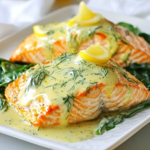 To create this Creamy Lemon Dill Salmon, you need a few simple ingredients. Each one plays a key role in making the dish flavorful and creamy. Here’s what you will need: - 4 salmon fillets (about 6 ounces each) - 1 tablespoon extra virgin olive oil - Sea salt and freshly ground black pepper, to taste - 1 cup heavy cream - 2 tablespoons fresh lemon juice (from about 1 lemon) - Zest of 1 lemon - 2 teaspoons fresh dill, finely chopped (or 1 teaspoon dried dill) - 2 cloves garlic, minced - 1 cup fresh spinach leaves, roughly chopped These ingredients work together to create a rich and tasty sauce. The salmon fillets are the star of the dish, while the cream adds depth. The lemon juice and zest brighten the flavors, making every bite fresh. Dill brings a hint of earthiness that pairs perfectly with the salmon. Garlic adds a savory note that rounds out the dish. Lastly, fresh spinach gives a pop of color and nutrition. With these ingredients in hand, you're ready to make a meal that impresses! {{ingredient_image_2}} 1. Preheat the oven Turn your oven to 375°F (190°C). This makes sure it is hot enough for cooking. 2. Season the salmon fillets Take four salmon fillets and sprinkle sea salt and black pepper on both sides. This adds flavor to the fish. 3. Sear the salmon Heat a large, oven-safe skillet over medium-high heat. Add one tablespoon of olive oil. Place the fillets skin-side down in the skillet. Cook for 4-5 minutes until the skin is crispy. 4. Prepare the creamy sauce Flip the salmon using a spatula and cook for 2 more minutes. Take the fillets out and set them aside. In the same skillet, add minced garlic and cook for one minute. Then, pour in one cup of heavy cream, two tablespoons of lemon juice, lemon zest, and two teaspoons of chopped dill. Mix well and let simmer for 2-3 minutes. 5. Incorporate spinach and salmon in the sauce Add one cup of chopped spinach to the sauce. Stir until it wilts. Return the salmon fillets to the skillet. Spoon the creamy sauce over the salmon to coat it nicely. 6. Bake the salmon Place the skillet in the preheated oven. Bake for 10-12 minutes until the salmon flakes easily with a fork. This simple method results in a delicious, creamy lemon dill salmon that is sure to impress. Enjoy the vibrant flavors as you serve it hot! - Choosing the right salmon fillets: Look for fresh, bright fillets. Wild-caught salmon often has great flavor and texture. Farmed salmon can be a good choice too but check for quality. - Cooking times for different thicknesses of salmon: A thick fillet (1 inch) needs about 12-15 minutes in the oven. A thinner fillet (¾ inch) cooks in 8-10 minutes. Always check for flakiness to know it's done. - How to achieve the best sear: Heat your skillet well before adding oil. Place the salmon skin-side down and avoid moving it. This helps you get that nice, crispy skin. - Substitute ingredients: If you want a different flavor, try using fresh basil or parsley instead of dill. They add a unique twist! - Adjusting creaminess and flavor profiles: For a lighter sauce, swap some heavy cream for chicken broth. You can also add more lemon for a tangier taste or a splash of white wine for depth. Pro Tips Perfectly Cooked Salmon: Ensure your salmon is at room temperature before cooking to achieve even cooking and avoid a cold center. Fresh Herbs Matter: Fresh dill elevates the dish with its vibrant flavor; if using dried dill, reduce the amount to avoid overpowering the sauce. Adjusting Creaminess: For a lighter version, substitute half of the heavy cream with Greek yogurt or low-fat sour cream, adding it at the end to maintain creaminess. Flavor Enhancements: Consider adding capers or a splash of white wine to the sauce for an extra layer of flavor that complements the lemon and dill beautifully. {{image_4}} - Using different types of fish Salmon shines in this dish, but you can try other fish, too. Cod or trout works well and brings a unique taste. Choose fish that cooks evenly and flakes easily. - Dairy-free alternatives for the creamy sauce If you need a dairy-free option, use coconut cream. It adds a nice richness. You can also try cashew cream for a smooth texture. Both options keep the sauce creamy without dairy. - Adding vegetables for a complete meal Vegetables make this dish even better. Add asparagus or zucchini for extra color and nutrients. You can roast or sauté them before mixing with the salmon. This way, you create a full meal on one plate. - Experimenting with spices Get creative with spices! Try adding paprika for a smoky flavor. Cumin can add earthy notes. A pinch of red pepper flakes gives a nice kick. Adjust these flavors to suit your taste. - Adding different citrus flavors Lemon is fantastic, but other citrus fruits can shine, too. Lime or orange juice can bring a fresh twist. They add a different sweetness and brightness to the sauce. Use zest from these fruits for an extra burst of flavor. To keep your Creamy Lemon Dill Salmon fresh, follow these tips: - Storing leftovers in the refrigerator: Use an airtight container to store leftover salmon. It stays good for 2-3 days in the fridge. Make sure to cool it down to room temperature before sealing. This helps keep the salmon moist and flavorful. - Freezing Creamy Lemon Dill Salmon: You can freeze this dish for up to 2 months. Wrap the salmon tightly in plastic wrap, then place it in a freezer bag. Remove as much air as possible to prevent freezer burn. When ready to eat, thaw it overnight in the fridge. To reheat your salmon without drying it out, consider these methods: - Oven method: Preheat your oven to 350°F (175°C). Place the salmon in a baking dish and cover it with foil. Heat for about 10-15 minutes. This keeps the fish moist and tender. - Stovetop method: Use a skillet on low heat. Add a splash of water or broth to the pan. Cover it and heat for about 5-7 minutes. The steam helps keep the salmon juicy. These simple steps will help you enjoy your Creamy Lemon Dill Salmon even after the first serving! Cooking salmon in the oven takes about 10 to 12 minutes. The exact time may vary based on the thickness of your fillets. You want to cook until the salmon flakes easily with a fork. This method makes the salmon tender and juicy. Always check the salmon a few minutes early to avoid overcooking. Yes, you can use frozen salmon. Just make sure to thaw it first. You can do this overnight in the fridge or in cold water for about an hour. After thawing, pat the salmon dry with paper towels. This helps the seasoning stick better and avoids excess water in your sauce. Creamy Lemon Dill Salmon pairs well with many sides. You can serve it with: - Steamed asparagus - Garlic mashed potatoes - Quinoa salad - Rice pilaf These sides balance the rich flavors of the salmon and complete your meal nicely. Feel free to add a light salad for freshness! We explored how to make Creamy Lemon Dill Salmon, highlighting key ingredients, step-by-step instructions, and expert tips. You learned about perfect seasoning, cooking techniques, and storage practices. Experimenting with variations allows you to tailor the dish to your taste. With these insights, you'll create a delicious meal. Enjoy trying new flavors and techniques as you cook. Your kitchen adventure awaits!