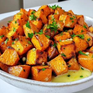 - 3 medium sweet potatoes - 4 tablespoons unsalted butter - 4 cloves garlic - 1 teaspoon dried thyme - 1 teaspoon smoked paprika - Sea salt and black pepper - Fresh parsley for garnish Gathering the right ingredients is key for great flavor. Start with sweet potatoes. I like using medium-sized ones. Their sweetness shines when roasted. You need unsalted butter to create a rich, buttery taste. Garlic brings a bold flavor that pairs well with sweet potatoes. Use fresh garlic, not powder for the best taste. Dried thyme adds a nice herbal note. Smoked paprika gives a warm, smoky flavor that enhances the dish. Don’t forget sea salt and black pepper to elevate all the tastes. Lastly, fresh parsley adds color and a fresh touch when you serve. These ingredients come together to make a side dish that’s both simple and delicious. Each bite is a mix of sweet, savory, and aromatic flavors. Set your oven temperature to 425°F (220°C). This hot heat makes the sweet potatoes crisp and tasty. Melt 4 tablespoons of unsalted butter in a small pan over low heat. Once it melts, add 4 cloves of finely minced garlic. Cook it for 1-2 minutes until it smells great. Be careful not to let the garlic brown. Brown garlic can taste bitter. Take 3 medium sweet potatoes, peel them, and cut them into 1-inch cubes. In a large bowl, mix the sweet potatoes with the melted garlic butter. Add 1 teaspoon of dried thyme, 1 teaspoon of smoked paprika, and a good pinch of sea salt and black pepper. Toss everything well, so each piece gets coated with the flavor. Line a baking sheet with parchment paper for easy cleanup. Spread the sweet potato mix on the sheet in a single layer. This helps them roast evenly. Put the baking sheet in the preheated oven. Roast the sweet potatoes for 25-30 minutes. Flip them halfway through cooking. They should be fork-tender and golden brown when ready. When done, take the baking sheet out of the oven. Let the sweet potatoes cool for a few minutes. Before serving, sprinkle fresh parsley on top for color and freshness. Set your oven to 425°F (220°C). This high temperature helps caramelize the sweet potatoes. They will turn golden and taste great! Do not let the garlic brown. Browned garlic can taste bitter. Sauté the minced garlic gently for just 1-2 minutes until it smells nice. This keeps the garlic sweet and flavorful. To get fork-tender sweet potatoes, cut them into 1-inch cubes. This size cooks evenly. Flip them halfway through roasting. This ensures they cook all sides and become soft and delicious. {{image_4}} You can change the flavor by adding different herbs. Rosemary and sage work well. Just chop them fresh and mix them in. Try using one tablespoon of fresh herbs for each sweet potato. This will give your dish a new twist and make it more fragrant. Want a little heat? Try adding cayenne or chili powder. Just a pinch can bring a nice kick. You can start with ¼ teaspoon and adjust to your taste. These spices add depth and warmth to the sweet potatoes, making them more exciting. For a sweeter touch, add maple syrup or brown sugar. Drizzle one tablespoon of maple syrup over the sweet potatoes before roasting. If you prefer brown sugar, sprinkle one tablespoon over them. This creates a nice caramelized finish that balances the savory garlic and butter perfectly. To store leftovers, let the sweet potatoes cool first. Place them in an airtight container. Keep them in the fridge for up to three days. This helps maintain their flavor and texture. If you want to freeze the roasted sweet potatoes, first cool them completely. Spread them out in a single layer on a baking sheet. Freeze for about one hour. Once frozen, transfer them to a freezer-safe bag. They can stay in the freezer for up to three months. When you're ready to enjoy the sweet potatoes again, preheat your oven to 375°F (190°C). Place the sweet potatoes on a baking sheet. Bake them for about 15-20 minutes, or until heated through. You can also reheat them in a microwave for quick results. Just be sure to use a microwave-safe dish. Yes, you can swap sweet potatoes with other types. Use regular potatoes, Yukon Gold, or red potatoes. Each type will give a different taste and texture. However, adjust cooking time if needed. Regular potatoes may cook faster. Garlic Butter Roasted Sweet Potatoes last up to four days in the fridge. Keep them in an airtight container. For best flavor, eat them fresh. They may lose some texture when stored. You can easily make this dish vegan. Replace the butter with plant-based butter or olive oil. Use garlic-infused oil for added flavor. The dish will still be tasty and satisfying without dairy. These sweet potatoes pair well with many meals. Try serving them with grilled chicken or fish. They also work great with a green salad. For a vegetarian option, serve with quinoa or lentils. Garlic Butter Roasted Sweet Potatoes are easy to make and full of flavor. We covered the ingredients, steps, and tips for perfecting this dish. You learned about tasty variations and how to store leftovers. Remember, roasting at the right temperature and avoiding burnt garlic is key. With these simple tips, you can enjoy sweet, savory, and tender bites every time. Happy cooking!