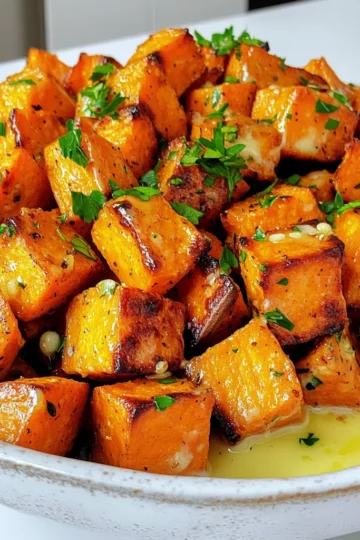 - 3 medium sweet potatoes - 4 tablespoons unsalted butter - 4 cloves garlic - 1 teaspoon dried thyme - 1 teaspoon smoked paprika - Sea salt and black pepper - Fresh parsley for garnish Gathering the right ingredients is key for great flavor. Start with sweet potatoes. I like using medium-sized ones. Their sweetness shines when roasted. You need unsalted butter to create a rich, buttery taste. Garlic brings a bold flavor that pairs well with sweet potatoes. Use fresh garlic, not powder for the best taste. Dried thyme adds a nice herbal note. Smoked paprika gives a warm, smoky flavor that enhances the dish. Don’t forget sea salt and black pepper to elevate all the tastes. Lastly, fresh parsley adds color and a fresh touch when you serve. These ingredients come together to make a side dish that’s both simple and delicious. Each bite is a mix of sweet, savory, and aromatic flavors. Set your oven temperature to 425°F (220°C). This hot heat makes the sweet potatoes crisp and tasty. Melt 4 tablespoons of unsalted butter in a small pan over low heat. Once it melts, add 4 cloves of finely minced garlic. Cook it for 1-2 minutes until it smells great. Be careful not to let the garlic brown. Brown garlic can taste bitter. Take 3 medium sweet potatoes, peel them, and cut them into 1-inch cubes. In a large bowl, mix the sweet potatoes with the melted garlic butter. Add 1 teaspoon of dried thyme, 1 teaspoon of smoked paprika, and a good pinch of sea salt and black pepper. Toss everything well, so each piece gets coated with the flavor. Line a baking sheet with parchment paper for easy cleanup. Spread the sweet potato mix on the sheet in a single layer. This helps them roast evenly. Put the baking sheet in the preheated oven. Roast the sweet potatoes for 25-30 minutes. Flip them halfway through cooking. They should be fork-tender and golden brown when ready. When done, take the baking sheet out of the oven. Let the sweet potatoes cool for a few minutes. Before serving, sprinkle fresh parsley on top for color and freshness. Set your oven to 425°F (220°C). This high temperature helps caramelize the sweet potatoes. They will turn golden and taste great! Do not let the garlic brown. Browned garlic can taste bitter. Sauté the minced garlic gently for just 1-2 minutes until it smells nice. This keeps the garlic sweet and flavorful. To get fork-tender sweet potatoes, cut them into 1-inch cubes. This size cooks evenly. Flip them halfway through roasting. This ensures they cook all sides and become soft and delicious. {{image_4}} You can change the flavor by adding different herbs. Rosemary and sage work well. Just chop them fresh and mix them in. Try using one tablespoon of fresh herbs for each sweet potato. This will give your dish a new twist and make it more fragrant. Want a little heat? Try adding cayenne or chili powder. Just a pinch can bring a nice kick. You can start with ¼ teaspoon and adjust to your taste. These spices add depth and warmth to the sweet potatoes, making them more exciting. For a sweeter touch, add maple syrup or brown sugar. Drizzle one tablespoon of maple syrup over the sweet potatoes before roasting. If you prefer brown sugar, sprinkle one tablespoon over them. This creates a nice caramelized finish that balances the savory garlic and butter perfectly. To store leftovers, let the sweet potatoes cool first. Place them in an airtight container. Keep them in the fridge for up to three days. This helps maintain their flavor and texture. If you want to freeze the roasted sweet potatoes, first cool them completely. Spread them out in a single layer on a baking sheet. Freeze for about one hour. Once frozen, transfer them to a freezer-safe bag. They can stay in the freezer for up to three months. When you're ready to enjoy the sweet potatoes again, preheat your oven to 375°F (190°C). Place the sweet potatoes on a baking sheet. Bake them for about 15-20 minutes, or until heated through. You can also reheat them in a microwave for quick results. Just be sure to use a microwave-safe dish. Yes, you can swap sweet potatoes with other types. Use regular potatoes, Yukon Gold, or red potatoes. Each type will give a different taste and texture. However, adjust cooking time if needed. Regular potatoes may cook faster. Garlic Butter Roasted Sweet Potatoes last up to four days in the fridge. Keep them in an airtight container. For best flavor, eat them fresh. They may lose some texture when stored. You can easily make this dish vegan. Replace the butter with plant-based butter or olive oil. Use garlic-infused oil for added flavor. The dish will still be tasty and satisfying without dairy. These sweet potatoes pair well with many meals. Try serving them with grilled chicken or fish. They also work great with a green salad. For a vegetarian option, serve with quinoa or lentils. Garlic Butter Roasted Sweet Potatoes are easy to make and full of flavor. We covered the ingredients, steps, and tips for perfecting this dish. You learned about tasty variations and how to store leftovers. Remember, roasting at the right temperature and avoiding burnt garlic is key. With these simple tips, you can enjoy sweet, savory, and tender bites every time. Happy cooking!