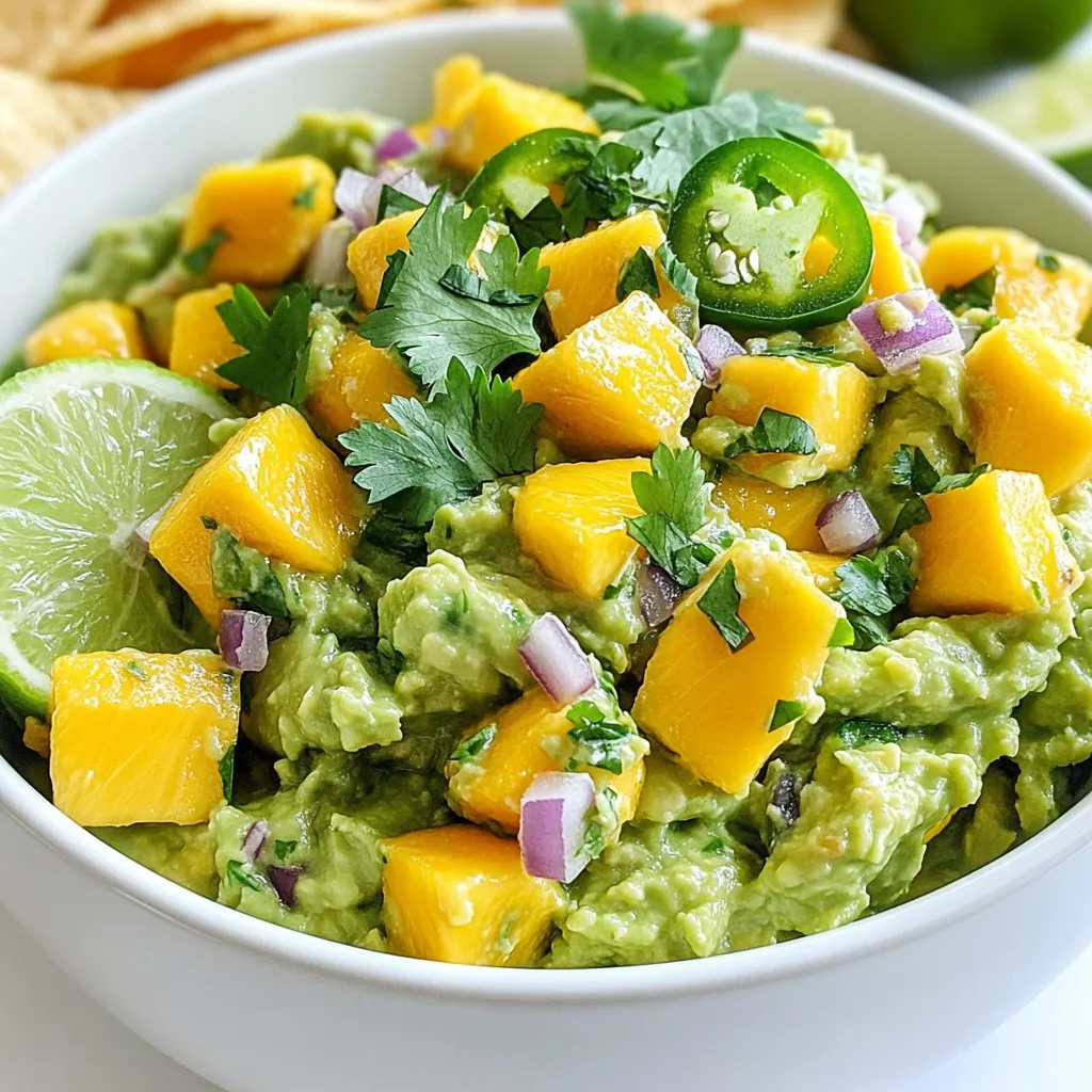 To make spicy mango guacamole, you need fresh and vibrant ingredients. Here is what you will need: - 2 ripe avocados, halved and pitted - 1 ripe mango, peeled and diced into small cubes - 1 small red onion, finely minced - 1 jalapeño pepper, deseeded and finely minced - 2 tablespoons freshly squeezed lime juice - ¼ cup fresh cilantro leaves, roughly chopped - Sea salt and freshly cracked black pepper, to taste - ½ teaspoon ground cumin (optional, but recommended for added depth) - Crisp tortilla chips, for delightful dipping These ingredients each play a key role in the flavor of the guacamole. The avocados provide creaminess, while the mango adds sweetness. The red onion and jalapeño give it a nice crunch and heat. Lime juice brightens the flavors, and cilantro adds freshness. Adjust the salt and cumin for extra flavor. If you want to make this dish your own, try adding other ingredients you love. Remember, the key is to work with fresh items. Your guacamole will shine with vibrant flavors and colors! {{ingredient_image_2}} First, take two ripe avocados. Cut them in half and remove the pits. Use a spoon to scoop out the creamy green flesh. Place the avocado flesh into a medium mixing bowl. Now, let's talk about mashing. I like to mash until it's somewhat smooth but leave some chunks. This gives the guacamole a nice texture. If you prefer it creamier, mash more until it suits your taste. Next, add the diced mango to the mashed avocado. The sweet mango elevates the dish. Then, mix in the finely minced red onion and jalapeño. The onion adds crunch, while the jalapeño brings the heat. After that, drizzle in two tablespoons of freshly squeezed lime juice. This brightens up the flavors. Now, sprinkle sea salt, black pepper, and optional ground cumin for depth. The cumin adds a warm, earthy note to the mix. Use a spatula to gently fold everything together. Make sure to keep that chunky texture. This makes each bite exciting! Now, it’s time for taste adjustments. Try a small spoonful. If it needs more zing, add a dash of lime juice. A sprinkle of salt can also enhance the flavors. Taste again and adjust as needed. Serve your guacamole right away with crisp tortilla chips for dipping. If you won't serve it immediately, cover it tightly. This keeps it fresh and prevents browning. Enjoy your spicy mango guacamole! To manage the heat from jalapeños, you can remove the seeds. The seeds hold most of the spice. If you want a milder guacamole, use less jalapeño or skip it altogether. You can also try a sweet bell pepper for a nice crunch without the heat. Adding spices can take your guacamole to the next level. Try a pinch of smoked paprika for warmth or some garlic powder for depth. Balancing sweetness and acidity is key. The mango brings sweetness, while lime juice gives that needed tang. Adjust these flavors to your taste. Presentation matters! Serve your guacamole in a bright bowl to grab attention. Top it with fresh cilantro for a pop of green. Add lime wedges on the side for extra flair and color. This makes it look fresh and inviting, perfect for parties or casual snacking. Pro Tips Choose Ripe Avocados: Ensure your avocados are perfectly ripe for the creamiest guacamole. They should yield slightly to gentle pressure when squeezed. Adjust the Heat: If you prefer a milder guacamole, remove the seeds and membranes from the jalapeño. For more heat, leave some seeds in or add a pinch of cayenne pepper. Fresh Lime Juice: Always use fresh lime juice instead of bottled for the best flavor. It brightens the guacamole and enhances the overall taste. Storage Tips: If you need to store leftover guacamole, press plastic wrap directly onto the surface to minimize oxidation and browning. {{image_4}} You can bring a tropical vibe to your spicy mango guacamole by adding pineapple. Fresh pineapple adds a sweet and tangy flavor that pairs well with mango. You can also try adding diced papaya or kiwi. These fruits enhance the taste and give a fun twist to your dish. Just chop them into small pieces and mix them in like you do with mango. Want to kick up the heat? Swap the jalapeño for a serrano or habanero pepper. Serrano peppers are slightly hotter, and habaneros pack a punch. If you want less spice, use a milder bell pepper. Just remember to chop them finely so they blend well with the other ingredients. Always taste before adding more, as it's easy to go overboard. This guacamole is naturally vegan and gluten-free. If you're low-carb, enjoy it as is. You can pair it with veggies like cucumber or bell pepper slices instead of chips. For a nutty flavor, try adding a sprinkle of roasted pumpkin seeds. These adjustments keep the dish tasty while meeting your dietary needs. To keep your spicy mango guacamole fresh, use these tips: - Use airtight containers. Glass or plastic containers with lids work best. - Press plastic wrap directly on the guacamole. This helps reduce air exposure. - Add lime juice. The acid slows browning. - Store in the fridge. Ideal temperatures are between 32°F and 40°F. These methods help maintain the vibrant colors and flavors of your guacamole. Guacamole is best fresh, but you can refresh leftovers. - Stir it up. Mix well to redistribute flavors. - Add more lime juice. This brightens the taste and helps with browning. - Check for spoilage. If it smells off or has brown spots, toss it. Generally, guacamole lasts about 2-3 days in the fridge. Always taste it before serving to ensure quality. Spicy Mango Guacamole stays fresh for about 1 to 2 days in the fridge. To keep it longer, store it in an airtight container. Press plastic wrap directly onto the guacamole's surface to limit air exposure. This helps reduce browning. You can make guacamole ahead of time. Just follow a few tips. Prepare it up to 24 hours in advance. Use lime juice to help keep it fresh. Store it in an airtight container. Cover the top with plastic wrap to avoid air contact. Spicy Mango Guacamole pairs well with various snacks. Serve it with crisp tortilla chips for dipping. Fresh veggies like carrots and cucumbers also work great. Try it with grilled chicken or fish for a tasty meal. You can also add it to tacos for extra flavor. You learned how to make Spicy Mango Guacamole, from fresh ingredients to final touches. Adjust the spice and customize flavors to fit your taste. Remember to store it right for the best freshness. This guacamole is easy, fun, and perfect for sharing. Enjoy this tasty dish at your next gathering or snack time. Your friends will love the flavors, and it will impress everyone. Keep experimenting with variations to make your own unique version. Now, grab your ingredients and start making this delicious dip!