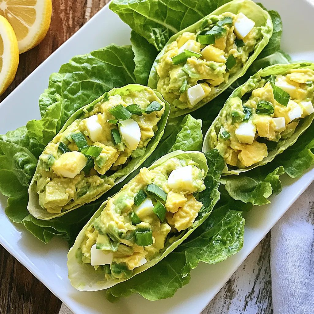- 4 hard-boiled eggs, finely chopped: They add protein and a rich flavor. - 1 ripe avocado, thoroughly mashed: This gives creaminess and healthy fats. - 1 tablespoon creamy Greek yogurt: It adds a tangy taste and smooth texture. - 1 tablespoon Dijon mustard: It brings a zesty kick to the salad. - 1 tablespoon freshly squeezed lemon juice: This adds brightness and freshness. - 1 green onion, finely sliced: It gives a mild onion flavor and crunch. - ¼ teaspoon garlic powder: This enhances the aroma and depth of flavor. - Salt and freshly cracked pepper: These elevate all the other tastes. - 1 head of romaine or butter lettuce: These leaves hold the filling well and add crunch. For those with dietary restrictions, you can substitute Greek yogurt with a dairy-free option. If you want to make it vegan, replace hard-boiled eggs with chickpeas or tofu. Each serving contains about 200 calories. The macronutrient breakdown is as follows: - Protein: 10g - Carbohydrates: 12g - Fat: 14g This snack is healthy and filling, making it perfect for any time of day. {{ingredient_image_2}} To make this dish, start by hard-boiling your eggs. Place your eggs in a pot, cover them with water, and bring it to a boil. Once boiling, turn off the heat and cover the pot. Let them sit for about 10-12 minutes. After that, cool the eggs in ice water. This makes peeling easy. Next, take your ripe avocado. Cut it in half, remove the pit, and scoop the flesh into a bowl. Use a fork to mash it up well. You want it creamy but with a few small chunks for texture. Now, it’s time to mix everything together. In a medium bowl, add your chopped eggs to the mashed avocado. Pour in the Greek yogurt, Dijon mustard, and lemon juice. Stir gently, but don’t over-mix! You want to keep some pieces of egg intact for a nice bite. Add the green onion and garlic powder next. Season your mix with salt and freshly cracked pepper. Taste it and adjust the seasoning if needed. The flavors should balance well without one taking over. To assemble your wraps, take a lettuce leaf and lay it flat. Spoon a generous amount of your creamy avocado egg salad into the center of the leaf. Now comes the wrapping! Fold the sides of the lettuce over the filling. Then, roll it up gently but firmly. You want it to hold together well. Serve your wraps immediately for the best taste and crunch. For a lovely presentation, place the wraps on a platter. You can garnish with extra green onions or a lemon wedge. This adds a nice touch and a burst of color! For a creamier avocado egg salad, use ripe avocados. The more ripe, the smoother the mash. Add just one tablespoon of creamy Greek yogurt. This extra touch makes it rich without being heavy. Mix the ingredients gently. The goal is to keep some egg chunks for texture. Balancing flavors is also key. Start with a good pinch of salt. Freshly cracked pepper adds warmth. The Dijon mustard gives a nice tang. Don’t forget the lemon juice. It brightens the whole dish and keeps the avocado fresh. Creative serving styles can make your dish pop. Arrange the filled lettuce wraps on a bright platter. The greens contrast with the creamy filling. You can also cut the wraps into smaller pieces for bite-sized servings. This makes them fun for parties or snacks. Garnishing is a simple way to add flair. Top with extra sliced green onions for color. A lemon wedge on the side adds freshness and a splash of zest. These small touches make your dish look and taste even better. Pro Tips Choose the Right Avocado: Make sure your avocado is ripe for the best flavor and creaminess. A ripe avocado should yield slightly to gentle pressure when squeezed. Perfectly Hard-Boiled Eggs: To achieve perfectly hard-boiled eggs, place them in cold water and bring to a boil. Once boiling, cover and remove from heat, letting them sit for 9-12 minutes before cooling in ice water. Customization Options: Feel free to customize your egg salad by adding diced celery or bell peppers for extra crunch, or fresh herbs like dill or parsley for added flavor. Serving Suggestions: For a more filling meal, serve the wraps with a side of fresh fruit or whole grain crackers to balance the flavors. {{image_4}} You can customize your avocado egg salad by swapping in different veggies. Adding diced celery gives a nice crunch. Finely chopped bell peppers add sweetness and color. You can also use other types of lettuce. Butter lettuce is soft and sweet, while romaine is crisp and sturdy. Each leaf brings its own charm. To elevate the flavor, try adding fresh herbs. Chopped dill or cilantro can bring a fresh taste. A little goes a long way! You can also add spices for an extra kick. A pinch of cayenne or smoked paprika will spice things up. These small changes can transform your dish into something new. To keep your avocado egg salad fresh, place it in a sealed container. You want to reduce air exposure to prevent browning. Glass containers work well because they won't stain. You can also use plastic containers with tight-fitting lids. Store it in the fridge for up to three days. Always check for any signs of spoilage before eating. I recommend serving this salad cold. The creamy texture and fresh flavors shine when it's chilled. If you prefer warmth, heat it gently on low heat. Stir often to avoid overcooking. However, keep in mind that heating may change the texture. Enjoy it fresh for the best taste! Yes, you can use avocado instead of mayonnaise. Avocado gives a creamy texture and rich flavor. It is also healthier than mayonnaise. The good fats in avocado benefit your body. This swap helps you cut calories while keeping the taste. You still get that rich, smooth feel in your egg salad. Leftovers last about 2 to 3 days in the fridge. Store the avocado egg salad in an airtight container. This keeps it fresh and prevents odors. Check for any browning in the avocado. If it looks brown, it’s still safe to eat, but the taste may change. Always smell and taste a small bit to check freshness before eating. You can serve many things with avocado egg salad lettuce wraps. Fresh veggies like carrots, cucumbers, or cherry tomatoes pair well. You can also add whole grain crackers for crunch. If you want protein, serve it with grilled chicken or shrimp. These options add flavor and make a complete meal. In this blog post, we explored how to make delicious avocado egg salad lettuce wraps. We covered each ingredient's role, shared step-by-step instructions, and offered tips for perfecting your recipe. We also discussed variations and how to store leftovers. Overall, this dish is tasty and healthy, making it a great option for anyone. Enjoy experimenting with the recipe and making it your own. A nutritious meal is just a wrap away!
