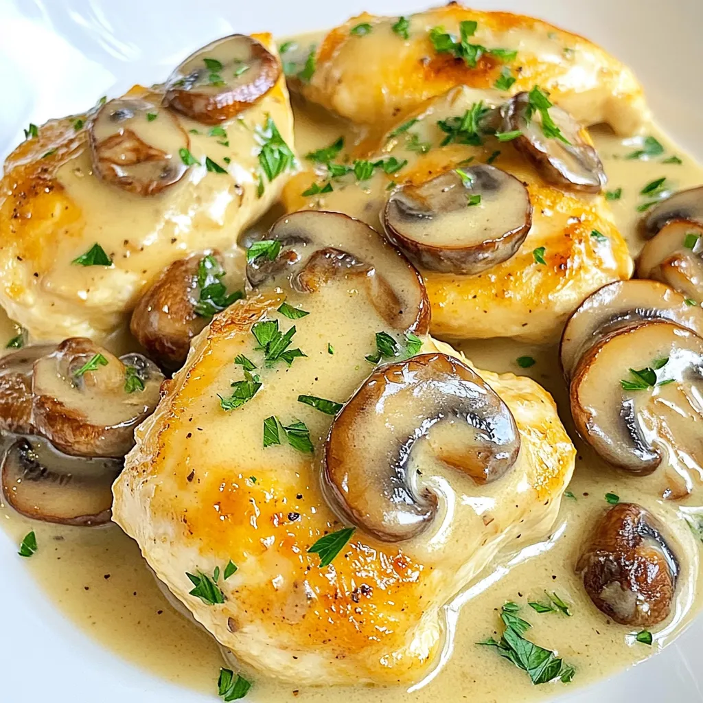 - 4 boneless, skinless chicken breasts - 2 cups sliced cremini or button mushrooms - 1 medium onion, finely chopped - 3 cloves garlic, minced - 1 cup chicken broth - 1 cup heavy cream - 2 tablespoons olive oil - 1 tablespoon balsamic vinegar - 1 teaspoon dried thyme - 1 teaspoon dried rosemary - Salt and pepper to taste - Fresh parsley, chopped (for garnish) You can swap chicken breasts for thighs if you prefer dark meat. Use any mushrooms you like, such as shiitake or portobello. If you want a lighter sauce, replace heavy cream with half-and-half or coconut cream. You can also use vegetable broth for a vegetarian option. This dish serves four people. Each serving contains about 450 calories. It has 25 grams of fat, mostly healthy fats from olive oil and cream. The protein content is around 40 grams, making it a great choice for a filling meal. The mushrooms add fiber and nutrients, while herbs boost flavor without extra calories. {{ingredient_image_2}} 1. Start by seasoning the chicken breasts. Use salt and pepper on both sides. This step boosts the flavor. 2. Chop the onion finely and mince the garlic. Slice the mushrooms, too. This makes cooking easier later. 1. Heat olive oil in a large skillet over medium-high heat. Wait until the oil shimmers. 2. Add the chicken breasts to the skillet. Sear each side for about 5-7 minutes. They should look golden brown. Once done, take them out and set them on a plate. 3. In the same skillet, add the chopped onion and minced garlic. Stir for 2-3 minutes. The onion should be soft and fragrant. 4. Next, add the sliced mushrooms. Cook for 5 minutes, stirring often. The mushrooms will soften and release their juices. 5. Pour in the chicken broth and balsamic vinegar. Scrape the bottom of the skillet to get all the tasty bits. Let the mixture simmer for 3-5 minutes. This thickens the sauce. 6. Stir in heavy cream, dried thyme, and rosemary. Mix well and let it cook a bit longer. The sauce will thicken more. 7. Place the chicken back in the skillet. Make sure it is well-coated in the sauce. Simmer for an extra 3-4 minutes to warm the chicken through. 1. Taste the sauce and adjust the seasoning if needed. Add more salt or pepper to enhance flavors. 2. Remove the skillet from heat. Garnish with fresh parsley before serving. This adds a nice pop of color. To cook juicy chicken, start with the right heat. Use medium-high heat when searing. This method gives the chicken a nice crust. It also keeps the inside moist. Make sure to not overcrowd the pan. Cook in batches if needed. Let the chicken rest after cooking. This helps retain its juices. For a rich sauce, add heavy cream slowly. This helps control the thickness. Stir it well after adding. If the sauce is too thick, add more chicken broth. If it’s too thin, let it simmer longer. Be patient; the flavors will deepen as it cooks. Avoid skipping the seasoning. Season both sides of the chicken well with salt and pepper. Not cooking the mushrooms long enough can lead to a watery sauce. Always cook them until they soften. Lastly, don’t rush the simmering step. It’s key for a tasty sauce. Pro Tips Choose the Right Mushrooms: Opt for fresh cremini or button mushrooms for the best flavor. Avoid canned mushrooms as they can alter the dish's texture and taste. Perfectly Cooked Chicken: Ensure your chicken breasts are of uniform thickness for even cooking. Use a meat mallet to pound them to an even thickness if needed. Enhance the Sauce: For an extra layer of flavor, consider adding a splash of white wine along with the chicken broth. Let it reduce before adding the cream. Rest the Chicken: Allow the seared chicken to rest for a few minutes after cooking. This helps retain the juices, keeping the chicken moist and flavorful. {{image_4}} You can switch chicken for other proteins. Try turkey cutlets for a lean twist. Pork chops also work well with this sauce. For beef lovers, thinly sliced sirloin can add richness. Each option will soak up the creamy mushroom sauce nicely. For a vegetarian version, replace chicken with tofu or tempeh. Press and cube the tofu before cooking. This helps it absorb flavors better. For a vegan option, use coconut cream instead of heavy cream. You can also add chickpeas for extra protein. Want to boost the flavor? Add a splash of white wine during cooking. This adds depth to the sauce. Toss in some fresh herbs like basil or oregano for a fresh taste. You can also include a pinch of red pepper flakes for heat. These small changes can take your dish to the next level. To keep your creamy mushroom marsala chicken fresh, place any leftovers in an airtight container. Make sure the chicken is cooled down before sealing it up. Store it in the fridge for up to three days. This will help keep the flavors intact and prevent spoilage. If you want to keep it longer, consider freezing. When you're ready to enjoy leftovers, reheating is easy. Place the chicken in a skillet over low heat. Add a splash of chicken broth or cream to keep it moist. Cover the skillet to trap steam and heat for about 5-10 minutes. Stir occasionally until warmed through. You can also use a microwave; just heat in short bursts to avoid drying it out. If you want to freeze the dish, do it before adding the cream. Cook the chicken and mushroom sauce, then cool completely. Transfer to a freezer-safe container. Seal tightly to prevent freezer burn. It will last up to three months. When ready to eat, thaw overnight in the fridge. Reheat slowly, then stir in the cream just before serving. Yes, you can use different mushrooms. Try shiitake, portobello, or even oyster mushrooms. Each type adds a unique taste to the dish. Mix and match to find your favorite combo. This dish pairs well with several sides. Here are some tasty options: - Creamy garlic mashed potatoes - Steamed green beans - Buttered egg noodles - A fresh garden salad These sides create a full meal and enhance the flavors of the chicken. To make this dish gluten-free, check the chicken broth. Use a labeled gluten-free broth. Avoid any soy sauce or flour in the recipe. With these swaps, you can enjoy the meal without worry. This post guides you through making a great Creamy Mushroom Marsala Chicken. We covered ingredients and substitutions, along with cooking steps. I shared tips for juicy chicken and a perfect sauce. You also learned about variations, storage, and FAQs. Remember, cooking is about trying new things. Don’t fear mistakes; they teach you. Enjoy your meal, and have fun in the kitchen!