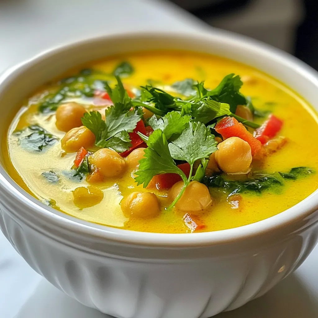 - 1 can (15 oz) chickpeas, drained and rinsed - 1 can (14 oz) coconut milk - 2 cups vegetable broth - 1 medium onion, finely chopped - 2 cloves garlic, minced - 1 tablespoon fresh ginger, minced - 1 tablespoon curry powder - 1 teaspoon ground cumin - ½ teaspoon turmeric - 1 red bell pepper, diced - 1 cup fresh or frozen spinach - 2 tablespoons extra-virgin olive oil - Salt and freshly ground black pepper, to taste - Juice of 1 lime - Fresh cilantro leaves for garnish The main ingredients in this soup create a warm and creamy dish. Chickpeas add protein and texture. Coconut milk brings a rich flavor that balances the spices. Vegetable broth forms a tasty base. The onion, garlic, and ginger give depth and aroma. Spices like curry powder, cumin, and turmeric add warmth and heat. The red bell pepper adds sweetness and color. Spinach brings freshness and nutrients. Finally, olive oil helps sauté the veggies and spices, making everything come together nicely. - Lime juice - Fresh cilantro for garnish - Additional proteins or vegetables Optional ingredients can enhance the soup's flavor. Lime juice adds a bright zing. Fresh cilantro gives a burst of color and a fresh taste. You can also add proteins like chicken or tofu for extra substance. Other veggies can bring more texture and nutrition. Feel free to experiment with what you have on hand! {{ingredient_image_2}} First, gather all your ingredients. Accurate measuring helps the soup taste great. Here’s what you need: - 1 can (15 oz) chickpeas, drained and rinsed - 1 can (14 oz) coconut milk - 2 cups vegetable broth - 1 medium onion, finely chopped - 2 cloves garlic, minced - 1 tablespoon fresh ginger, minced - 1 tablespoon curry powder - 1 teaspoon ground cumin - ½ teaspoon turmeric - 1 red bell pepper, diced - 1 cup fresh or frozen spinach - 2 tablespoons extra-virgin olive oil - Salt and freshly ground black pepper, to taste - Juice of 1 lime - Fresh cilantro leaves for garnish You will also need a large pot, a wooden spoon, and a knife for chopping. Start by heating the olive oil in the pot over medium heat. Once hot, add the onion. Sauté for about five minutes until the onion is soft and clear. Next, stir in the garlic and ginger. Cook this mix for one minute until it smells nice. Now, it’s time to toast the spices. Add the curry powder, cumin, and turmeric to the pot. Stir well for one minute. This brings out the spice flavors. Add the diced red bell pepper now. Cook for about three to four minutes. The pepper should get a bit soft. Carefully pour in the vegetable broth and coconut milk. Stir everything together and bring it to a gentle simmer. When it simmers, add the chickpeas and spinach. Cook for ten minutes until the spinach wilts and the soup is hot. Now, season the soup. Add salt and pepper to taste. Squeeze in the lime juice for a fresh kick. Take the pot off the heat and let it sit for a few minutes. This resting time helps the flavors blend. To serve, ladle the soup into bowls. Garnish with fresh cilantro leaves. This adds color and flavor to your dish. Enjoy your warm Coconut Curry Chickpea Soup! Using fresh spices makes a big difference. They have a stronger taste than ground spices. Fresh spices bring out the soup's best flavors. Toasting spices is key. It wakes up their oils and boosts their aroma. Toast them in the pot before adding other ingredients. Just a minute or two makes a world of difference. Sautéing onions is an art. Start with medium heat and olive oil. Stir them until they turn translucent. This usually takes about five minutes. It adds sweetness to your soup. Simmering is gentle. It keeps the flavors balanced. Boiling can make the soup lose its charm. Keep it at a gentle simmer for the best results. Pair this soup with crusty bread or fluffy rice. Both add great texture and soak up the flavors. For a pop of color, serve it in deep bowls. Drizzle some extra coconut milk on top for a swirl. Add lime wedges on the side for a zesty touch. Fresh cilantro makes a beautiful garnish too. It adds color and freshness to each bowl. Pro Tips Use Fresh Ingredients: Fresh ginger and garlic will enhance the flavor of your soup significantly compared to dried versions. Adjust the Spice Level: If you prefer a spicier soup, add a pinch of cayenne pepper or some chopped fresh chili peppers when cooking the onion. Garnish Creatively: Besides cilantro, consider adding a dollop of yogurt or a sprinkle of toasted coconut on top for extra texture and flavor. Make it a Meal: Serve the soup over cooked rice or quinoa for a heartier meal that’s still healthy and satisfying. {{image_4}} You can easily make this soup vegan. It is already dairy-free since it uses coconut milk. If you want a gluten-free version, check the broth label. Most vegetable broths are gluten-free. For low-fat options, use light coconut milk. This will cut down on fat while keeping the flavor. To spice things up, add chili peppers or a splash of sriracha. This will give your soup a nice kick. You can also switch up the veggies. Try adding carrots, sweet potatoes, or zucchini. If you want more protein, toss in some diced tofu or chicken. If you like a creamier soup, blend half or all of the soup. This makes it smooth and rich. Some prefer chunks in their soup. You can keep the chickpeas and veggies whole for a hearty texture. Adjust to what you like best! You can refrigerate leftovers of Coconut Curry Chickpea Soup. Place the soup in an airtight container. It stays fresh for about three to four days. When you are ready to eat, reheat the soup on the stove. Use medium heat and stir often. This keeps the soup from sticking to the pot. You can also use a microwave for reheating. Just heat it in a bowl, stirring halfway through. For long-term storage, you can freeze this soup. Pour the cooled soup into freezer-safe containers. Leave some space at the top for expansion. Seal the containers tightly and label them with the date. The soup can last up to three months in the freezer. To thaw, move the soup to the fridge overnight. Reheat it on the stove or in the microwave until hot. The maximum time for freshness is about four days in the fridge. After that, the soup may spoil. Signs of spoilage include an off smell or any mold. If you see any of these signs, it's best to discard the soup. Trust your senses to keep your meals safe and tasty. Can I use dry chickpeas instead of canned? Yes, you can use dry chickpeas. Soak them overnight and cook them until tender. This takes longer than using canned chickpeas, but it can add more flavor. What should I serve with Coconut Curry Chickpea Soup? I love serving this soup with warm naan or fluffy rice. You can also pair it with a fresh salad. This adds a nice crunch and balance. How do I adjust the spice level? To make the soup milder, reduce the curry powder. You can also add more coconut milk to tone down the spices. For extra heat, add chili flakes or fresh chili peppers. Can I substitute coconut milk with something else? Yes, you can use almond milk or soy milk. However, the soup will have a different taste and texture. Coconut milk gives a rich and creamy flavor. How can I make this recipe less spicy? To reduce spice, use less curry powder. You can also add more spinach or chickpeas to balance the heat. Adding a dollop of yogurt on top can also help cool it down. Is Coconut Curry Chickpea Soup healthy? Yes, this soup is healthy. It contains protein from chickpeas and healthy fats from coconut milk. The veggies add vitamins and minerals, making it a nutritious meal. What are the calorie counts per serving? Each serving has about 300 calories. This can vary based on extra toppings or sides. Always check your specific ingredients for the most accurate count. This blog post shared the secrets to making Coconut Curry Chickpea Soup. We explored the main and optional ingredients that create rich flavors. I outlined step-by-step instructions to ensure your cooking success. Tips and tricks enhanced your knowledge on seasoning and serving options. We also touched on variations and storage tips to help you maintain freshness. In closing, this soup is versatile and simple to make. Enjoy experimenting with different flavors and ingredients. Your taste buds will thank you!