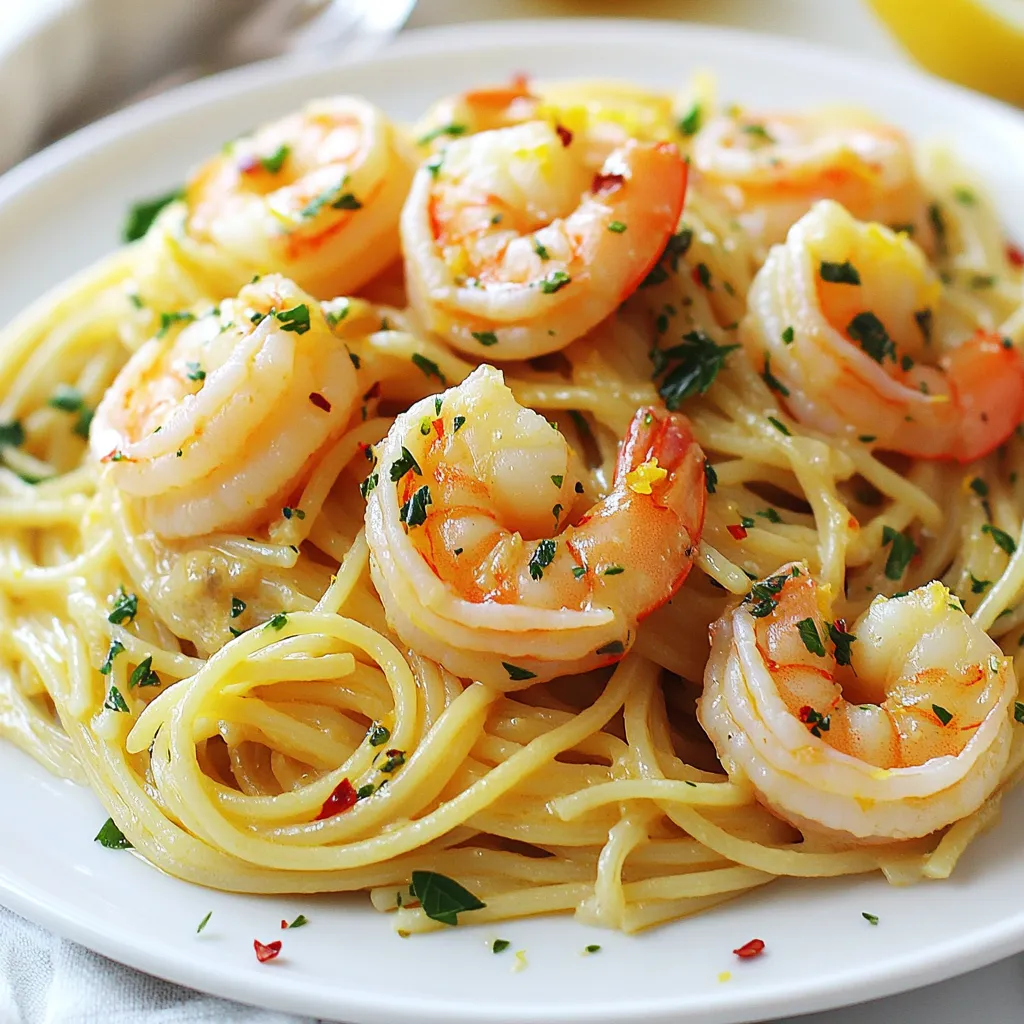 To make lemon garlic shrimp pasta, gather these items: - 8 ounces spaghetti or linguine - 1 pound large shrimp, peeled and deveined - 4 cloves garlic, finely minced - 1 lemon, zested and juiced - ¼ cup unsalted butter - ¼ cup extra virgin olive oil - ¼ teaspoon red pepper flakes (adjust based on your spice preference) - Sea salt and freshly cracked black pepper to taste - ¼ cup fresh parsley, coarsely chopped - Optional: Freshly grated Parmesan cheese for serving You will need some basic kitchen tools: - Large pot - Large skillet - Measuring cups - Measuring spoons - Colander - Wooden spoon or spatula - Zester or grater for lemon Accurate measuring makes a big difference. Here are some tips: - Use dry measuring cups for solids like pasta and butter. - Use liquid measuring cups for oils and juices. - For spices, level off the measuring spoon for best results. - Always taste as you go to adjust salt and spice to your liking. {{ingredient_image_2}} To start, fill a large pot with water and add salt. Bring the water to a boil. Once it's boiling, add 8 ounces of spaghetti or linguine. Cook the pasta according to the package instructions until al dente. Before draining, save 1 cup of the starchy water. Drain the pasta and set it aside. Next, grab a large skillet and set it over medium heat. Add ¼ cup of unsalted butter and ¼ cup of extra virgin olive oil. Let the butter melt and combine with the oil. When the mixture is hot and shimmering, add 4 cloves of finely minced garlic and ¼ teaspoon of red pepper flakes. Stir often for about 1 minute. You want the garlic fragrant, but not browned. Now, it’s time for the shrimp. Add 1 pound of peeled and deveined shrimp to the skillet. Season with sea salt and freshly cracked black pepper. Cook the shrimp for about 2-3 minutes on each side. They should turn a vibrant pink when done. Lower the heat slightly. Squeeze the juice from 1 lemon into the pan and sprinkle the lemon zest over the shrimp. Give it a good stir. Make sure to scrape any tasty bits stuck to the bottom of the skillet. Carefully add the drained pasta to the skillet. Pour in half of the reserved pasta water. Toss everything to coat the pasta in the buttery lemon sauce. If it looks dry, add more pasta water until you get a silky sauce. Finally, take the skillet off the heat and mix in ¼ cup of coarsely chopped parsley. Taste and adjust the salt and pepper. Serve the pasta hot. If you like, top it with freshly grated Parmesan cheese. Enjoy your meal! To make great pasta, start with a big pot. Use plenty of water and add salt. The salt adds flavor and helps the pasta taste better. Bring the water to a boil before adding the pasta. This step makes sure your pasta cooks evenly. Follow the package instructions for cooking time. For the best texture, aim for al dente, which means it should be firm to the bite. Before draining your pasta, save a cup of that starchy water. It helps bind the sauce later. When cooking shrimp, timing is key. First, make sure your shrimp are peeled and deveined. Heat your skillet over medium heat and add butter and olive oil. Once the mix is hot, add your shrimp. Cook them for about 2-3 minutes on each side. They should turn a bright pink when done. Overcooking shrimp can make them tough, so watch them closely. Season them well with salt and pepper to boost their flavor. To make your dish pop, use fresh ingredients. Fresh garlic and lemon zest give great taste. Adding red pepper flakes adds a nice kick, so adjust based on your spice preference. After you mix in the lemon juice, scrape the brown bits from the pan. This step adds even more flavor to your sauce. Finally, finish your dish with fresh parsley for color and freshness. You can also top it with Parmesan cheese for a creamy, rich flavor. Pro Tips Use Fresh Shrimp: Always opt for fresh shrimp when possible, as they provide a better flavor and texture compared to frozen shrimp. Adjust the Spice Level: Feel free to adjust the red pepper flakes according to your heat preference; you can add more for extra kick or omit it for a milder dish. Reserve Pasta Water: Remember to save some pasta water; the starch helps to create a silky sauce that clings to the pasta beautifully. Garnish with Fresh Herbs: For added flavor and color, garnish the dish with fresh herbs like parsley or basil just before serving. {{image_4}} You can switch up the pasta type in this dish. Use spaghetti, linguine, or even penne. Each type brings a different texture. If you want something gluten-free, try rice noodles or zucchini noodles. Just adjust the cooking time to avoid mushiness. Adding vegetables boosts flavor and nutrition. Consider using spinach, cherry tomatoes, or bell peppers. Sauté them with garlic for a few minutes before adding the shrimp. This adds bright colors and a fresh taste. You can also toss in asparagus or broccoli for extra crunch. For a creamy twist, mix in heavy cream or cream cheese. Start by adding these after sautéing the shrimp. Stir until melted, then mix with the pasta. This gives a rich and smooth sauce. You can also add a splash of white wine for depth. After enjoying your lemon garlic shrimp pasta, store any leftovers in an airtight container. Keep it in the fridge. It’s best to eat it within three days for the best taste and texture. Make sure to let the pasta cool completely before sealing it up. This helps prevent moisture buildup. To reheat the pasta, place it in a skillet over medium heat. Add a splash of water or extra olive oil to help it warm up. Stir often to heat evenly. You can also use the microwave. Just cover the pasta with a damp paper towel to keep it moist. Heat in short bursts, stirring in between until it's hot. If you want to freeze the lemon garlic shrimp pasta, place it in a freezer-safe container. It can last for up to two months. However, the shrimp may not have the same texture when thawed. When ready to eat, thaw it in the fridge overnight. Reheat gently to avoid overcooking the shrimp. Yes, you can use frozen shrimp. Just thaw them first. Place the shrimp in cold water for about 15 minutes. It’s quick and easy. Once thawed, peel and devein them if needed. Then, you can cook them as you would fresh shrimp in this recipe. If you want a butter substitute, try olive oil. It gives a nice flavor and is healthier too. You can also use coconut oil for a different taste. Both options work well with the garlic and lemon. To add heat, increase the red pepper flakes. Start with a little more and taste as you cook. You can also add chopped fresh chili peppers for extra spice. Another option is to use a spicy olive oil to drizzle on top before serving. In this post, I covered key ingredients, step-by-step cooking, and helpful tips. You learned how to prepare pasta, cook shrimp, and enhance flavors. Variations let you customize your dish with different pasta or spices. Storing and reheating your leftovers ensures nothing goes to waste. Remember, cooking is fun, and you can experiment. Enjoy your meal, and don't shy away from making it your own!