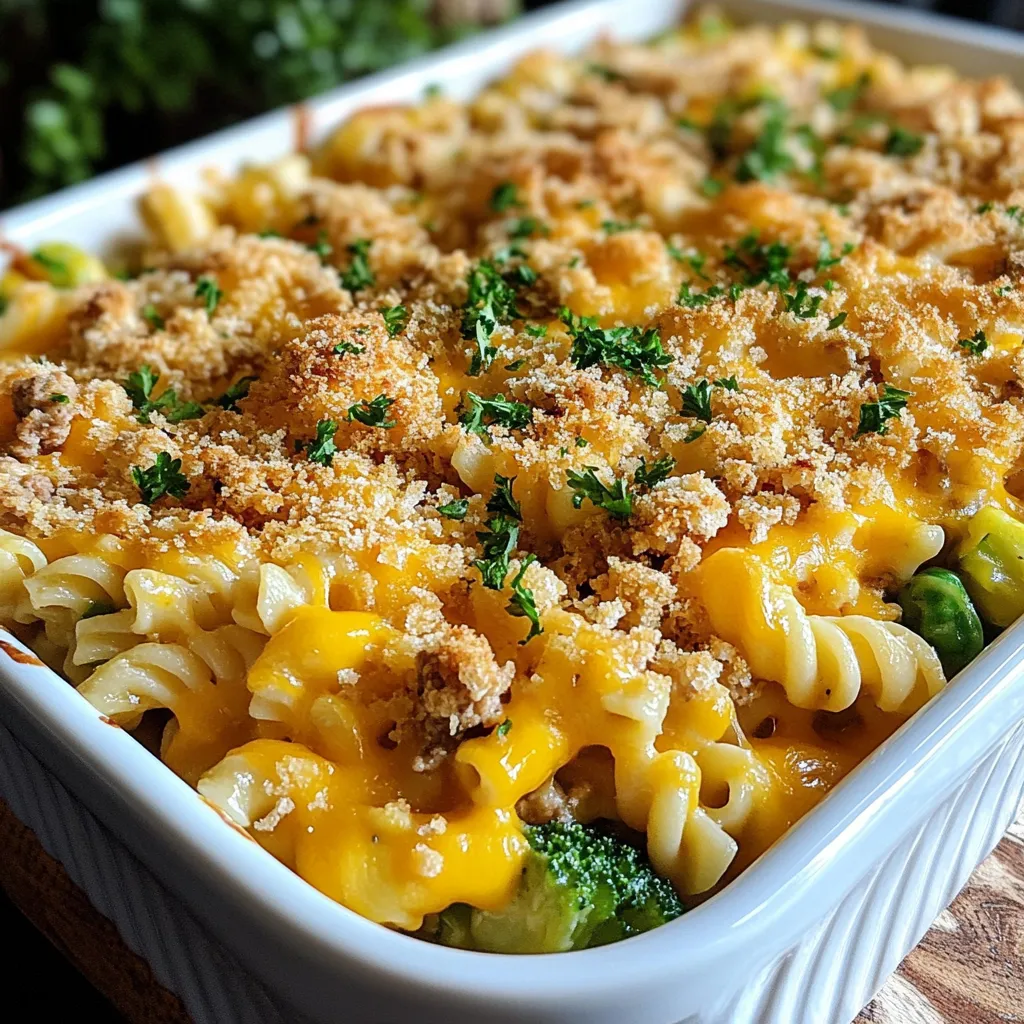 - 1 lb ground turkey - 1 cup uncooked elbow macaroni - 1 can (10.5 oz) cream of chicken soup The main ingredients create a hearty base for the casserole. The ground turkey adds protein and flavor. Elbow macaroni gives it that comforting pasta feel. The cream of chicken soup brings in creaminess and helps bind everything together. - 1 cup ranch dressing - 1 cup shredded cheddar cheese (divided) - ½ cup milk The ranch dressing enhances the dish with a zesty flavor. It works well with the creamy soup. Shredded cheddar cheese adds richness and a gooey texture. The milk helps to adjust the sauce's thickness for a perfect consistency. - 1 cup frozen mixed vegetables (peas, carrots, corn) - 1 teaspoon garlic powder - 1 teaspoon onion powder - Salt and pepper to taste Frozen mixed vegetables add color and nutrition. Garlic powder and onion powder boost the dish's flavor. Salt and pepper enhance all the tastes. These elements make this casserole not just tasty, but also balanced and appealing. {{ingredient_image_2}} 1. Start by preheating your oven to 350°F (175°C). This is key for a perfect bake. 2. Fill a large pot with salted water. Bring it to a rolling boil. Add 1 cup of elbow macaroni and cook it until al dente. This usually takes around 7-9 minutes. Once cooked, drain the pasta and set it aside. 1. In a large skillet, heat 2 tablespoons of olive oil over medium heat. 2. Add 1 pound of ground turkey to the skillet. Break the turkey apart with a wooden spoon. Cook it until browned, about 5-7 minutes. 3. Season the turkey with 1 teaspoon of garlic powder, 1 teaspoon of onion powder, and salt and pepper to taste. This adds great flavor to the meat. 4. Pour in 1 can of cream of chicken soup, 1 cup of ranch dressing, and ½ cup of milk. Stir well to combine. Add 1 cup of frozen mixed vegetables (like peas, carrots, and corn) and cook for an additional 5 minutes. This allows everything to heat through. 1. Gently fold the cooked macaroni into the turkey mixture in the skillet. 2. Add half of the 1 cup of shredded cheddar cheese to the mix. Stir until evenly combined. 3. Carefully transfer this mixture to a greased 9x13 inch baking dish. 4. Top the casserole with the remaining cheddar cheese. If you like, sprinkle ½ cup of breadcrumbs on top for a crispy finish. 1. Bake the casserole in the preheated oven for 25-30 minutes. 2. It is done when the cheese is bubbly and golden on top. Check it by inserting a knife in the center. If it comes out hot, your casserole is ready to serve! To make the best turkey casserole, focus on cooking the turkey well. Use medium heat when you brown the ground turkey. This helps it cook evenly and keeps it juicy. Break it apart with a wooden spoon as it cooks. Season it well with garlic and onion powder, salt, and pepper. This adds great flavor to your dish. Next, ensure the pasta has the right texture. Cook the elbow macaroni until it is al dente. This means it should be firm to the bite. Drain it well before mixing it with the turkey. This helps prevent a mushy casserole. When serving, presentation matters! Serve the casserole straight from the baking dish for a cozy look. To make it pop, sprinkle some chopped fresh parsley on top. This not only adds color but also a fresh taste. You can also add extra garnishes for flavor. Try crispy bacon bits or sliced green onions. These will give your dish a fun twist and make it even more tasty. You can make this casserole healthier with a few simple swaps. First, use whole wheat pasta instead of regular elbow macaroni. This adds fiber and nutrients to your meal. For the creamy part, choose low-fat cheese and ranch dressing. These options cut down on calories while keeping the great taste. You can still enjoy a rich, creamy casserole that feels lighter. Pro Tips Cook the Pasta Al Dente: Cooking the elbow macaroni until just al dente ensures it won't become mushy during baking. Customize Your Veggies: Feel free to swap out the frozen mixed vegetables for your favorite fresh or seasonal vegetables for added flavor and nutrition. Make Ahead Option: Prepare the casserole ahead of time and store it in the fridge. Just bake it when you're ready to serve! Cheese Variations: Experiment with different types of cheese, such as Monterey Jack or pepper jack, for a unique twist on the classic flavor. {{image_4}} You can change up the protein in this dish. Try using chicken or beef instead of turkey. Both options give different flavors but keep the dish tasty. If you want a lighter choice, you can use ground chicken. This will still be creamy and delicious. For veggies, feel free to mix things up. You can use fresh broccoli, spinach, or bell peppers. Each veggie adds its own unique twist. Just make sure to chop them small enough to cook well in the casserole. Want some heat? You can add jalapeños or hot sauce for a spicy kick. This change makes the dish fun and exciting. If you enjoy fresh herbs, try adding thyme, parsley, or dill. They brighten up the taste and make it even better. Mixing in different spices can also create new flavors. Consider adding paprika or cayenne for warmth. Experimentation is key to finding your favorite mix! This casserole can be a complete meal by itself. It has protein, carbs, and veggies all in one dish. You can serve it straight from the baking dish for a cozy feel. If you want to add more variety, pair it with a salad. A fresh green salad or coleslaw gives a nice crunch. You can also serve it with bread or garlic knots for a fun side. Each option gives a new way to enjoy this creamy ranch turkey casserole! After you enjoy your creamy ranch turkey casserole, store leftovers in the fridge. Place them in an airtight container to keep them fresh. I recommend using glass or plastic containers with tight lids. This way, your food stays safe from any unwanted odors. Make sure to cool the casserole to room temperature before sealing it. This helps prevent condensation inside the container. To reheat your casserole, the oven is the best choice. Preheat it to 350°F (175°C). Place the casserole in an oven-safe dish. Cover it with foil to keep moisture in. Heat it for about 20 minutes. If you want to microwave it, use a microwave-safe dish. Heat it in short bursts, stirring in between. This helps keep the flavors intact and avoids dry spots. You can freeze this casserole before or after baking. If you freeze it before baking, wrap it well in plastic wrap and foil. This keeps it fresh for about three months. If you freeze it after baking, make sure it cools completely first. To thaw, place it in the fridge overnight. Reheat using the oven or microwave as mentioned before. Enjoy your creamy ranch turkey casserole any time! You can use several options if you need a substitute. A popular choice is cream of mushroom soup. It has a similar texture and flavor. If you want a dairy-free option, try a can of coconut milk mixed with spices. You can also make a homemade version. Combine chicken broth, flour, and butter to create a thick base. Add herbs and spices to enhance the flavor to your liking. Yes, you can easily prepare this casserole ahead of time. Cook the turkey and mix it with the other ingredients. Place it in a baking dish, cover it, and refrigerate. You can bake it later when you're ready. Just remember to add a few extra minutes to the baking time if it's cold from the fridge. This casserole pairs well with many side dishes. A fresh green salad adds a nice crunch. You could also serve steamed broccoli or green beans for extra veggies. Garlic bread is a great option if you want something hearty. Each of these sides will complement the flavors of the casserole well. The casserole lasts about 3 to 4 days in the fridge. To keep it fresh, store it in an airtight container. When you're ready to eat it again, check for any changes in smell or texture. If it looks and smells fine, simply reheat it in the oven or microwave. Enjoy your meal! This blog post explored how to make a Creamy Ranch Turkey Casserole. You learned about key ingredients, like ground turkey and ranch dressing, and how to blend flavors effectively. The step-by-step instructions simplify the cooking process, making it easy for anyone. Remember to play with ingredient swaps and variations to suit your taste. Store leftovers properly to enjoy them later. This dish is versatile, tasty, and perfect for family meals. Dive in and enjoy creating this delicious casserole that everyone will love!