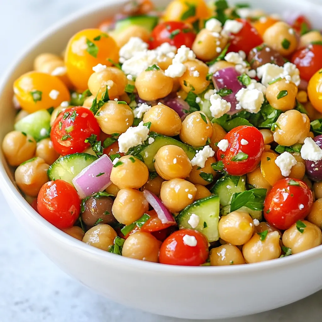 - 1 can (15 oz) chickpeas, thoroughly drained and rinsed - 1 cup sweet cherry tomatoes, halved - 1 crisp cucumber, diced into bite-sized pieces - 1 vibrant red bell pepper, diced - ¼ small red onion, finely minced - ½ cup plump Kalamata olives, pitted and halved - ¼ cup tangy feta cheese, crumbled (optional) - ¼ cup fresh parsley, finely chopped - 3 tablespoons extra virgin olive oil - 2 tablespoons freshly squeezed lemon juice - 1 teaspoon dried oregano - Salt and fresh ground black pepper to taste You can adjust this salad to suit your taste. Here are some ideas: - Add diced avocado for creaminess. - Mix in cooked quinoa for extra texture. - Include diced artichoke hearts for a unique twist. - Swap Kalamata olives for green olives if you prefer. This salad is not only tasty but also packed with nutrition: - Chickpeas: High in protein and fiber, great for digestion. - Cherry tomatoes: Full of vitamins A and C, good for skin health. - Cucumbers: Hydrating and low in calories, perfect for weight management. - Red bell peppers: Rich in antioxidants, boosting your immune system. - Olive oil: Contains healthy fats, promoting heart health. - Feta cheese: Adds calcium and protein, enhancing flavor. Each ingredient contributes to a well-rounded dish, making it both delicious and healthy. Enjoy customizing your Mediterranean Chickpea Salad! {{ingredient_image_2}} Start with a large bowl. Add the drained chickpeas, halved cherry tomatoes, diced cucumber, red bell pepper, minced red onion, and halved Kalamata olives. Mix well. If you like feta cheese, sprinkle it over the top. This adds a nice tangy flavor. In a small bowl, whisk together the olive oil, lemon juice, dried oregano, and a pinch of salt and pepper. This creates a smooth dressing. Whisk until you see it blend well. A good emulsion makes the salad tasty. If it separates, just whisk again before use. Serve the salad in a bright bowl. You can also use individual plates for a fancy touch. Garnish with fresh parsley sprigs and whole Kalamata olives. Drizzle a bit of olive oil on top just before serving. This adds a lovely shine and extra flavor. One mistake is not rinsing the chickpeas well. This can lead to a grainy taste. Always drain and rinse your chickpeas to keep them fresh. Another mistake is using sad, old vegetables. Fresh veggies make the salad burst with flavor. Avoid cutting your vegetables too small. They should stay crunchy and vibrant. Lastly, don’t skip the resting time! Letting the salad sit helps flavors blend and enhance. To boost flavor, use fresh herbs like parsley. They add brightness and depth. A squeeze of lemon juice heightens the taste too. If you love spice, try adding a pinch of red pepper flakes. For extra crunch, toss in some toasted nuts. Finally, drizzle a bit more olive oil before serving for a rich finish. A large mixing bowl is key for combining ingredients easily. A cutting board and sharp knife help chop vegetables quickly. Use a whisk for mixing the dressing smoothly. If you have a salad spinner, it can dry washed greens fast. For storage, consider using airtight containers to keep leftovers fresh. Pro Tips Chill Ingredients: For a refreshing salad, chill all the ingredients, especially the chickpeas and vegetables, before mixing. This enhances the overall flavor and texture. Use Fresh Herbs: Fresh parsley is key, but feel free to add fresh mint or basil for additional flavor. Fresh herbs elevate the salad’s taste profile. Customize with Protein: To make the salad more filling, consider adding grilled chicken, shrimp, or tofu. This adds protein and makes it a complete meal. Perfect Make-Ahead Dish: This salad can be made a day in advance. Just keep the dressing separate until ready to serve to maintain crispness. {{image_4}} You can switch out chickpeas for other beans. Black beans or white beans work well. Try adding quinoa for a different texture. You can also replace feta cheese with avocado for creaminess. If you can't find Kalamata olives, use green olives instead. For a spicy kick, add diced jalapeños or red pepper flakes. The dressing can change the whole vibe of the salad. Instead of lemon juice, use red wine vinegar. You can add a teaspoon of honey for a sweet twist. For a richer taste, mix in tahini. A sprinkle of smoked paprika adds depth. You can also try a yogurt-based dressing for creaminess. In summer, add fresh corn or diced mango for sweetness. In fall, roasted butternut squash brings warmth. Winter calls for hearty kale or spinach for added nutrition. In spring, toss in fresh peas or asparagus for a bright touch. Seasonal fruits, like apples or citrus, can make it pop even more. Store leftovers in an airtight container. This keeps moisture out and flavors in. Make sure to cool the salad before sealing it. For best taste, eat it within three days. Keep your ingredients separate until you are ready to eat. This stops sogginess. Store chopped veggies in sealed bags or containers. Use paper towels to absorb extra moisture. This helps the veggies stay crisp longer. You don’t need to heat this salad. If it looks tired, add more fresh ingredients. Squeeze a bit more lemon juice on top. This brightens the flavors and revives the dish. Toss gently to mix in the new ingredients. You can add grilled chicken for a tasty boost. Cooked shrimp also works well. If you prefer a plant-based option, try adding quinoa or edamame. These options mix well with chickpeas. They also keep the salad light and fresh. Yes, Mediterranean Chickpea Salad is gluten-free. All the ingredients, like chickpeas and veggies, are safe for gluten-free diets. Just make sure to check the labels on any added items, like feta cheese. Most brands do not contain gluten. You can store this salad in the fridge for 3 to 5 days. Keep it in an airtight container to maintain freshness. The flavors will deepen over time, making it even tastier. Just give it a quick stir before serving. Mediterranean Chickpea Salad is a fun, easy dish packed with healthy ingredients. You learned how to prepare, customize, and store your salad for the best taste and nutrition. By avoiding common mistakes and choosing great flavors, you can make this dish shine. Remember, you can swap ingredients based on your taste or the season. Whether fresh or stored, this salad is a winner. Enjoy your delicious and healthy creation!