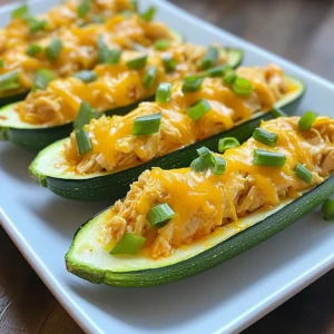 - 4 medium zucchinis - 2 cups cooked chicken, shredded - ½ cup buffalo sauce (adjust for desired heat level) - ½ cup cream cheese, softened to room temperature - 1 cup shredded cheddar cheese, divided - ¼ cup green onions, sliced - 1 teaspoon garlic powder - ½ teaspoon onion powder - Salt and freshly cracked black pepper, to taste You need a few key items to make delicious buffalo chicken stuffed zucchini boats. Zucchini is the star of this dish. You also need cooked chicken, which you can shred easily. Buffalo sauce gives the dish its kick, while cream cheese adds creaminess. Cheddar cheese melts beautifully on top. Green onions add a fresh crunch. - Fresh parsley, chopped (for garnish, optional) Garnishing your boats can elevate the dish. Fresh parsley adds color and flavor. You can also drizzle extra buffalo sauce for more spice. - Large mixing bowl - Spoon for scooping - Baking sheet - Parchment paper Having the right tools makes cooking easier. A large bowl helps mix your filling well. A spoon is key for scooping out zucchini. Parchment paper on your baking sheet makes cleanup quick. {{ingredient_image_2}} Start by preheating your oven to 375°F (190°C). This step is crucial for even cooking. While the oven heats, take your zucchinis. Slice each zucchini in half lengthwise. Use a spoon to scoop out the seeds and some flesh. This creates hollow boats. Save the scooped flesh for a smoothie or sauté. In a large mixing bowl, combine the following ingredients: - 2 cups cooked chicken, shredded - ½ cup buffalo sauce - ½ cup cream cheese, softened - 1 cup shredded cheddar cheese (use ½ cup now) - 1 teaspoon garlic powder - ½ teaspoon onion powder - Salt and pepper to taste Stir these ingredients together until creamy. Make sure everything blends well. This will give your filling a great taste. Now, take your zucchini boats. Generously spoon the buffalo chicken filling into each boat. Pack it in without overflowing. Next, line a baking sheet with parchment paper for easy cleanup. Place the stuffed zucchini boats on the sheet, spacing them well. Top each boat with the remaining ½ cup of shredded cheddar cheese. Now, it's time to bake! Place your baking sheet in the oven. Bake for 25-30 minutes. Look for tender zucchinis and bubbly, golden cheese. Once done, remove from the oven. For a pop of color, sprinkle green onions and parsley on top. Enjoy your tasty Buffalo Chicken Stuffed Zucchini Boats! To cook zucchini just right, pick medium-sized zucchinis. Large ones can be too watery. Cut them in half lengthwise and scoop out seeds gently. This creates a nice boat shape. Baking them at 375°F helps them cook evenly. Check for tenderness after 25 minutes. If they are soft and the cheese is bubbly, they’re ready! Buffalo sauce is key for flavor. If you like it spicy, stick to the recipe. For less heat, use less buffalo sauce. You can mix in a bit of ranch dressing for creaminess. Taste the filling before stuffing the zucchini. Adjust the sauce until it fits your taste. Remember, you can always add more heat, but it’s hard to take it away! Presentation matters! Place the stuffed zucchini on a bright platter. Drizzle extra buffalo sauce around the edges for color. Top with sliced green onions and parsley for a fresh look. Serve them warm, and watch everyone enjoy! This dish pairs well with a simple salad or crusty bread. The flavors balance nicely and make a great meal. Pro Tips Choose Firm Zucchini: To ensure your zucchini boats hold their shape during baking, select firm zucchinis that aren't overripe. Customize the Heat: Adjust the amount of buffalo sauce based on your heat preference. You can also mix in some ranch seasoning for a milder flavor. Use Leftover Chicken: This recipe is a great way to use up leftover rotisserie chicken or any cooked chicken you have on hand. Make Ahead: Prepare the stuffed zucchini boats in advance and store them in the fridge. Bake them just before serving for a quick meal. {{image_4}} You can switch the chicken for other proteins. Try shredded turkey for a lighter touch. Ground beef or pork works well too. Use cooked shrimp for a seafood twist. These options keep the dish fun and tasty. For a vegan version, use chickpeas or lentils in place of chicken. Mix in some chopped veggies like bell peppers or mushrooms for extra flavor. Cream cheese can be swapped with a vegan cream cheese. Nutritional yeast adds a cheesy taste without dairy. Buffalo sauce is classic, but you can try other sauces too. BBQ sauce gives a sweet twist. Teriyaki sauce adds a fun Asian flavor. For cheese, switch cheddar for mozzarella or pepper jack. Each change brings a new taste to your meal. To store your leftover Buffalo Chicken Stuffed Zucchini Boats, let them cool first. Place them in an airtight container. Keep them in the refrigerator for up to three days. Make sure to separate layers with parchment paper to avoid sticking. When you are ready to enjoy the leftovers, preheat your oven to 350°F (175°C). Place the zucchini boats on a baking sheet. Cover them with foil to keep them moist. Heat for about 15-20 minutes. You can also microwave them for 2-3 minutes. Just make sure they are heated through. If you want to freeze them, make sure they are completely cool. Wrap each zucchini boat in plastic wrap. Then place them in a freezer-safe bag. They can last up to three months in the freezer. When you are ready to eat, thaw them overnight in the fridge. Then, reheat them as mentioned above. No, I don’t recommend using raw chicken. Cooked chicken keeps the dish safe and tasty. You can use leftover rotisserie chicken or any cooked chicken. Shred it well before mixing. To spice it up, add more buffalo sauce. You can also mix in diced jalapeños for extra heat. If you like, sprinkle some red pepper flakes on top before serving. You can sauté the leftover zucchini flesh with garlic and onions for a quick side dish. It also works well in smoothies or soups. Just blend it with some broth and your favorite herbs. Yes, you can prepare the filling and stuff the zucchini ahead of time. Store them in the fridge for up to a day. Just bake them right before serving for the best taste. Buffalo Chicken Stuffed Zucchini Boats go great with a fresh salad or roasted veggies. You can also serve them with some crispy sweet potato fries or a cool dip like ranch or blue cheese. Buffalo Chicken Stuffed Zucchini Boats are a tasty dish. We covered the key ingredients, tips, and ways to customize your meal. I shared easy steps to make and store this dish. These boats offer many options for different diets. You can enjoy it fresh or save leftovers. Cooking should be fun and full of flavor. Try making this dish your own! With each bite, you’ll love the mix of flavors. Dive into this recipe, and make your meal unique to you.