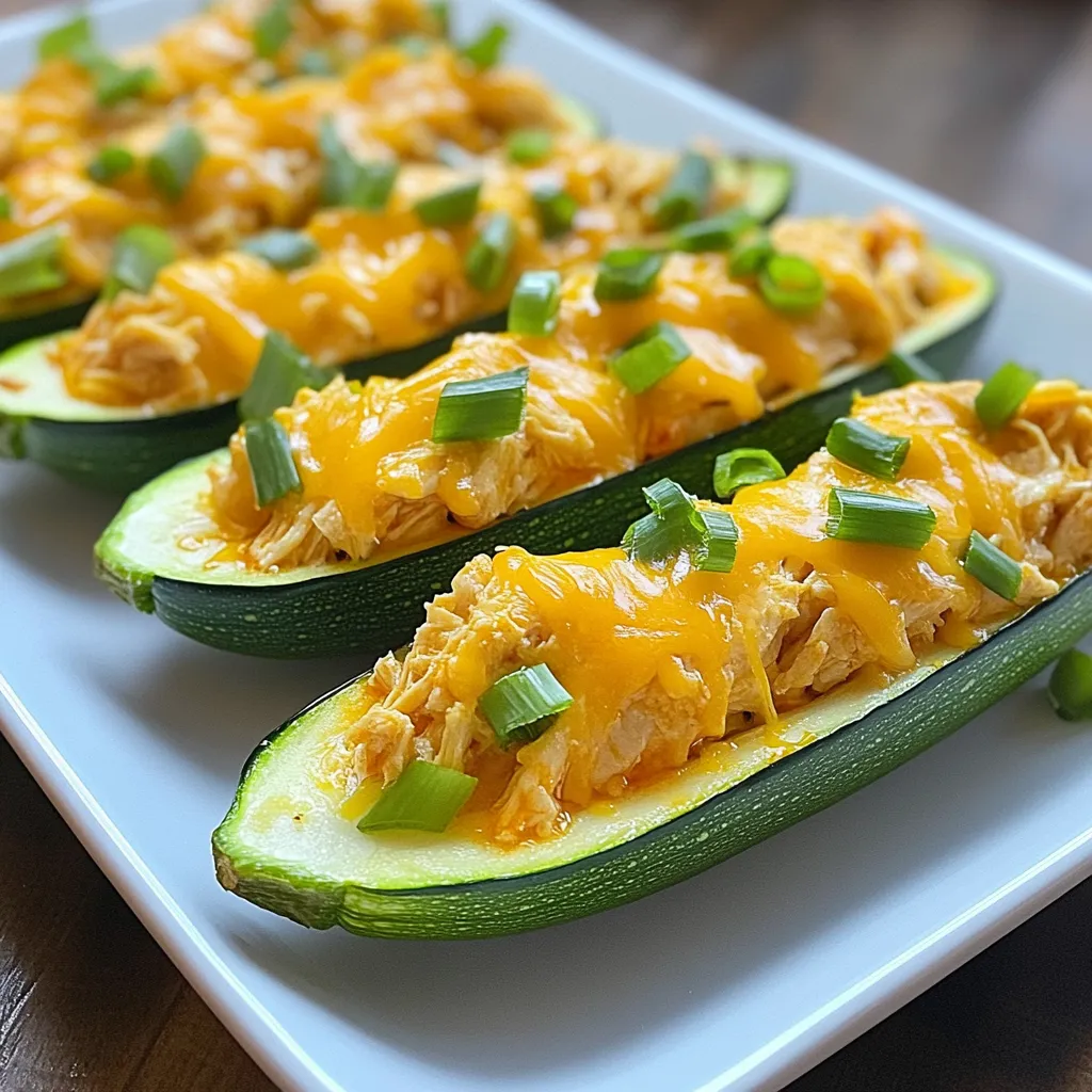 - 4 medium zucchinis - 2 cups cooked chicken, shredded - ½ cup buffalo sauce (adjust for desired heat level) - ½ cup cream cheese, softened to room temperature - 1 cup shredded cheddar cheese, divided - ¼ cup green onions, sliced - 1 teaspoon garlic powder - ½ teaspoon onion powder - Salt and freshly cracked black pepper, to taste You need a few key items to make delicious buffalo chicken stuffed zucchini boats. Zucchini is the star of this dish. You also need cooked chicken, which you can shred easily. Buffalo sauce gives the dish its kick, while cream cheese adds creaminess. Cheddar cheese melts beautifully on top. Green onions add a fresh crunch. - Fresh parsley, chopped (for garnish, optional) Garnishing your boats can elevate the dish. Fresh parsley adds color and flavor. You can also drizzle extra buffalo sauce for more spice. - Large mixing bowl - Spoon for scooping - Baking sheet - Parchment paper Having the right tools makes cooking easier. A large bowl helps mix your filling well. A spoon is key for scooping out zucchini. Parchment paper on your baking sheet makes cleanup quick. {{ingredient_image_2}} Start by preheating your oven to 375°F (190°C). This step is crucial for even cooking. While the oven heats, take your zucchinis. Slice each zucchini in half lengthwise. Use a spoon to scoop out the seeds and some flesh. This creates hollow boats. Save the scooped flesh for a smoothie or sauté. In a large mixing bowl, combine the following ingredients: - 2 cups cooked chicken, shredded - ½ cup buffalo sauce - ½ cup cream cheese, softened - 1 cup shredded cheddar cheese (use ½ cup now) - 1 teaspoon garlic powder - ½ teaspoon onion powder - Salt and pepper to taste Stir these ingredients together until creamy. Make sure everything blends well. This will give your filling a great taste. Now, take your zucchini boats. Generously spoon the buffalo chicken filling into each boat. Pack it in without overflowing. Next, line a baking sheet with parchment paper for easy cleanup. Place the stuffed zucchini boats on the sheet, spacing them well. Top each boat with the remaining ½ cup of shredded cheddar cheese. Now, it's time to bake! Place your baking sheet in the oven. Bake for 25-30 minutes. Look for tender zucchinis and bubbly, golden cheese. Once done, remove from the oven. For a pop of color, sprinkle green onions and parsley on top. Enjoy your tasty Buffalo Chicken Stuffed Zucchini Boats! To cook zucchini just right, pick medium-sized zucchinis. Large ones can be too watery. Cut them in half lengthwise and scoop out seeds gently. This creates a nice boat shape. Baking them at 375°F helps them cook evenly. Check for tenderness after 25 minutes. If they are soft and the cheese is bubbly, they’re ready! Buffalo sauce is key for flavor. If you like it spicy, stick to the recipe. For less heat, use less buffalo sauce. You can mix in a bit of ranch dressing for creaminess. Taste the filling before stuffing the zucchini. Adjust the sauce until it fits your taste. Remember, you can always add more heat, but it’s hard to take it away! Presentation matters! Place the stuffed zucchini on a bright platter. Drizzle extra buffalo sauce around the edges for color. Top with sliced green onions and parsley for a fresh look. Serve them warm, and watch everyone enjoy! This dish pairs well with a simple salad or crusty bread. The flavors balance nicely and make a great meal. Pro Tips Choose Firm Zucchini: To ensure your zucchini boats hold their shape during baking, select firm zucchinis that aren't overripe. Customize the Heat: Adjust the amount of buffalo sauce based on your heat preference. You can also mix in some ranch seasoning for a milder flavor. Use Leftover Chicken: This recipe is a great way to use up leftover rotisserie chicken or any cooked chicken you have on hand. Make Ahead: Prepare the stuffed zucchini boats in advance and store them in the fridge. Bake them just before serving for a quick meal. {{image_4}} You can switch the chicken for other proteins. Try shredded turkey for a lighter touch. Ground beef or pork works well too. Use cooked shrimp for a seafood twist. These options keep the dish fun and tasty. For a vegan version, use chickpeas or lentils in place of chicken. Mix in some chopped veggies like bell peppers or mushrooms for extra flavor. Cream cheese can be swapped with a vegan cream cheese. Nutritional yeast adds a cheesy taste without dairy. Buffalo sauce is classic, but you can try other sauces too. BBQ sauce gives a sweet twist. Teriyaki sauce adds a fun Asian flavor. For cheese, switch cheddar for mozzarella or pepper jack. Each change brings a new taste to your meal. To store your leftover Buffalo Chicken Stuffed Zucchini Boats, let them cool first. Place them in an airtight container. Keep them in the refrigerator for up to three days. Make sure to separate layers with parchment paper to avoid sticking. When you are ready to enjoy the leftovers, preheat your oven to 350°F (175°C). Place the zucchini boats on a baking sheet. Cover them with foil to keep them moist. Heat for about 15-20 minutes. You can also microwave them for 2-3 minutes. Just make sure they are heated through. If you want to freeze them, make sure they are completely cool. Wrap each zucchini boat in plastic wrap. Then place them in a freezer-safe bag. They can last up to three months in the freezer. When you are ready to eat, thaw them overnight in the fridge. Then, reheat them as mentioned above. No, I don’t recommend using raw chicken. Cooked chicken keeps the dish safe and tasty. You can use leftover rotisserie chicken or any cooked chicken. Shred it well before mixing. To spice it up, add more buffalo sauce. You can also mix in diced jalapeños for extra heat. If you like, sprinkle some red pepper flakes on top before serving. You can sauté the leftover zucchini flesh with garlic and onions for a quick side dish. It also works well in smoothies or soups. Just blend it with some broth and your favorite herbs. Yes, you can prepare the filling and stuff the zucchini ahead of time. Store them in the fridge for up to a day. Just bake them right before serving for the best taste. Buffalo Chicken Stuffed Zucchini Boats go great with a fresh salad or roasted veggies. You can also serve them with some crispy sweet potato fries or a cool dip like ranch or blue cheese. Buffalo Chicken Stuffed Zucchini Boats are a tasty dish. We covered the key ingredients, tips, and ways to customize your meal. I shared easy steps to make and store this dish. These boats offer many options for different diets. You can enjoy it fresh or save leftovers. Cooking should be fun and full of flavor. Try making this dish your own! With each bite, you’ll love the mix of flavors. Dive into this recipe, and make your meal unique to you.
