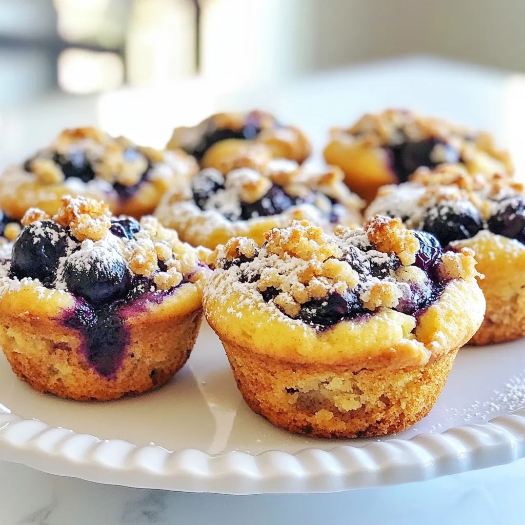 - 1 &frac12; cups all-purpose flour - &frac12; cup granulated sugar - &frac12; teaspoon baking powder - &frac12; teaspoon baking soda - &frac14; teaspoon salt - 1 large egg - &frac34; cup buttermilk (or milk with vinegar) - &frac12; cup unsalted butter, melted - 1 cup fresh blueberries - &frac12; cup rolled oats - &frac12; cup brown sugar - &frac12; teaspoon ground cinnamon Gathering ingredients is the first step to making these muffins. You need simple items that are easy to find. I love using fresh blueberries for their juicy pop. If you want, you can use frozen ones too; just make sure to thaw and drain them first. You&rsquo;ll also need all-purpose flour, sugar, and butter to create a rich base. The buttermilk adds a nice tang and keeps the muffins moist. Baking powder and soda help them rise, while cinnamon gives a warm spice. Don&rsquo;t forget the oats for that crunchy topping! The brown sugar adds sweetness and depth. Each ingredient plays a vital role in making these muffins a delight. {{ingredient_image_2}} Set your oven to 375&deg;F (190&deg;C). This temperature helps the muffins rise nicely. Prepare your muffin tin by lining it with paper liners or greasing each cup with butter or non-stick spray. This step keeps the muffins from sticking. In a large bowl, combine 1 &frac12; cups all-purpose flour, &frac12; cup granulated sugar, &frac12; teaspoon baking powder, &frac12; teaspoon baking soda, and &frac14; teaspoon salt. Whisk these dry ingredients together until they mix well. This ensures an even bake and great flavor. In a separate bowl, crack one large egg and whisk it until slightly frothy. Next, add &frac34; cup buttermilk or the milk and vinegar mix. Pour in &frac12; cup melted butter. Whisk these wet ingredients until smooth. Melted butter adds moisture and flavor. Pour the wet mixture into the dry ingredients. Use a spatula to gently fold them together. Be careful not to overmix, as this can make the muffins dense. Gently add 1 cup of fresh blueberries. Incorporate them without mashing to keep them whole. In a small bowl, mix &frac12; cup rolled oats, &frac12; cup packed brown sugar, and &frac12; teaspoon ground cinnamon. Drizzle in about 2 tablespoons of melted butter. Mix until crumbly. This topping adds a delightful crunch to each muffin. Spoon the batter into the prepared muffin tin. Fill each cup about &frac34; full. This allows room for the muffins to rise and expand during baking. A good fill ensures a nice dome shape. Sprinkle the crumble topping evenly over each muffin. This step is important for that crunchy texture. Make sure every muffin gets a good layer of topping for the best flavor. Place the muffin tin in the preheated oven. Bake for 18-20 minutes. To check for doneness, insert a toothpick into the center of a muffin. It should come out clean or with a few moist crumbs. Once done, cool the muffins in the tin for 5 minutes. Then, transfer them to a wire rack to cool completely. This helps achieve the perfect texture. To keep your muffins light, avoid overmixing the batter. Just mix until the dry and wet ingredients blend. If you stir too much, the muffins may turn out dense. Use fresh blueberries for a burst of flavor. Rinse and dry them gently to prevent excess moisture. For short-term storage, keep muffins at room temperature in a sealed container. They stay fresh for about two days. For longer storage, place them in the fridge. This keeps them good for up to a week. You can also freeze muffins for several months. Wrap each muffin in plastic wrap and place them in a freezer bag. You can add spices like nutmeg or ginger for extra flavor. Try mixing in some lemon zest for a fresh hint. Chopped nuts or chocolate chips also work well. These add texture and taste. Feel free to experiment with different flavors to make your muffins unique! Pro Tips Use Fresh Blueberries: For the best flavor and texture, always opt for fresh blueberries. Frozen blueberries can release too much moisture and alter the consistency of the muffins. Don&rsquo;t Overmix: When combining wet and dry ingredients, mix just until incorporated. Overmixing can lead to dense and tough muffins. Check for Doneness: Insert a toothpick into the center of a muffin to test for doneness. If it comes out clean or with a few moist crumbs, your muffins are ready! Add a Citrus Zest: For an extra layer of flavor, consider adding a teaspoon of lemon or orange zest to the batter. It complements the blueberries beautifully. {{image_4}} You can change the fruit in blueberry crumble muffins. Raspberries or blackberries work well too. You could also mix fruits, like using blueberries and strawberries together. Each fruit brings its flavor and sweetness to your muffins. If you need gluten-free muffins, swap all-purpose flour for a gluten-free blend. Check the brand for best results. For a dairy-free option, replace buttermilk with a plant-based milk. Almond milk or oat milk will work great. Adding nuts can give your muffins a nice crunch. Chopped walnuts or pecans enhance the texture. If you love chocolate, mix in chocolate chips. They melt and create pockets of sweetness in each muffin. You can store blueberry crumble muffins at room temperature. Place them in an airtight container. This keeps them fresh for up to three days. Make sure they cool completely before storing. Warm muffins can create moisture, making them soggy. If you want to keep muffins fresh longer, refrigerate them. Store them in an airtight container or a zip-top bag. They will last for about one week in the fridge. Before enjoying, warm them in the microwave for about 15 seconds. This helps revive their soft texture. Freezing muffins is a great option for long-term storage. First, let them cool completely. Then, wrap each muffin in plastic wrap. Place the wrapped muffins in a freezer bag. They can stay frozen for up to three months. To thaw, remove them from the freezer. Leave them in the fridge overnight or microwave them for a quick snack. Yes, you can use frozen blueberries in your muffins. Just keep a few tips in mind: - Do not thaw: Use them straight from the freezer. Thawing can make them mushy. - Adjust baking time: Add a couple of minutes to the baking time for best results. - Coat with flour: Toss the frozen blueberries in a bit of flour before adding them to the batter. This helps prevent them from sinking. Using frozen blueberries can save you time and still give you tasty muffins. To check if your muffins are done, use a toothpick. Here&rsquo;s how: - Insert a toothpick into the center of a muffin. - If it comes out clean or with just a few crumbs, they are ready. - If the toothpick has wet batter on it, bake for a few more minutes. Remember, muffins continue to cook a little after you take them out of the oven. Yes, you can make blueberry crumble muffins ahead of time. Here&rsquo;s how: - Baking: Bake the muffins and cool them completely. - Storage: Store them in an airtight container at room temperature for up to 3 days. - Freezing: For longer storage, wrap each muffin in plastic wrap and freeze them. They can last up to 3 months. When you want one, just take it out and let it thaw. You can warm it in the microwave for a few seconds to enjoy! You now know how to make delicious blueberry muffins from scratch. We covered the key ingredients, step-by-step instructions, and tips for success. I shared how to store these muffins for the best taste and freshness. You can explore fun variations to suit your tastes. With this guide, you can bake perfect muffins every time. Enjoy sharing your delicious creations with family and friends!