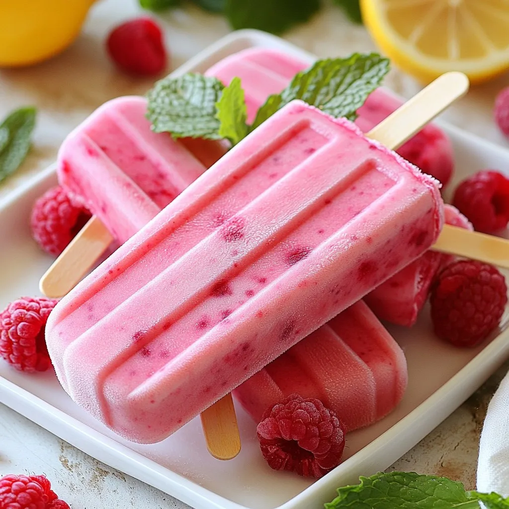 - 2 cups fresh raspberries - 1 cup freshly squeezed lemon juice - ½ cup honey or agave syrup - 1 cup of water - 1 teaspoon freshly grated lemon zest - Optional toppings, such as fresh mint leaves Fresh ingredients make your raspberry lemonade popsicles taste amazing. I always use ripe raspberries. They add a bright color and sweet flavor. For the lemons, fresh-squeezed juice works best. It gives a zesty punch to the popsicles. When choosing honey or agave syrup, think about your taste. Honey is thicker and richer. Agave is lighter and milder. Both sweeteners blend well with the tart lemon. The water helps mix the flavors and makes it easy to pour. Don’t forget the lemon zest! It adds a burst of aroma and flavor. Using fresh mint leaves as a topping can elevate your popsicles. The mint brings a cool contrast to the sweet and tart flavors. With these fresh ingredients, you set the stage for a delightful summer treat. Each bite of these popsicles will be refreshing and full of flavor. {{ingredient_image_2}} - Start by adding 2 cups of fresh raspberries and 1 cup of water into a blender. - Blend the mixture on high speed until it is fully smooth. - Next, take a fine mesh sieve and set it over a bowl. - Pour the blended raspberry mixture into the sieve. - Use a spatula to press down on the solids, extracting as much juice as you can. - In a separate bowl, mix 1 cup of freshly squeezed lemon juice with ½ cup of honey or agave syrup. - Add 1 teaspoon of freshly grated lemon zest for extra flavor. - Stir the mixture well until the sweetener fully dissolves in the lemon juice. - Now, pour the strained raspberry juice into the bowl with the lemonade base. - Stir gently to blend the two liquids together for a balanced taste. - Carefully pour this mixture into your popsicle molds, filling each cavity about three-quarters full. - If your molds come with sticks, insert them as per the instructions. - Freeze the molds for at least 6 hours or until the popsicles are solid. - When ready to enjoy, run warm water over the outside of the molds for 10-15 seconds to loosen the popsicles. - Gently pull them out, taking care to keep them intact. - Adjust sweetness to your taste. You can use more or less honey. - Always choose fresh, high-quality ingredients for the best flavor. Ripe berries and fresh lemons make a difference. - Garnish your popsicles with mint leaves and whole raspberries. This adds color and a nice touch. - Serve them on a vibrant plate. It makes the dish more appealing and fun to eat. - To avoid popsicles sticking to molds, run warm water over the outside for a few seconds. This helps loosen them. - For a smooth mixture, blend well and strain properly. This ensures a nice, creamy popsicle without seeds. Pro Tips Use Frozen Raspberries: If fresh raspberries are unavailable, feel free to substitute with frozen raspberries. Just ensure they are thawed and drained before blending for the best texture. Adjust Sweetness: Taste the mixture before pouring into molds. If you prefer a sweeter popsicle, add more honey or agave syrup gradually until it reaches your desired taste. Layering Flavors: For a fun twist, you can create layers by partially filling the molds with raspberry mixture, freezing for a bit, then adding lemon mixture on top before freezing completely. Storage Tips: To keep your popsicles fresh, wrap them in plastic wrap or place them in a resealable bag before storing them in the freezer. This prevents freezer burn and helps maintain flavor. {{image_4}} You can make your popsicles even better by adding more flavors. Try mixing in some lemon zest for a zesty kick. You can also add strawberries for a sweet twist. If you want to be more adventurous, consider using herbs like basil or mint. These herbs can give your popsicles a fresh taste that surprises everyone. If you want to change the sweetener, you have options. Maple syrup or agave syrup are great choices. They can replace honey but keep the taste nice. If you're looking for a healthier option, consider stevia. It has no calories and still tastes sweet. Many people enjoy these sugar-free options for a guilt-free treat. Get creative with your popsicle molds! You don’t have to stick to the usual shapes. Use fun or different molds to make unique popsicles. You can even create layered popsicles. Just pour one flavor, freeze it, then add another layer. This makes your popsicles look amazing and taste great too! To keep your raspberry lemonade popsicles fresh, store them in airtight containers or wrap them in plastic. This helps keep out air and moisture. I recommend freezing them for at least six hours. This time ensures they set well and taste great. When you want to enjoy a popsicle, run warm water over the outside of the mold for about 10-15 seconds. This makes it easier to remove them. Avoid using a knife or force, as this can break the popsicles. Let them sit for a minute if they still feel stuck. You can store your popsicles in the freezer for about two months. After that, they may lose some flavor and texture. Watch for signs of freezer burn, like ice crystals on the surface. To prevent this, ensure they are well sealed before freezing. Raspberry lemonade popsicles need at least 6 hours to freeze. This time ensures they are solid and easy to remove from molds. If you want the best texture, let them freeze overnight. A longer freeze improves the popsicle's firmness and taste. Yes, these popsicles are dairy-free. The recipe uses fresh fruits and natural sweeteners, making it great for everyone. You can enjoy these popsicles without any dairy products. They fit well into vegan and lactose-intolerant diets. Silicone molds are the best choice for popsicles. They make it easy to remove the frozen treats without breaking them. Plastic molds work too, but they can be tricky. Look for molds with built-in sticks for easy handling. Raspberry lemonade popsicles are a fun and tasty treat. You learned about the fresh ingredients and simple steps to make them. Remember to mix and freeze properly for the best popsicles. Don't stress about making them perfect; adjust sweetness to your liking. Feel free to try different fruits and flavors. Store them well for freshness, and enjoy them anytime. With these tips, you can create tasty popsicles that impress everyone. Now, go make yours and enjoy a cool treat!