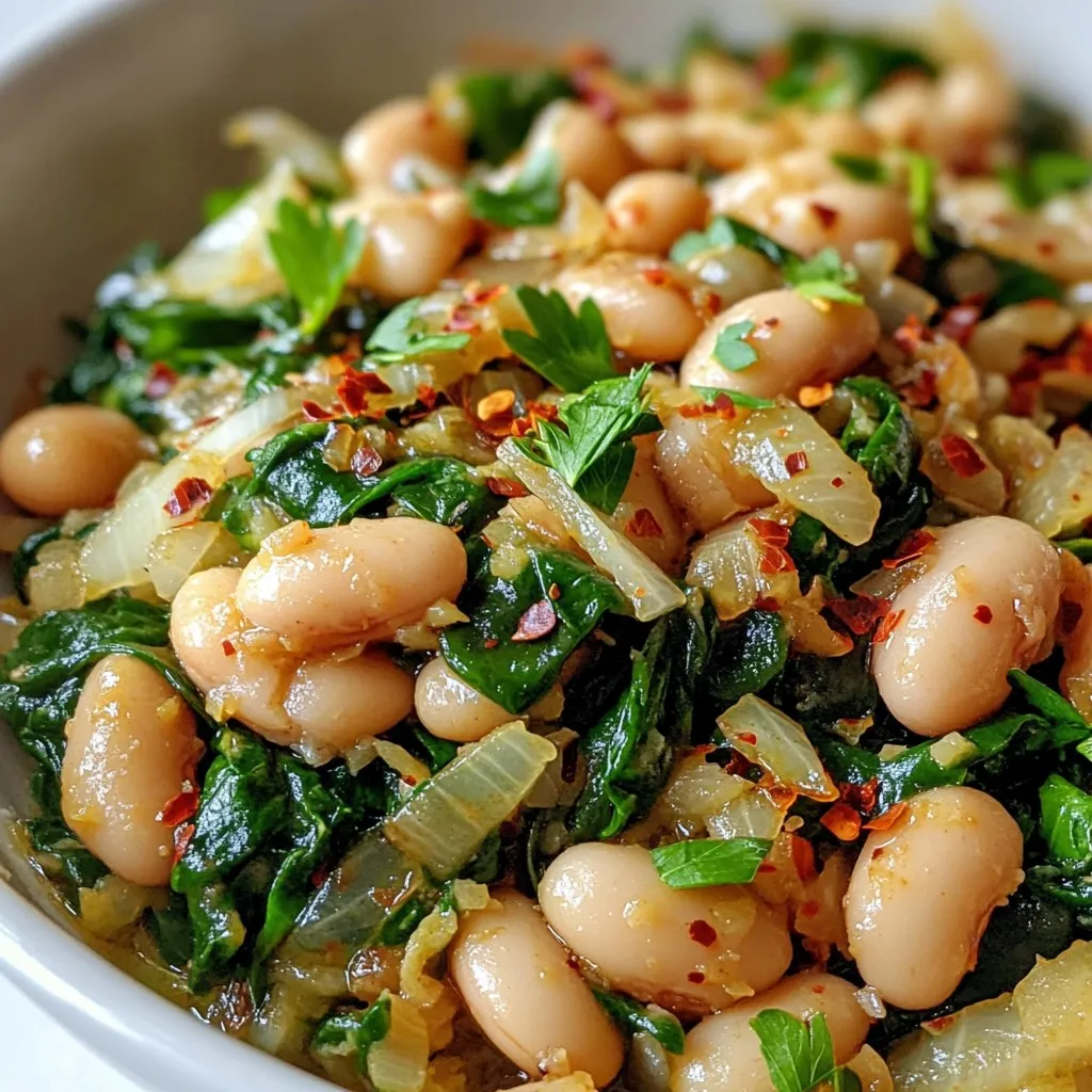 - 2 cans (15 oz each) white beans (cannellini or great northern), rinsed and drained - 4 cups fresh spinach, roughly chopped - 1 medium yellow onion, diced - 3 cloves garlic, minced - 1 teaspoon ground cumin - 1 teaspoon smoked paprika - ½ teaspoon red pepper flakes (adjust to taste) - Salt and pepper - 2 tablespoons olive oil - 1 cup vegetable broth - Juice of 1 lemon - Fresh parsley, chopped, for garnish This dish brings together simple yet flavorful ingredients. The white beans offer a creamy texture. They serve as the heart of the dish. Fresh spinach adds a bright green color and nutrients. The yellow onion and garlic build a savory base. The spices elevate the flavor profile. Ground cumin gives warmth and depth. Smoked paprika adds a hint of smokiness. Red pepper flakes can give a little kick. Adjust them to your taste. Olive oil helps to sauté and brings richness. Vegetable broth adds moisture and flavor. A squeeze of lemon juice brightens the dish. Finally, fresh parsley adds a pop of color and freshness. Each ingredient plays a role in making this skillet delightful. You can easily find them at your local store. {{ingredient_image_2}} - Rinse and drain the white beans. - Chop the spinach and onion. - Mince the garlic. First, you need to prepare your ingredients. Rinse the white beans well in a colander. This step removes extra salt and liquid. Next, chop the spinach into small pieces. A rough chop works well. Dice the onion into small cubes for even cooking. Finally, mince the garlic. This adds a strong flavor to the dish. - Sautéing onion and garlic. - Adding spices and beans. - Simmering with vegetable broth. In a large skillet, heat the olive oil over medium heat. Once the oil shimmers, add the diced onion. Sauté it for about five minutes. You want the onion to be soft and clear. Then, add the minced garlic along with cumin, smoked paprika, and red pepper flakes. Stir well to mix the flavors. Cook for one more minute until it smells great. Next, add the rinsed white beans to the skillet. Stir them into the onion and spice mixture. Pour the vegetable broth in and mix. Bring this to a gentle simmer. Let it cook for about five minutes. Stir occasionally to prevent sticking. - Incorporating spinach and seasoning. - Garnishing with parsley. Gradually add the chopped spinach to the skillet. Stir it in until the spinach wilts down completely. This should take about two to three minutes. Squeeze the juice of one lemon over the dish. Mix it in well. Taste and adjust with salt and pepper as needed. Remove the skillet from the heat. Just before serving, sprinkle freshly chopped parsley on top. This adds a nice touch and fresh taste. Serve the dish straight from the skillet for a rustic look. Enjoy your meal! How to avoid burning garlic To keep garlic from burning, add it after the onion softens. This way, it cooks gently and stays sweet. Stir it often, just for a minute until it smells good. Ensuring beans are heated through When adding beans, stir them well. Pour in vegetable broth and keep the heat low. Let the mixture simmer for about five minutes. This warms the beans without drying them out. Serving suggestions for visual appeal Serve the skillet dish straight from the pan. It looks rustic and inviting. You can also add a drizzle of olive oil on top for shine. Pairing ideas with bread and quinoa This dish pairs well with warm, crusty bread. You can also serve it over fluffy quinoa. The bread adds a nice crunch, while quinoa adds a soft texture. Adjusting spice levels To change the spice, add more or less red pepper flakes. Start with a small amount. You can always add more if you want extra heat. Balancing acidity with lemon juice Fresh lemon juice brightens the dish. Squeeze it in at the end. Taste it and add more if needed. The right amount makes the flavors pop. Pro Tips Use Fresh Spinach: Fresh spinach not only enhances the flavor but also adds vibrant color to your dish. If using frozen spinach, ensure it is well-drained to avoid excess moisture. Customize Spice Levels: Adjust the amount of red pepper flakes to suit your spice tolerance. For a milder version, start with half the amount and add more as desired. Enhance with Herbs: Feel free to experiment with other herbs like thyme or basil. Adding them can elevate the flavor profile and add a fresh aroma. Perfect Pairings: This dish pairs wonderfully with crusty bread or over a bed of quinoa. Consider serving with a side salad for a complete meal. {{image_4}} You can switch the white beans for other types. Great options are navy beans or chickpeas. Each bean adds a unique taste and texture. Varying greens can change the dish too. Try kale, Swiss chard, or arugula for a new twist. These greens bring different flavors and nutrients. You can also add bell peppers or zucchini for extra color and crunch. For a vegan version, this dish is already perfect. Just ensure your vegetable broth is plant-based. You can also add tofu or tempeh for protein. If you need gluten-free options, ensure the vegetable broth is gluten-free. This dish usually fits in many diets, so feel free to adjust. You can serve this dish as a main course or a side. As a main dish, add a grain like quinoa or rice. This will make it heartier and more filling. If you prefer, you can turn it into a soup. Just add more vegetable broth until it reaches your desired consistency. This keeps the flavors while changing the texture, making it warm and comforting. To store leftovers, let the dish cool down first. Transfer it to an airtight container. You can keep it in the refrigerator for up to three days. Make sure to seal it tightly to keep the flavors fresh. For freezing, portion the dish into smaller containers. This makes reheating easier. Make sure to leave some space at the top of each container. This allows for expansion when freezing. You can freeze it for up to three months. To reheat, thaw it overnight in the fridge. Warm it on the stove over low heat, stirring often. Marry Me White Bean and Spinach Skillet lasts well in the fridge for about three days. If frozen, it can stay good for three months. Always check for any signs of spoilage before eating. If it smells off or looks strange, it’s best to toss it out. Enjoy your delicious meal while it’s fresh! You can serve this dish with a variety of sides. Here are some great options: - Crusty bread for dipping - Fluffy quinoa for added texture - A fresh green salad for crunch - Roasted vegetables for extra flavor Each option pairs well and makes your meal more filling. Yes, you can use frozen spinach. Here are some pros and cons: Advantages: - Frozen spinach is often cheaper. - It has a long shelf life. - It is pre-washed and chopped. Disadvantages: - Frozen spinach has more water, which can dilute the dish. - It may not have the same fresh taste. If you use frozen spinach, make sure to thaw and drain it first. This helps avoid excess water in your skillet. You can control the spice level easily. Here are some tips: - To make it spicier: - Add more red pepper flakes. - Include a dash of hot sauce. - To make it milder: - Reduce the red pepper flakes. - Skip the hot sauce. Adjust according to your taste. Enjoy the cooking adventure! In this post, we covered a simple and tasty white bean and spinach skillet. We discussed key ingredients like beans, spices, and fresh greens. I shared easy steps for cooking and tips for presentation. You can even adjust the recipe for your taste or dietary needs. Remember, this dish is great for any meal and can be stored for later use. Enjoy making it your own while exploring different flavors. Happy cooking!