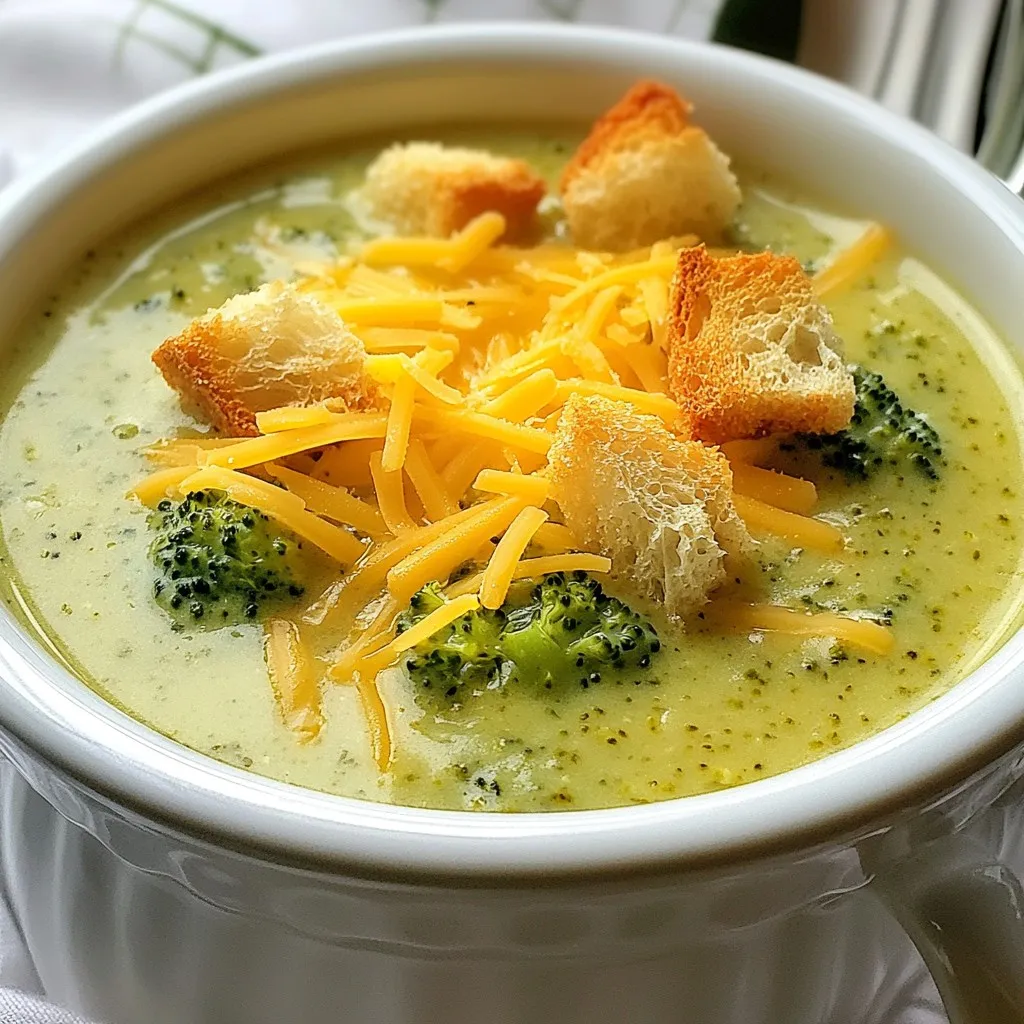 - 4 cups fresh broccoli florets - 1 medium onion, finely diced - 2 cloves garlic, minced - 3 cups vegetable broth - 1 cup heavy cream - 2 cups sharp cheddar cheese, freshly shredded - 1 tablespoon olive oil - 1 teaspoon mustard powder - ½ teaspoon freshly ground black pepper - Salt to taste - Croutons for garnish (optional) To make creamy broccoli cheddar soup, you need fresh, simple ingredients. Start with the broccoli. Use 4 cups of fresh florets for the best taste. Then, grab 1 medium onion and dice it finely. This adds a nice base flavor. Don’t forget 2 cloves of garlic. Mince them well for an aromatic kick. Next, you will need your dairy. Use 3 cups of vegetable broth to create the soup's body. Add 1 cup of heavy cream for richness. This gives the soup its creamy texture. Finally, you will need 2 cups of sharp cheddar cheese. Shred it fresh for the best melt. For flavor, you will need 1 tablespoon of olive oil to sauté the veggies. Add 1 teaspoon of mustard powder for a subtle zing. A ½ teaspoon of freshly ground black pepper adds warmth. Adjust salt to your taste. If you like, top the soup with croutons for crunch. They add fun texture and flavor to each bite. {{ingredient_image_2}} To start, heat one tablespoon of olive oil in a large pot over medium heat. Add the finely diced onion to the pot. Sauté the onion for about five minutes. Stir it often. You want the onion to become soft and clear. Next, it’s time to add the garlic. Mince two cloves of garlic and put them into the pot. Keep sautéing for one more minute. The garlic will start to smell great. This step adds a lot of flavor to your soup. Now, add the fresh broccoli florets to the pot. Pour in three cups of vegetable broth at the same time. Turn up the heat until the mixture boils. Once it's boiling, lower the heat. Let it simmer for about 10 to 15 minutes. The broccoli should become fork-tender. After the broccoli is cooked, use an immersion blender to purée the soup. Blend it until it is smooth. If you don’t have an immersion blender, carefully pour the hot soup into a traditional blender. Make sure to leave the lid slightly open to let steam escape. Once blended, pour the smooth soup back into the pot. Keep the heat low. Stir in one cup of heavy cream and two cups of freshly shredded sharp cheddar cheese. Add one teaspoon of mustard powder and half a teaspoon of black pepper. Mix until the cheese melts and the soup is creamy. Before serving, taste the soup. Adjust the seasoning as needed. You may want to add more salt or pepper. This is your chance to make it perfect before you enjoy it! To get a smooth soup, start with an immersion blender. It’s easy and quick. If you don’t have one, use a regular blender. Just be careful! Always let some steam escape. Blend in small batches and fill the blender halfway to avoid spills. Blend until it looks creamy and there are no chunks left. For added taste, try using spices like paprika or a pinch of cayenne pepper. You can also add fresh herbs like thyme or basil. These ingredients give your soup a unique twist. Experiment with flavors that you enjoy. A squeeze of lemon juice can brighten the dish, too. Serving is just as important as cooking. For a nice touch, drizzle some cream on top of the soup. A sprinkle of cheddar cheese adds color and richness. Croutons are great for crunch. Pair your soup with fresh bread for a complete meal. These small details make your dish look inviting and tasty! Pro Tips Use Fresh Broccoli: For the best flavor and texture, always opt for fresh broccoli florets rather than frozen. Fresh broccoli retains more nutrients and provides a vibrant taste. Cheese Choices: Experiment with different types of cheese! While sharp cheddar adds a great flavor, you can mix in Gruyère or Monterey Jack for a unique twist on the soup. Texture Variations: If you prefer a chunkier soup, reserve some broccoli florets before blending. Add them back after blending for added texture and visual appeal. Make it Ahead: This soup can be made in advance and stored in the refrigerator for up to three days. Just reheat gently on the stove, adding a splash of cream if needed to restore its creaminess. {{image_4}} You can switch up the cheese for different tastes. Try using Gruyère or Fontina for a creamy twist. Pepper Jack adds a spicy kick. You can also use a mix of cheeses for a flavor explosion. Each cheese melts differently, so feel free to experiment. Want to make your soup heartier? You can add cooked chicken or beans. Shredded rotisserie chicken works great. If you prefer beans, try white beans or chickpeas. Both options give you extra protein and make the soup filling. Just stir them in after blending. To make a plant-based soup, swap the heavy cream with coconut milk or cashew cream. Use vegetable broth to keep it vegan. You can also replace the cheese with nutritional yeast for a cheesy flavor. These swaps keep the soup tasty while meeting dietary needs. To store leftover soup, let it cool first. Pour the soup into an airtight container. Make sure it is sealed well. Place it in the fridge. This soup will stay fresh for about 3 to 4 days. When you are ready to eat, reheat it on the stove or in the microwave. To freeze, first let the soup cool down. Then, use freezer-safe containers or bags. Leave some space at the top for expansion. You can freeze the soup for up to 3 months. To reheat, let it thaw overnight in the fridge. Heat it on the stove over low heat. Stir often so it warms evenly. This soup lasts well in the fridge for 3 to 4 days. If frozen, it can last up to 3 months. Keep an eye on color and smell. If it looks off or smells strange, it’s best to toss it. Always check before consuming leftovers. Yes, you can use frozen broccoli. Frozen broccoli can save time and reduce waste. However, fresh broccoli has a better taste and texture. Fresh broccoli stays crisp when cooked. Frozen broccoli may become softer and mushy. If you choose frozen, adjust cooking time. Cook it just until heated through to keep some texture. If you want a lighter soup, use whole milk or half-and-half. You can also try coconut milk for a dairy-free option. Silken tofu blended with broth can add creaminess too. These options will change the flavor slightly, but they work well. Choose what suits your diet or taste best. To add heat, include red pepper flakes or a dash of cayenne. You could also stir in hot sauce to taste. If you like fresh flavors, add jalapeños or a pinch of chili powder. Start with a little, then taste and adjust. This way, you control how spicy you want it. Absolutely! Carrots, cauliflower, or spinach can enhance the soup. Add these veggies during the cooking step. You may need to adjust cooking times for different veggies. For example, carrots may need a bit longer to cook. Adding more colors and flavors makes the soup fun and tasty! This post covered how to make a delicious broccoli soup. We explored each ingredient, from fresh broccoli to rich cheddar. I shared steps to cook and blend for a creamy texture. You now have tips for flavor and presentation, plus variations to try. So, get cooking! Enjoy this soup warm or even as leftovers. Explore the options to make it your own. Simple changes can lead to new favorites. Enjoy making this dish that’s both tasty and easy!
