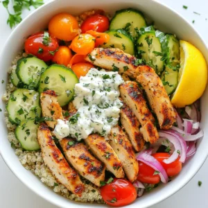 - Chicken and Marinade Components - 2 chicken breasts, cut into strips - 2 tablespoons extra virgin olive oil - 3 cloves of garlic, finely minced - 1 teaspoon dried oregano - 1 teaspoon smoked paprika - Sea salt and freshly cracked pepper to taste - Quinoa and Vegetable Ingredients - 1 cup quinoa, thoroughly rinsed and drained - 2 cups vegetable broth (or water) - 1 cup cherry tomatoes, halved - 1 cucumber, diced into small pieces - ½ red onion, thinly sliced - Toppings and Garnishes - 1 cup feta cheese, crumbled - ¼ cup fresh parsley, roughly chopped - Zest and juice of 1 lemon - Creamy tzatziki sauce for drizzling Gathering these ingredients is key to a tasty Greek Chicken Gyro Bowl. Each item plays a role in flavor and texture. The chicken is marinated to soak up those rich flavors. Quinoa serves as a hearty base. Fresh veggies add crunch and color. Finally, toppings like feta and tzatziki make your dish shine. Trust me, these bowls will impress! {{ingredient_image_2}} To start, I mix the chicken strips with olive oil, minced garlic, dried oregano, smoked paprika, sea salt, and pepper in a medium bowl. I ensure all the chicken gets coated well. This marinade gives the chicken a burst of flavor. Cover the bowl and refrigerate for at least 30 minutes. This helps the chicken absorb all the tasty spices. I bring 2 cups of vegetable broth to a boil in a medium saucepan. Once it bubbles, I add 1 cup of rinsed quinoa. Lower the heat to a gentle simmer and cover it. I let it cook for about 15 minutes until all the liquid is gone. After it’s done, I fluff the quinoa with a fork. This makes it light and fluffy, perfect for the bowl. In a large skillet, I heat it over medium-high heat and add the marinated chicken. I cook it for 6-8 minutes, stirring often. I want to see a nice golden brown color on the chicken. This shows it’s cooked through and ready to enjoy. While the chicken cooks, I chop the fresh toppings. I slice the cherry tomatoes in half, dice the cucumber, and thinly slice the red onion. I keep these toppings fresh and colorful. They add crunch and flavor to my gyro bowls. Now, it’s time to layer the ingredients! In individual serving bowls, I start with a generous scoop of quinoa as the base. Next, I add the sautéed chicken on top. Then, I pile on the diced cucumber, halved cherry tomatoes, sliced red onion, crumbled feta cheese, and a sprinkle of fresh parsley. This makes the bowl look bright and inviting. For the finishing touch, I drizzle fresh lemon juice over each bowl. Then, I swirl on some creamy tzatziki sauce. To brighten the flavors even more, I sprinkle lemon zest on top. This adds a refreshing burst to every bite. Recommended Marinade Time for Best Flavor For the best taste, marinate the chicken for at least 30 minutes. This allows the flavors to seep in. If you have more time, marinate for up to 2 hours. Longer marination adds extra depth to your dish. Alternative Ingredients for Customization You can change the marinade to fit your taste. Try adding lemon zest or switching smoked paprika for sweet paprika. If you like heat, add a pinch of cayenne pepper. Experiment with fresh herbs like thyme or rosemary for a unique twist. Avoiding Undercooked or Overcooked Quinoa To cook quinoa perfectly, use a 1:2 ratio of quinoa to liquid. If you use 1 cup of quinoa, add 2 cups of vegetable broth. Bring it to a boil, then reduce to simmer for 15 minutes. Don’t lift the lid while it cooks! This keeps the steam in for fluffy quinoa. Best Practices for Rinse and Drain Always rinse quinoa before cooking. Place it in a fine mesh strainer and rinse under cold water. This removes bitter saponins and improves the taste. Drain it well to avoid excess water in your dish. Knowing When the Chicken Is Fully Cooked Cook chicken until it reaches an internal temperature of 165°F. Use a meat thermometer for accuracy. The chicken should be golden brown on the outside and no longer pink inside. Tips for Keeping Chicken Moist To keep chicken juicy, avoid overcooking. Let it rest for a few minutes after cooking. This allows the juices to redistribute throughout the meat, making each bite tender and flavorful. Pro Tips Marinate Longer for Flavor: For an even richer flavor, consider marinating the chicken for 1-2 hours or even overnight. This allows the spices and olive oil to penetrate the meat more deeply. Quinoa Cooking Tip: Always rinse quinoa before cooking to remove its natural coating, called saponin, which can impart a bitter taste. This step is crucial for achieving a pleasant flavor. Fresh Ingredients Matter: Use the freshest vegetables and herbs you can find to enhance the overall taste of your gyro bowls. Fresh ingredients provide vibrant colors and better textures. Tzatziki Twist: For a unique flavor, try adding a hint of dill or mint to your tzatziki sauce. This addition can elevate the taste profile and provide refreshing notes. {{image_4}} You can change the protein in your Greek chicken gyro bowls. Turkey works well instead of chicken. It has a light taste and cooks fast. You can also try tofu for a plant-based option. Tofu absorbs flavors well, making it a great choice. Quinoa is great, but other grains can work too. Brown rice adds a nutty flavor and is filling. Barley gives a chewy texture and is rich in fiber. If you want to cut carbs, try cauliflower rice. It cooks quickly and has a mild taste. Mix in extra veggies for a colorful bowl. Bell peppers, olives, or spinach are great options. You can also try different cheeses, like goat cheese or ricotta. For added flavor, sprinkle some spices like cumin or paprika. A drizzle of spicy harissa sauce adds a nice kick too! To keep your Greek chicken gyro bowls fresh, store them in airtight containers. This helps prevent moisture loss. Make sure the chicken, quinoa, and veggies cool down before sealing. If you have any tzatziki sauce left, store it separately to maintain its creamy texture. Use these recommended containers for best results: - Glass containers with tight lids - BPA-free plastic containers - Silicone bags for easy storage When it’s time to enjoy your leftovers, the best way to reheat chicken and quinoa is in the oven or on the stove. This keeps the chicken juicy and the quinoa fluffy. Use these methods for the best results: - Oven: Preheat to 350°F (175°C). Place the chicken and quinoa in an oven-safe dish. Cover with foil and heat for about 15-20 minutes. - Stove: In a skillet, add a splash of water or broth. Heat over medium-low heat, stirring occasionally, until warmed through. To avoid soggy vegetables, reheat the chicken and quinoa first. Then, add fresh veggies like cucumber and tomatoes just before serving. This keeps them crisp and colorful. To make Greek Chicken Gyro Bowls from scratch, follow these steps: 1. Marinate the Chicken: In a bowl, mix sliced chicken, olive oil, minced garlic, oregano, smoked paprika, sea salt, and pepper. Cover and chill for 30 minutes. 2. Cook the Quinoa: Bring vegetable broth to a boil in a saucepan. Add rinsed quinoa and lower the heat. Cover and simmer until liquid is absorbed, about 15 minutes. Fluff with a fork. 3. Sauté the Chicken: In a skillet, cook the marinated chicken over medium-high heat for 6-8 minutes until golden brown. 4. Prepare Fresh Toppings: Chop cherry tomatoes, dice cucumber, and slice red onion. Set aside. 5. Assemble the Bowls: Layer quinoa, then add chicken, cucumber, tomatoes, onion, feta cheese, and parsley. 6. Finish with Flavor: Drizzle lemon juice and tzatziki sauce over the top. Add lemon zest for more flavor. Yes, you can prepare gyro bowls ahead of time. Here are some tips for meal prep: - Cook the Chicken and Quinoa: You can grill or sauté the chicken and prepare quinoa in advance. Store in airtight containers in the fridge. - Chop Fresh Veggies: Pre-chop the vegetables. Keep them in separate containers to stay fresh. - Tzatziki Sauce: Make tzatziki sauce a day before. Store it in the fridge for the best taste. - Assemble Before Serving: When you’re ready to eat, just assemble the bowls and drizzle with sauce. If you need alternatives for tzatziki sauce, consider these options: - Greek Yogurt: Use plain Greek yogurt with lemon juice, garlic, and herbs for a quick dip. - Hummus: Swap tzatziki for hummus for a creamy and flavorful option. - Avocado Dressing: Blend ripe avocado with lime juice and garlic for a fresh twist. - Dairy-Free Options: Use a cashew or almond yogurt mixed with herbs for a dairy-free tzatziki. To make quinoa fluffier, follow these tips: - Rinse the Quinoa: Always rinse quinoa thoroughly to remove its bitter coating. - Use the Right Water Ratio: Use a 2:1 ratio of liquid to quinoa for perfect texture. - Let It Sit: After cooking, let the quinoa sit for 5 minutes before fluffing. This helps the grains separate. - Fluff with a Fork: Use a fork to gently fluff the quinoa. This aerates it and makes it light. You now have a complete guide to making Greek chicken gyro bowls. We covered each ingredient, marinating techniques, cooking tips, and assembly. Remember to choose fresh ingredients and customize your bowls to fit your taste. Try different proteins or grains for variety. Properly storing and reheating your leftovers will help keep them fresh. Enjoy experimenting with flavors and textures. This dish is not only tasty but also a fun way to eat healthy! Get started and share your delicious creations.