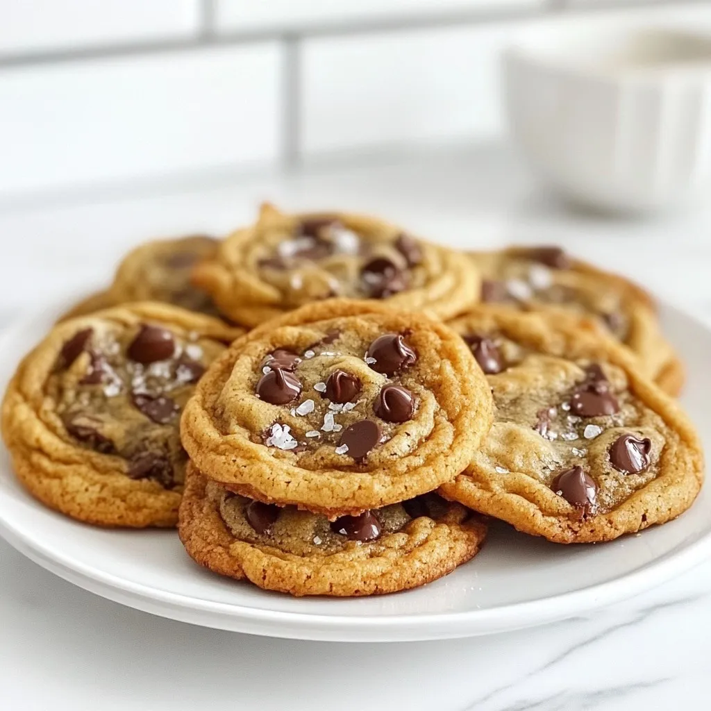 To make the best bakery-style chocolate chip cookies, you need simple yet key ingredients. Each one plays a role in creating that perfect, soft, and chewy texture. Here’s what you’ll need: - 2 ¼ cups all-purpose flour - 1 teaspoon baking soda - ½ teaspoon salt - 1 cup unsalted butter, softened to room temperature - ¾ cup granulated sugar - ¾ cup packed brown sugar - 1 teaspoon pure vanilla extract - 2 large eggs, at room temperature - 2 cups semi-sweet chocolate chips - ½ cup chopped walnuts or pecans (optional) - Flaky sea salt for finishing Each ingredient has its purpose. The flour gives structure, while the baking soda helps the cookies rise. The butter adds moisture, and the sugars create sweetness and depth. Using room temperature eggs helps blend everything smoothly. I often use high-quality chocolate chips for a richer taste. If you love nuts, throw in some walnuts or pecans for a nice crunch. Finally, don’t forget that flaky sea salt on top. It enhances the chocolate’s sweetness and creates a delightful contrast. Now you have all you need for these delicious cookies! Let's get baking! {{ingredient_image_2}} - Preheat the oven to 350°F (175°C). - Line baking sheets with parchment paper. Start by warming your oven. This step ensures your cookies bake evenly and rise nicely. The parchment paper keeps the cookies from sticking. It also makes cleanup a breeze. - Whisk together flour, baking soda, and salt. In a small bowl, mix the flour, baking soda, and salt. Make sure these dry ingredients blend well. This step is key for even rising and flavor in your cookies. - Combine butter, granulated sugar, and brown sugar. - Beat until light and fluffy. In a big bowl, add the softened butter, granulated sugar, and brown sugar. Use a mixer to beat them together. You want this mixture to be light and fluffy. This texture adds air, helping your cookies rise perfectly. - Add vanilla extract and eggs. - Mix until incorporated. Now, add the vanilla extract and eggs one at a time. Mix thoroughly after each egg. This step is crucial for flavor and moisture in your cookies. - Gradually add dry ingredients to wet. - Carefully mix and avoid overmixing. With the mixer on low, slowly add the dry ingredients to the wet mixture. Mix just until combined. Avoid overmixing, as this can make the cookies tough. - Add chocolate chips and optional nuts. - Ensure even distribution. Using a spatula, gently fold in the chocolate chips and nuts if you choose to use them. Make sure they are evenly spread throughout the dough. This step ensures every bite is packed with flavor. - Drop cookie dough onto baking sheets. - Sprinkle with flaky sea salt. - Bake for 10-12 minutes. Scoop generous amounts of dough onto the lined baking sheets, leaving space between each. Lightly sprinkle the tops with flaky sea salt. Bake them for 10 to 12 minutes. Look for golden edges and soft centers. - Allow cookies to cool before transferring to wire rack. Once baked, let the cookies cool on the baking sheets for about 5 minutes. Then, transfer them to a wire rack to cool completely. This cooling time helps them set up nicely. To get that perfect bakery style texture, start with room temperature ingredients. This helps the butter mix well with the sugars. When your butter is soft, it blends easily, creating a light cookie. Next, measure your flour correctly. Too much flour makes cookies dry. Use the spoon and level method. Spoon flour into your measuring cup, then level it off with a knife. This gives you precise measurements for a perfect cookie. Using quality chocolate makes a big difference. Choose semi-sweet chocolate chips with a rich taste. They melt nicely and add a wonderful flavor. You can also enhance flavor with espresso powder. Just a tiny bit boosts the chocolate taste. It won't make the cookies taste like coffee but adds depth. Adjust the baking time for your desired chewiness. If you like soft cookies, bake them for 10 minutes. For a firmer cookie, wait until 12 minutes. Watch the edges; they should be golden brown but the center can look soft. Knowing when cookies are done takes practice. Look for a golden edge and a soft middle. They will continue to bake on the sheet after you take them out. Let them cool for 5 minutes before moving them. This helps them set. Pro Tips Use Room Temperature Ingredients: Make sure your butter and eggs are at room temperature for a smoother dough and better incorporation of ingredients. Chill the Dough: For thicker cookies, chill the dough for at least 30 minutes before baking. This helps to prevent spreading and enhances the flavor. Don’t Overbake: Take the cookies out of the oven when they are slightly underbaked in the center. They will continue to firm up as they cool on the baking sheet. Experiment with Mix-Ins: Feel free to swap in your favorite chocolate types or add dried fruits for a different flavor profile. Get creative! {{image_4}} Adding nuts makes cookies more exciting. You can use walnuts or pecans. Both add a nice crunch and rich flavor. Just chop them up and fold them into your dough with the chocolate chips. You’ll love the extra texture they bring! If you crave more chocolate, try double chocolate chip cookies. Simply mix in cocoa powder with your dry ingredients. This will give your cookies a deeper, richer taste. For a fun twist, use dark chocolate chips instead of semi-sweet ones. These cookies will be a true chocolate lover's dream! Want a gluten-free cookie? You can use almond or oat flour instead of all-purpose flour. Both flours work well and create a soft texture. Just replace the all-purpose flour with the same amount of almond or oat flour. You won’t miss the gluten at all. Enjoy your tasty treat! To keep your cookies fresh, use a few smart tips. First, let them cool completely on a wire rack. This helps prevent sogginess. Once they cool, store them in an airtight container. This keeps them soft and chewy. You can also add a slice of bread to the container. It helps maintain moisture. Enjoy your cookies for up to a week. Want to save some cookies for later? You can freeze both the dough and baked cookies. For dough, scoop it onto a baking sheet lined with parchment. Freeze the scoops for about an hour. Once frozen, transfer them to a zip-top bag. Label the bag with the date. You can freeze dough for up to three months. To thaw frozen cookie dough, take it out and let it sit at room temperature for about 30 minutes. Bake as usual. For baked cookies, place them in an airtight container. You can freeze them for up to three months as well. To enjoy, just let them thaw at room temperature. For a warm treat, pop them in the oven for a few minutes. If you want a vegan option, you can use a few things. Try using ¼ cup of unsweetened applesauce per egg. You can also use 1 tablespoon of ground flaxseed mixed with 2.5 tablespoons of water. Let it sit for a few minutes until it thickens. Another choice is using ¼ cup of silken tofu blended until smooth. These substitutes will help bind your cookies just like eggs would. Flat cookies can be frustrating! Here are some common causes and solutions: - Too much butter: If your butter is too soft, it can cause cookies to spread. Use room temperature butter but not melted. - Not enough flour: Make sure to measure your flour correctly. Too little flour can lead to flat cookies. Use the spoon and level method for accuracy. - Baking soda issues: Old or expired baking soda can also affect rise. Always check the freshness of your baking soda. - Oven temperature: If your oven runs hot, cookies may spread too much. Use an oven thermometer to check the temperature. Yes, you can chill the dough, and I highly recommend it! Chilling helps the flavors meld and improves the texture. It also makes the dough easier to scoop. When you chill the dough for at least 30 minutes, your cookies will bake up thicker and chewier. This step can make a big difference in your final product. To achieve a chewy cookie texture, consider these tips: - Use more brown sugar: Brown sugar adds moisture and chewiness. You can increase the amount of brown sugar in your recipe. - Don’t overbake: Take the cookies out when they are slightly underbaked. They will continue to firm up as they cool. - Add an extra egg yolk: An extra yolk can add richness and moisture, leading to a chewier texture. - Use bread flour: If you want to experiment, try substituting some all-purpose flour with bread flour. This can enhance chewiness due to its higher protein content. Now you know how to make great chocolate chip cookies. We discussed key ingredients and how to mix them. I shared steps to bake cookies with the right texture and flavor. You can try different variations and storage tips too. Remember, each tip helps improve your cookie game. Enjoy baking. You’ll impress everyone with your tasty treats. Happy baking!