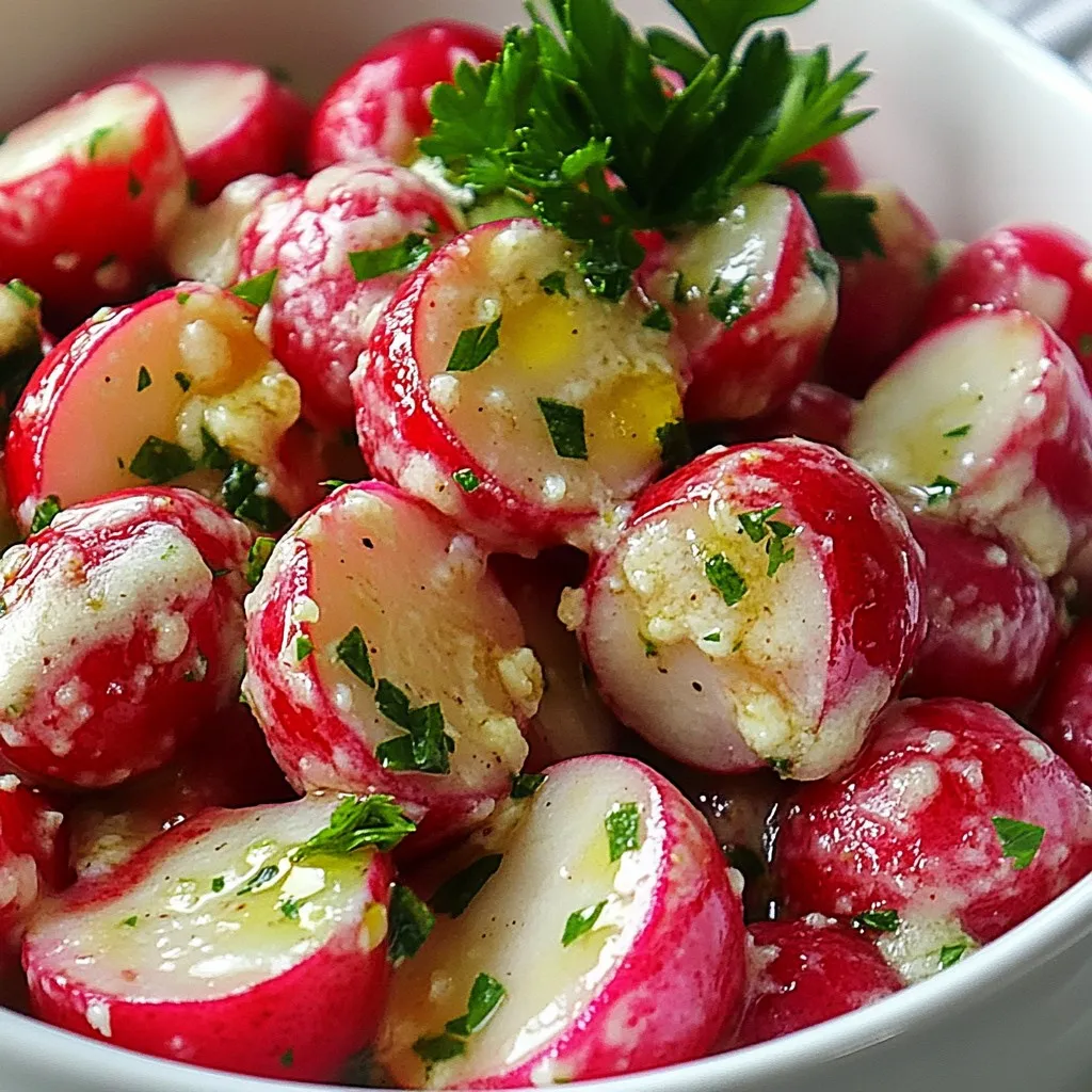 - 1 lb radishes, trimmed and halved - 3 tablespoons extra virgin olive oil - 4 cloves fresh garlic, finely minced - ½ teaspoon Himalayan salt - ¼ teaspoon freshly ground black pepper - ¼ teaspoon smoked paprika - ½ cup freshly grated Parmesan cheese The main ingredients for this dish are simple but full of flavor. Radishes are the star here. They get sweet when roasted. The olive oil helps them cook evenly. Fresh garlic adds a lovely aroma. The salt and pepper enhance the taste. Smoked paprika gives a slight kick. Finally, the Parmesan cheese brings richness and a crispy finish. - Baking sheet - Parchment paper - Mixing bowl - Spatula or hands for tossing You will need a few tools to make this dish. A baking sheet is key for roasting. Parchment paper helps with easy cleanup. A big mixing bowl allows you to toss the radishes well. Use a spatula or your hands to mix all the ingredients. - Fresh parsley, finely chopped For a fresh touch, add chopped parsley. It gives color and a nice taste contrast. You can also serve extra Parmesan on the side. This lets everyone add more cheese if they like. {{ingredient_image_2}} Start by setting your oven to 425&deg;F (220&deg;C). A hot oven makes the radishes crisp and tasty. In a big bowl, add 1 pound of halved radishes. Pour in 3 tablespoons of olive oil. Add 4 minced garlic cloves, &frac12; teaspoon of salt, &frac14; teaspoon of black pepper, and &frac14; teaspoon of smoked paprika. Mix everything well. Make sure the radishes are coated in the oil and spices. Line a baking sheet with parchment paper. This helps with easy cleanup. Spread the radishes out in a single layer. Give them space to roast evenly. Put the baking sheet in the oven. Roast the radishes for 20 minutes. This will make them tender and caramelized. Carefully take the baking sheet out of the oven. Sprinkle &frac12; cup of grated Parmesan cheese over the radishes. Make sure to cover them evenly. Put the baking sheet back in the oven. Roast for another 10 to 12 minutes. Watch them until they are soft and the cheese is golden and bubbly. Once they are done, take the baking sheet out of the oven. Let the radishes cool for a few minutes. This helps avoid burning your mouth. Transfer the radishes to a nice serving dish. Add a sprinkle of chopped parsley for color. You can also serve extra grated Parmesan on the side. Enjoy your Garlic Parmesan Roasted Radishes! When picking radishes, look for firm ones. They should be smooth and bright. Avoid soft or blemished radishes. Fresh radishes taste better and roast well. You can use red, white, or even black radishes. Each type adds its own twist to the dish. To boost flavor, try adding herbs and spices. Fresh rosemary or thyme pairs nicely. You can also use lemon zest for a bright touch. The smoked paprika adds depth and warmth. Feel free to adjust salt and pepper to your taste. Remember, the key is to balance flavors for the best result. Cooking times may vary based on your oven and radish size. If you prefer softer radishes, extend the roasting time by a few minutes. Check them often to avoid overcooking. Once the cheese is bubbly and golden, they&rsquo;re ready to enjoy. If using larger radishes, consider slicing them smaller for even cooking. Pro Tips Choose Fresh Radishes: Select radishes that are firm and vibrant in color for the best flavor and texture. Adjust Seasoning: Feel free to tweak the seasonings according to your taste. Adding herbs like thyme or rosemary can elevate the dish. Experiment with Cheese: Try using different types of cheese such as Pecorino Romano or Gruy&egrave;re for a unique twist on the traditional flavor. Make It a Meal: Serve the roasted radishes alongside grilled chicken or fish for a complete and delicious meal. {{image_4}} You can make Garlic Parmesan Roasted Radishes even healthier by using less oil. Instead of three tablespoons, try two. You can also swap the olive oil for a light spray of cooking oil. This change cuts down on calories but keeps great flavor. If you want to add more fiber, mix in some other veggies like carrots or zucchini. They roast well and add color. While Parmesan is tasty, you can mix it up with other cheeses. For a sharper taste, try using aged Asiago. It melts nicely and adds a nice bite. If you want a creamier texture, go for mozzarella. It gives a wonderful stretch and pairs well with garlic. You can even mix cheeses for more flavor. Just remember to adjust the amount to avoid overpowering the radishes. Feel free to add more veggies to your dish. Broccoli and cauliflower roast beautifully alongside radishes. Just cut them into similar sizes for even cooking. You can also try bell peppers for a sweet touch. These add color and nutrients. Make sure to adjust the cooking time if you add veggies that cook faster. Just keep checking until everything is tender and golden. To store leftover radishes, place them in an airtight container. You can keep them in the fridge for up to three days. Make sure they are cool before sealing the container. This way, they stay fresh and tasty. When you&rsquo;re ready to eat the leftovers, preheat your oven to 350&deg;F (175&deg;C). Spread the radishes on a baking sheet. Heat them for about 10-15 minutes until they are warm. This method helps keep the radishes crispy and flavorful. You can also use a microwave. Just heat them in short bursts to avoid sogginess. If you want to freeze radishes, do it before roasting. Wash and cut them, then blanch in boiling water for five minutes. After that, cool them in ice water. Drain and pack them in freezer bags. They can last up to three months in the freezer. When you&rsquo;re ready to use them, roast from frozen. Add a few extra cooking minutes to ensure they cook through. Yes, you can! While I love using red radishes, you can try others like black or watermelon radishes. Each type brings a unique taste. Just make sure they are fresh and firm for the best results. You will know the radishes are done when they are fork-tender. This means you can easily pierce them with a fork. The outside should be slightly crispy and the cheese should be golden and bubbly. The sweet aroma will also tell you they are ready! Absolutely! Garlic Parmesan roasted radishes are great for meal prep. You can roast them ahead of time and store them in an airtight container. They stay tasty for about three days in the fridge. Just reheat them in the oven for a few minutes before serving. These radishes pair well with many dishes. You can serve them alongside grilled chicken, steak, or fish. They also go great with pasta or quinoa for a veggie boost. Don&rsquo;t forget to add a fresh salad for a complete meal! In this blog post, we explored how to make Garlic Parmesan Roasted Radishes. We covered key ingredients, easy steps, and useful tips. You learned about cooking essentials, garnishes, and how to store leftovers. Plus, we discussed variations to keep things fresh. Overall, Garlic Parmesan Roasted Radishes are tasty and versatile. You can serve them with many meals. Enjoy experimenting with this simple recipe!