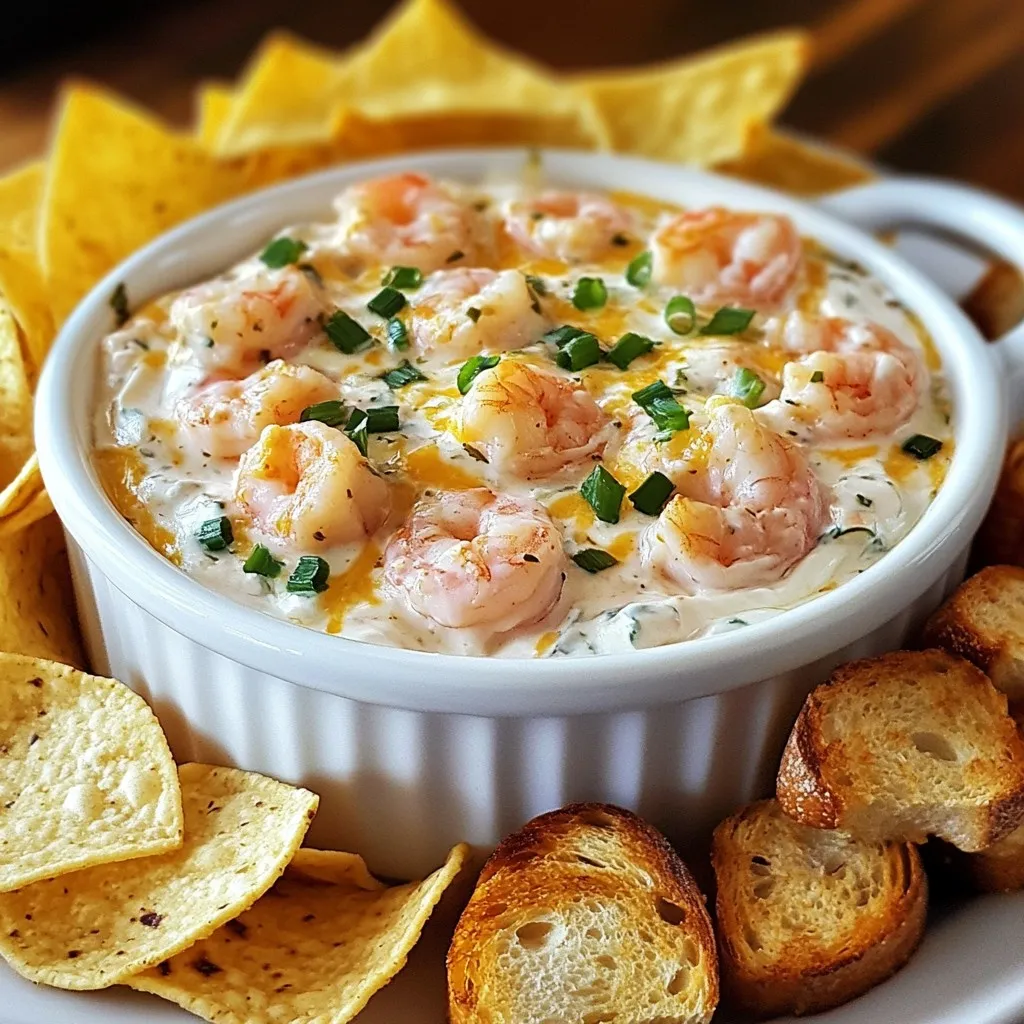 - 1 pound shrimp, peeled and deveined - 8 oz cream cheese, softened - 1 cup sour cream - 1 cup shredded sharp cheddar cheese - 1 tablespoon Cajun seasoning - 1 teaspoon garlic powder - 1 teaspoon onion powder - 1 tablespoon fresh lemon juice - Tortilla chips - Toasted baguette slices To create this creamy Cajun shrimp dip, start with fresh shrimp. I like to use one pound of shrimp, peeled and deveined. This gives the dip a great texture and flavor. Next, grab some cream cheese. Use eight ounces of softened cream cheese. It helps make the dip rich and creamy. You will also need sour cream. One cup of sour cream adds tang and balance to the dip. For a cheesy touch, use one cup of shredded sharp cheddar cheese. It melts nicely and blends well with the other ingredients. The seasonings are key to this dip's vibrant flavor. I use one tablespoon of Cajun seasoning. It packs a punch! Add one teaspoon of garlic powder and one teaspoon of onion powder to build depth. A tablespoon of fresh lemon juice brightens the dish and lifts the flavors. Finally, think about how to serve this delicious dip. Tortilla chips are a classic choice. They add a nice crunch. You can also use toasted baguette slices for a fancier touch. Enjoy dipping! {{ingredient_image_2}} - Start by heating a large skillet over medium heat. - Add the peeled and deveined shrimp to the skillet. - Cook for about 2-3 minutes on each side. - The shrimp should turn pink and opaque when done. - Remove from heat and let them cool slightly. - Chop the cooked shrimp into bite-sized pieces. - In a mixing bowl, add the softened cream cheese. - Add the sour cream and shredded cheddar cheese. - Use an electric mixer or a sturdy spatula. - Blend everything until the mixture is smooth. - Make sure there are no lumps for a creamy dip. - To the cheese mix, add Cajun seasoning and garlic powder. - Sprinkle in onion powder and fresh lemon juice. - Add finely chopped green onions to the mix. - Stir until all ingredients blend well together. - Gently fold in the chopped shrimp. - Season with salt and freshly cracked pepper to taste. - Transfer the dip into a serving bowl or dish. - Cover it with plastic wrap or a lid. - Chill in the refrigerator for at least 30 minutes. - This chilling helps flavors meld and grow. - Serve with crispy tortilla chips or warm toasted baguette slices. To make your dip even better, adjust the seasoning to your taste. Start with the salt and pepper. Taste as you go. If it's too mild, add more Cajun seasoning. For a deeper flavor, consider adding hot sauce or Worcestershire sauce. These will give your dip an extra kick. Garnish the dip for a nice look. I love using chopped green onions on top. They add color and a fresh bite. You can also sprinkle more Cajun seasoning for extra flair. Other topping options can include diced tomatoes or a drizzle of olive oil. Get creative with what you have! Use a sturdy mixing bowl for the creamy base. A hand mixer or a strong spatula works best to blend everything smoothly. For serving, choose a wide bowl or a platter. This makes it easy for everyone to dip in. If you have a fun, colorful dish, it will make your dip stand out even more! Pro Tips Fresh Shrimp is Key: For the best flavor and texture, use fresh shrimp rather than frozen. If using frozen, make sure to thaw them completely and pat them dry before cooking. Customize Your Spice Level: Adjust the amount of Cajun seasoning to suit your taste. If you prefer a milder dip, start with less and add more as needed. Chill for Flavor: Allowing the dip to chill for at least 30 minutes before serving enhances the flavors. This resting time lets the ingredients meld beautifully. Garnish for Presentation: Elevate the appeal of your dip by garnishing it with extra chopped green onions or a dash of Cajun seasoning right before serving. {{image_4}} You can swap cream cheese for other options. Try using Greek yogurt for a lighter dip. You can also use ricotta for a creamy texture. For cheese, consider using pepper jack. It adds a nice kick. You can use cream cheese alternatives like cashew or almond cream for a vegan option. Want to mix it up? Add crab or lobster for a seafood twist. You could even use diced scallops. For veggies, try adding spinach or artichokes. Fresh herbs like cilantro or parsley can brighten the flavor too. They add a fresh taste that pairs well with shrimp. To make it milder, cut back on the Cajun seasoning. You can also skip the garlic powder. For more heat, add cayenne pepper or crushed red pepper flakes. Paprika can give a nice smoky flavor without too much spice. A dash of hot sauce can also kick it up a notch! Store your leftovers in a sealed container. Glass or plastic storage containers work well. Make sure the dip cools down before sealing. This helps keep it fresh. Yes, you can freeze this dip. Use an airtight container or freezer bag. To freeze, let the dip cool completely. When you're ready to eat it, thaw in the fridge overnight. In the fridge, this dip lasts about 3 to 5 days. Check for signs of spoilage, like a sour smell or mold. If it looks or smells off, throw it away. You can make this dip a day in advance. Just follow these steps: - Prepare the dip as usual. - After mixing all ingredients, place the dip in an airtight container. - Chill it in the fridge for up to 24 hours. - Serve it cold or let it sit out for a few minutes before serving. This method helps the flavors blend well. The dip tastes even better after a night in the fridge. Yes, frozen shrimp works great for this dip. Here’s how: - Thaw the shrimp first. You can leave them in the fridge overnight or place them in cold water for 30 minutes. - Once thawed, peel and devein them if needed. - Cook the shrimp as you would fresh shrimp, ensuring they turn pink. Using frozen shrimp is a simple way to save time and still enjoy tasty dip. This dip pairs well with several tasty options: - Tortilla chips for a crunchy dip. - Toasted baguette slices for a warm touch. - Fresh veggie sticks add a healthy crunch. - Crackers provide a nice, crisp base too. Feel free to mix and match to find your favorite pairing! This blog outlined how to create a delicious Creamy Cajun Shrimp Dip. We discussed key ingredients like shrimp, cream cheese, and seasoning. I shared steps for preparation and serving. There are tips on enhancing flavor and ways to customize the recipe. Remember to store leftovers correctly to maintain freshness. Enjoy crafting this tasty dip! It’s perfect for parties or quiet nights in. Try different variations to find your favorite. Happy dipping!