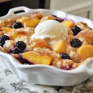 - 2 cups fresh blackberries - 2 cups freshly sliced peaches (about 3-4 medium peaches) Fresh blackberries add a sweet and tart flavor. Peaches bring a juicy softness. Using ripe fruit is key for the best taste. Choose berries that are plump and firm. Look for peaches that yield slightly when you press them. - 1 cup granulated sugar, divided - 1 cup all-purpose flour - 1 tablespoon baking powder - ½ teaspoon salt - 1 teaspoon ground cinnamon Granulated sugar sweetens the cobbler. Flour gives it structure. Baking powder helps it rise. Salt enhances the flavors. Cinnamon adds warmth and spice, making the dish delightful. - 1 cup whole milk - ½ cup unsalted butter, melted - 1 teaspoon fresh lemon juice - 1 teaspoon pure vanilla extract Whole milk keeps the batter moist. Melted butter adds richness. Lemon juice brightens the flavors. Vanilla extract gives a warm aroma. These ingredients create a tasty base for the cobbler. {{ingredient_image_2}} Set your oven to 350°F (175°C). This step is key for baking the cobbler evenly. In a large bowl, combine 2 cups of blackberries and 2 cups of sliced peaches. Add ½ cup of sugar, 1 teaspoon of fresh lemon juice, and 1 teaspoon of vanilla extract. Gently toss the fruits to coat them well. Let this mix sit so the flavors blend together. In another bowl, whisk together 1 cup of all-purpose flour, 1 tablespoon of baking powder, ½ teaspoon of salt, and the remaining ½ cup of sugar. Next, slowly pour in 1 cup of whole milk and ½ cup of melted unsalted butter. Stir until just combined. A few lumps in the batter are fine. Pour the batter into a greased 9x13-inch baking dish. Spread it evenly across the bottom. Carefully scoop the fruit mixture over the batter. Avoid stirring; the fruits will rise while baking. Lastly, sprinkle 1 teaspoon of ground cinnamon on top for added flavor. Bake your cobbler for 40-45 minutes. Check for doneness by inserting a toothpick into the batter. It should come out clean when done. Once baked, let it cool slightly before serving. Enjoy this warm treat! To get the best texture in your cobbler, do not overmix the batter. When you mix the wet and dry ingredients, stir gently. A few lumps are okay. They help create a light and fluffy texture. If you mix too much, the cobbler can turn out tough. Remember, we want a soft, tender base to hold the sweet fruit. This cobbler shines when you serve it warm. I love to add a scoop of creamy vanilla ice cream on top. The cold ice cream melts slightly, mixing with the warm cobbler. It creates a wonderful contrast. You can also use fluffy whipped cream for a lighter touch. Both options bring extra joy to this simple treat. Make your cobbler look even more appealing by garnishing with fresh blackberries. Place a few on each serving. This adds a pop of color and freshness. You can also sprinkle a little powdered sugar on top for a nice touch. It makes the cobbler look fancy and inviting. Enjoy how beautiful your dish can be! Pro Tips Choose Ripe Fruits: Select peaches that are slightly soft to the touch and have a sweet aroma. This ensures your cobbler has the best flavor. Don't Overmix: When combining the wet and dry ingredients, stir until just combined. Overmixing can lead to a dense texture. Let It Cool: Allow the cobbler to cool for at least 10 minutes after baking. This helps the filling set up a bit, making it easier to serve. Serve Warm: For the best experience, serve the cobbler warm with a scoop of vanilla ice cream or a dollop of whipped cream on top. {{image_4}} You can swap out blackberries and peaches for other fruits. Try these options: - Raspberries for a tart kick - Cherries for a sweet burst - Apples for a classic touch - Plums for a juicy twist - Blueberries for a pop of color Using seasonal fruits can make your cobbler extra special. Mix and match to find your favorite combo! Adding spices or extracts can change the flavor. Here are some fun ideas: - Use nutmeg for a warm flavor - Add almond extract for a nutty note - Sprinkle some ginger for a spicy kick - Try a splash of rum for depth These small changes can make a big difference in taste! You can change the topping to suit your taste. Here are some crust ideas: - Use biscuit dough for a fluffy topping - Make a pie crust for a flaky texture - Try a crumble topping with oats for crunch Each option gives a different bite and style to your cobbler. Enjoy experimenting with these variations! To store your blackberry peach cobbler, cool it completely first. Then, cover it tightly with plastic wrap. You can also use aluminum foil. Place it in the fridge. This way, it stays fresh for about 3 to 4 days. If you want to keep it longer, consider freezing. For long-term storage, freezing is best. Cut the cobbler into portions. Wrap each piece in plastic wrap, then place them in a freezer-safe bag. It will stay good for up to 3 months. When you are ready to eat, remove a piece from the freezer. Let it thaw in the fridge overnight. You can also use the microwave for quick thawing. Just remember to remove the plastic wrap first. To reheat your cobbler, you have a few options. The best way is in the oven. Preheat your oven to 350°F (175°C). Place the cobbler in a baking dish. Cover it with foil to keep it moist. Heat for about 20 minutes, or until warm. You can also reheat it in the microwave. Just warm it for 30 seconds at a time, checking in between. Enjoy it hot with a scoop of ice cream or whipped cream! Yes, you can use frozen blackberries and peaches. They work well in this recipe. Just remember to thaw them first. Drain any extra juice to avoid a soggy cobbler. Frozen fruit may take a bit longer to bake. Check the cobbler a few minutes longer than the usual time. You can tell the cobbler is done when it is golden brown on top. Insert a toothpick into the batter; it should come out clean. If it has wet batter on it, bake a little longer. The edges should be bubbly and fragrant. The cobbler will also spring back if you gently touch it. Yes, you can make the batter ahead of time. Store it in the fridge for up to 24 hours. Just cover the bowl tightly with plastic wrap. When ready, stir the batter lightly before using. If it thickens, add a little milk to loosen it up. This blog post covered how to make a delicious cobbler using fresh blackberries and peaches. You learned about the ingredients, step-by-step instructions, tips for texture, serving ideas, and storage methods. Remember, baking is fun and each step matters. Enjoy making this treat! Share it with friends or family. Don't forget to experiment with different fruits and flavors. Happy baking!