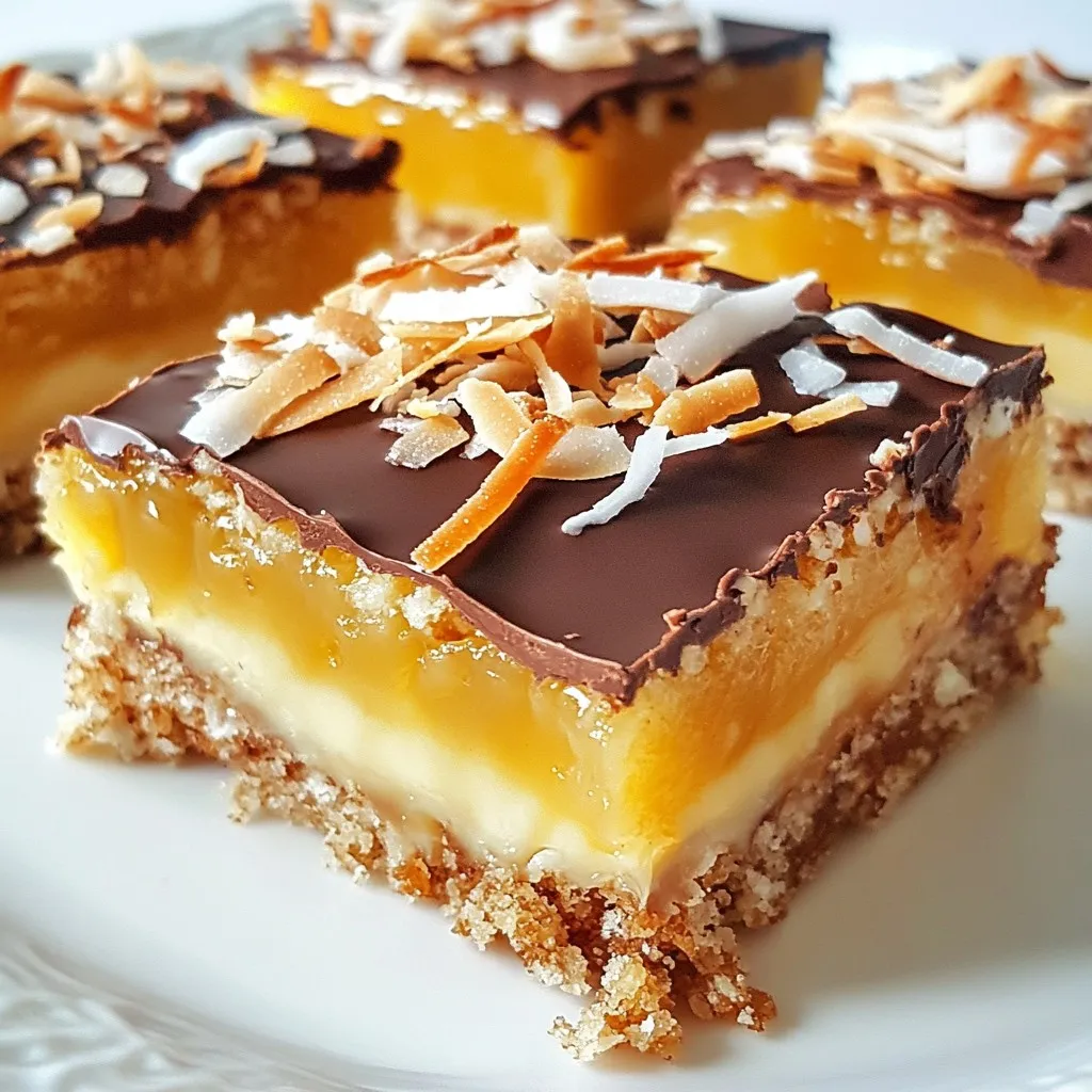 To make Coconut Caramel Samoas Bars, gather these key items: - 1 cup unsweetened shredded coconut - 1 cup rolled oats - 1 cup all-purpose flour - ½ cup packed brown sugar - ½ cup granulated sugar - ½ cup unsalted butter, softened - ¼ teaspoon salt - ½ teaspoon pure vanilla extract - ½ cup sweetened condensed milk - 1 cup semi-sweet chocolate chips - 1 tablespoon coconut oil For the best results, use accurate measurements. Here are some tips: - Use a dry measuring cup for flour and oats. - Pack the brown sugar firmly into the cup. - If your butter is cold, cut it into small pieces for easier mixing. You can add your own twist to these bars. Consider these options: - Add ½ cup of chopped nuts for crunch. - Use dark chocolate chips instead of semi-sweet. - Substitute maple syrup for some brown sugar for a different flavor. These choices let you create a version that suits your taste! {{ingredient_image_2}} Start by preheating your oven to 350&deg;F (175&deg;C). This step is key for even baking. While the oven warms up, grab a 9x9-inch baking pan. Lightly grease it or line it with parchment paper. This makes it easy to lift the bars out later. In a medium bowl, mix 1 cup of shredded coconut with 1 cup of rolled oats. Stir it well and set it aside. Now, take a large bowl and use an electric mixer. Cream together ½ cup of softened unsalted butter and ½ cup of packed brown sugar. Mix for about 2-3 minutes until it looks light and fluffy. Next, add ½ cup of granulated sugar, ¼ teaspoon of salt, and ½ teaspoon of pure vanilla extract. Blend until everything is combined. Gradually mix in 1 cup of all-purpose flour. Be gentle; just stir until it's combined. Now, fold in your coconut and oat mixture. Make sure it&rsquo;s evenly spread throughout the dough. Transfer the dough to your prepared pan. Press it down firmly to create an even layer at the bottom. Place the pan in the oven and bake for 15-20 minutes. Look for golden-brown edges. Once done, take it out and let it cool slightly. While it cools, prepare the coconut caramel. In a small saucepan over low heat, mix ½ cup of sweetened condensed milk with a pinch of salt. Stir constantly until warmed. Mix in the remaining shredded coconut until well combined. Spread this coconut caramel over the cooled oat base. Press it down gently to help it stick. Now, melt 1 cup of semi-sweet chocolate chips with 1 tablespoon of coconut oil. Use a microwave-safe bowl and heat in 30-second intervals. Stir well after each round until smooth. Drizzle the melted chocolate over the caramel layer. If you want a fun design, use a knife to swirl the chocolate into the caramel. Let the bars set at room temperature or chill them in the fridge for about 30 minutes. After that, cut them into squares and enjoy your tasty coconut caramel Samoas bars! To get the best texture in your Coconut Caramel Samoas Bars, follow these tips: - Use fresh coconut. Fresh shredded coconut gives a better taste and texture. - Don&rsquo;t overmix the dough. Mix until just combined to keep the bars soft. - Press the dough firmly. When placing the dough in the pan, press down evenly for a uniform base. These steps help create a chewy yet firm bar that holds together well. Sometimes, things may not go as planned. Here are some common problems and how to fix them: - Bars are too crumbly: This may happen if you didn&rsquo;t add enough butter. Ensure your butter is softened and well-mixed. - Caramel layer is too runny: Make sure to warm the sweetened condensed milk gently. If it&rsquo;s too hot, it will not set well. - Chocolate layer is too thick: If you find it hard to drizzle, add a little more coconut oil to thin it out. Addressing these issues will improve your bars each time you bake them. Melting chocolate can be tricky. Here are some tips to get it just right: - Use a microwave-safe bowl. This helps to avoid burns and spills. - Microwave in short bursts. Heat for 30 seconds, stir, and repeat until smooth. This prevents overheating. - Add coconut oil. Mixing in a tablespoon of coconut oil makes the chocolate smoother for drizzling. These methods ensure you have a silky chocolate layer. Enjoy making your Coconut Caramel Samoas Bars! Pro Tips Use Fresh Coconut: For the best flavor, consider using fresh shredded coconut instead of the packaged variety. It adds a wonderful texture and taste to your bars. Chill for Clean Cuts: After drizzling the chocolate, refrigerate the bars for at least 30 minutes. This makes slicing them into squares much easier and neater. Customize with Nuts: Add some chopped nuts, like almonds or pecans, to the coconut caramel layer for extra crunch and flavor. They pair beautifully with the chocolate! Storage Tips: Store the bars in an airtight container at room temperature for up to a week, or in the refrigerator for longer freshness. They also freeze well for up to three months. {{image_4}} You can make these bars gluten-free. Simply replace all-purpose flour with gluten-free flour. Look for a blend that works well for baking. This swap keeps the bars chewy and delicious. Want to add some crunch? Mix in nuts like almonds or pecans. You can also add dried fruits, like raisins or cranberries. Just be sure to chop them into small pieces. This makes the bars even more fun to eat! Feel free to switch up the chocolate. Dark chocolate gives a richer flavor. White chocolate adds a sweet twist. You can even try milk chocolate for a classic taste. Each option will change the flavor profile, so pick your favorite! To keep your Coconut Caramel Samoas Bars fresh, store them in an airtight container. Layer parchment paper between the bars to prevent sticking. This method keeps the bars moist and tasty. You can also wrap them tightly in plastic wrap for extra protection. When stored correctly at room temperature, these bars can last about 5 to 7 days. If you want to keep them longer, consider refrigeration. In the fridge, they can stay fresh for up to 2 weeks. Just remember to bring them back to room temperature before serving for the best taste. Freezing the bars is easy and a great way to save them for later. Cut them into squares and place them in a freezer-safe container. They can last for up to 3 months in the freezer. To thaw, move them to the fridge overnight. If you want them faster, leave them at room temperature for a couple of hours. Enjoy them fresh and delicious! Yes, you can make these bars vegan! Replace the unsalted butter with vegan butter. Use coconut cream instead of sweetened condensed milk. For the chocolate, choose dairy-free chocolate chips. These swaps keep the rich flavor and texture intact. If you don&rsquo;t have sweetened condensed milk, you can make your own. Combine 1 cup of coconut milk with ⅓ cup of sugar. Simmer it on low heat until it thickens. This will give you a great alternative for your coconut caramel layer. To make these bars more decadent, try adding a layer of caramel sauce. Drizzle extra chocolate on top and sprinkle with sea salt. You can also mix in nuts, like pecans or almonds, for added crunch and flavor. In this post, I covered the main steps for making delicious bars. We discussed key ingredients and how to measure them. You learned how to bake them perfectly and store them well. I shared tips for texture, chocolate melting, and common issues. You also explored fun variations, like gluten-free options and mix-ins. Remember, baking is about experimenting. Don't be afraid to make it your own! Enjoy the process, and happy baking!