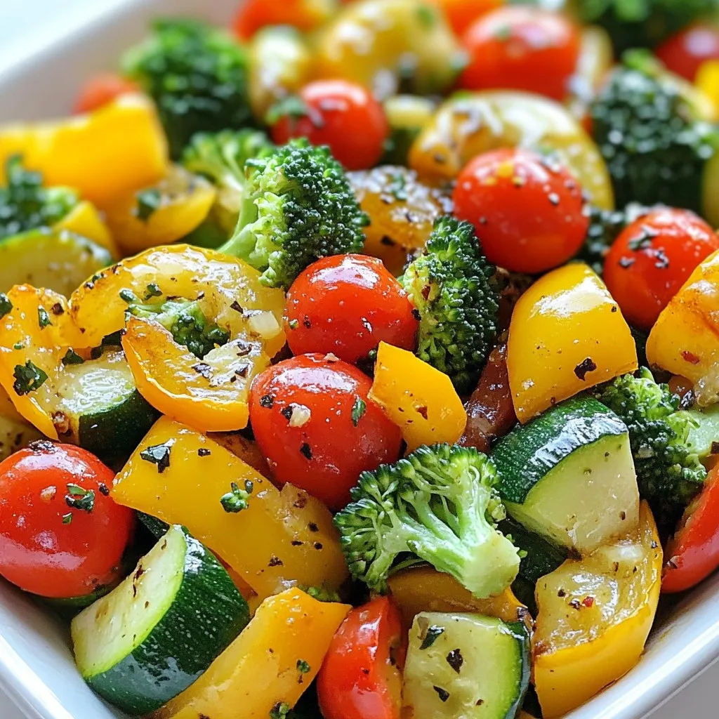 - 1 cup bell peppers (a mix of red, yellow, and green), sliced into thin strips - 1 cup zucchini, sliced into half-moons - 1 cup broccoli florets, cut into bite-sized pieces - 1 cup cherry tomatoes, halved - 1 medium onion, thinly sliced - 2 cloves garlic, minced - 2 tablespoons extra-virgin olive oil - 1 tablespoon balsamic vinegar - Salt and freshly cracked black pepper to taste - 1 teaspoon dried oregano - 1 teaspoon fresh basil, chopped (for garnish) When choosing vegetables, fresh is best. They have better taste and texture. Frozen veggies work too. They are often picked at peak ripeness. Just be sure to thaw them first. If you have dietary needs, you can make swaps. For a low-carb option, use cauliflower instead of zucchini. For extra protein, add chickpeas or tofu. Don't have balsamic vinegar? Use lemon juice or apple cider vinegar instead. Adjusting recipes makes cooking fun and personal! {{ingredient_image_2}} 1. First, gather all your ingredients. This helps you stay organized. 2. Heat 2 tablespoons of extra-virgin olive oil in a large skillet over medium-high heat. Wait until it shimmers. 3. Add 1 thinly sliced onion to the skillet. Sauté for 2-3 minutes until the onion becomes soft and clear. 4. Next, add 2 minced garlic cloves. Cook for 30 seconds, stirring often. Avoid burning the garlic to keep flavors bright. 5. Mix in 1 cup of sliced bell peppers and 1 cup of zucchini. Stir and cook for 4-5 minutes. The veggies should be tender but still have some crunch. 6. Now, add 1 cup of broccoli florets. Sauté for another 3-4 minutes. All veggies should be bright and tender. 7. Gently fold in 1 cup of halved cherry tomatoes and 1 tablespoon of balsamic vinegar. Stir softly and cook for 2 more minutes. The tomatoes should become slightly soft. 8. Season with salt, freshly cracked black pepper, and 1 teaspoon of dried oregano. Stir well to mix the flavors evenly. 9. Take the skillet off the heat and transfer your veggie medley to a serving dish. Add fresh chopped basil on top for a pop of color. Serve the sautéed veggie medley warm. Use a colorful platter to show off the bright veggies. Sprinkle extra basil on top for a lovely touch. For added flavor, consider crumbling feta cheese or adding toasted pine nuts. This gives a nice crunch and taste boost. Pair this medley with grilled chicken or fish for a complete meal. A glass of white wine enhances the dish even more. Enjoy the beauty and taste of this vibrant veggie medley! To sauté veggies, you need the right heat. Aim for medium-high heat. This helps cook the veggies quickly while keeping them crisp. If the heat is too low, they will steam instead of sauté. If it's too high, they may burn. For even cooking, cut your vegetables into similar sizes. Thin strips or small pieces cook faster and more evenly. Stir the veggies often, so they heat up all around. This way, you avoid some being overcooked while others are still hard. To enhance flavors, use fresh herbs and spices. Add garlic and onion at the start to build a base flavor. Use balsamic vinegar for a tangy finish. A sprinkle of salt and pepper can bring out the sweetness in veggies. Taste as you go, and adjust seasoning to your liking. You can add proteins or grains to your medley. Chicken, shrimp, or tofu work great. For grains, try quinoa or rice. These will make the dish more filling and add nutrition. Experiment with spices and seasonings. Instead of dried oregano, try thyme or cumin for a different twist. You can also add a pinch of chili flakes for some heat. Mix and match to find your favorite flavor combinations. This dish is versatile, so have fun with it! Pro Tips Prep Your Veggies Ahead: Chop and prepare your vegetables in advance to save time during cooking. This also allows you to arrange them in an aesthetically pleasing way on the serving platter. Adjust the Cooking Time: Depending on how tender or crunchy you prefer your veggies, feel free to adjust the cooking times slightly. Remember, you can always sauté longer but can’t uncook them! Experiment with Seasonings: Don’t be afraid to get creative with herbs and spices! Try adding a pinch of red pepper flakes for heat or a squeeze of lemon juice for brightness. Use Fresh Ingredients: Whenever possible, opt for fresh, seasonal vegetables. Not only will they taste better, but they'll also provide the best color and nutrition to your dish. {{image_4}} You can change the veggies based on the season. Here are my favorite swaps: - Spring: Use asparagus and snap peas for a fresh taste. - Summer: Add corn and eggplant for sweetness. - Fall: Try butternut squash and Brussels sprouts for warmth. - Winter: Use root veggies like carrots and parsnips for heartiness. These swaps not only keep your dish fresh but also add vivid colors. A mix of bright and warm hues makes your plate pop. This colorful display impresses guests and makes the meal fun. Want to explore new flavors? Here are some ideas to change your veggie medley: - Mediterranean Style: Add olives, sun-dried tomatoes, and feta cheese. Drizzle with lemon juice for zest. - Asian Influence: Toss in bok choy, snow peas, and sesame oil. A sprinkle of sesame seeds gives a nice crunch. - Mexican Flair: Mix in black beans, corn, and diced jalapeños. Finish with fresh cilantro for a burst of flavor. These twists let you enjoy different cuisines, all while eating healthy. Try these swaps and see how they change your dish! To keep your sautéed veggie medley fresh, store it in an airtight container. This helps lock in flavors and moisture. You can keep it in the fridge for up to three days. If you want to keep it longer, consider freezing. Just make sure it cools down before you freeze it. Frozen veggies can last up to three months. Thaw them in the fridge before reheating. When reheating, you want to keep the veggies crisp. The best way is using the stovetop. Heat a little olive oil in a skillet over medium heat. Add the veggies and stir gently until warmed through. This way, they stay bright and colorful. You can also use the microwave, but be cautious. Place the veggies in a microwave-safe dish and cover it. Heat in short bursts of 30 seconds. Stir between each burst to avoid uneven heating. This helps keep some of that fresh taste! What vegetables can I include in a sautéed veggie medley? You can use many types of veggies. Some tasty options are: - Bell peppers (red, yellow, green) - Zucchini - Broccoli - Cherry tomatoes - Onions - Carrots - Spinach Each type adds a unique flavor and color. Mix and match based on what you enjoy or have on hand. Can I make this dish ahead of time? Yes, you can make this dish ahead. Cook the veggies and let them cool. Store them in a container in the fridge for up to three days. When ready to eat, just reheat in the skillet or microwave. This helps save time on busy nights. What are the best cookware options for sautéing vegetables? A large skillet or frying pan works best for sautéing. Choose one with a non-stick surface to prevent sticking. Cast iron skillets are great too, as they hold heat well. Always use a pan with high sides to avoid spills. You learned about crafting a sautéed veggie medley. We covered ingredients, cooking steps, and how to serve it well. Tips on sautéing ensure great flavors and even cooking. I shared ideas for seasonal swaps and cuisine twists to keep it fun. Finally, proper storage and reheating methods help maintain freshness. Enjoy making your veggie medley more exciting and tailored to your taste!