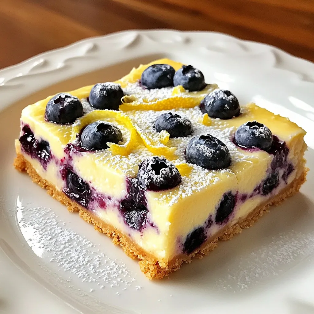 - 16 oz cream cheese, softened - 1 &frac12; cups fresh blueberries, rinsed and drained - Zest of 1 large lemon - &frac14; cup freshly squeezed lemon juice - 2 large eggs, at room temperature - 1 &frac12; cups graham cracker crumbs - &frac12; cup unsalted butter, melted - 2 tablespoons granulated sugar - &frac34; cup granulated sugar - 1 teaspoon pure vanilla extract - Powdered sugar for dusting - Additional fresh blueberries - Lemon slices for decoration Gathering these ingredients is the first step to making your lemon blueberry cheesecake bars. Using fresh blueberries gives a great taste. The zest and juice from the lemon add a bright flavor. The cream cheese provides the rich and smooth texture you want in a cheesecake. The graham cracker crumbs form a sweet and crunchy base. Mixing in the right amounts of sugar balances the tartness of the lemon. Don't forget to have some powdered sugar on hand for a nice finish! {{ingredient_image_2}} Start by preheating your oven to 325&deg;F (160&deg;C). Grab an 8x8 inch baking dish. Line it with parchment paper, leaving some paper hanging over the edges. This helps you lift the bars out later. In a medium bowl, mix together 1 &frac12; cups of graham cracker crumbs, &frac12; cup of melted unsalted butter, and 2 tablespoons of granulated sugar. Stir until the mixture looks like wet sand. Press this mixture firmly into the bottom of your lined baking dish. Make sure it is even and compact. In a large bowl, use an electric mixer to beat 16 oz of softened cream cheese with &frac34; cup of granulated sugar. Mix until it is smooth and creamy, about 2-3 minutes. Add in 2 large eggs, one at a time. Mix well after each addition. Now, add the zest of 1 lemon, &frac14; cup of freshly squeezed lemon juice, and 1 teaspoon of vanilla extract. Mix until combined. Gently fold in 1 &frac12; cups of fresh blueberries using a spatula. Be careful not to crush them. Pour this cheesecake filling onto your cooled crust. Spread it out evenly. Bake for 25-30 minutes or until the edges set but the center is slightly jiggly. Once baked, allow the bars to cool at room temperature. Then, transfer them to the fridge. Chill for at least 4 hours or overnight. This helps the cheesecake set nicely. When ready, lift the bars out using the parchment paper and cut them into squares. Enjoy! To get a smooth and creamy texture, use room temperature cream cheese. Cold cream cheese will clump up and ruin your mix. Beat it with sugar until it&rsquo;s lump-free. This takes about 2-3 minutes with an electric mixer. Add eggs one at a time. Mix well after each egg to ensure a creamy blend. Zest and juice your lemon right before adding for the best flavor. When folding in blueberries, be gentle. Use a spatula or wooden spoon. Start from the bottom and work your way up. This helps keep the blueberries whole. Crushing them makes the filling too watery. Aim for even distribution without mashing them. This keeps your bars looking beautiful and colorful. Cooling and chilling are key steps. After baking, let the bars cool at room temperature. This prevents condensation that can make them soggy. Once cool, cover and chill in the fridge for at least 4 hours. Overnight is best! This helps the flavors meld and sets the cheesecake perfectly. The longer you wait, the better the taste! Pro Tips Use Room Temperature Ingredients: Ensuring your cream cheese and eggs are at room temperature will help achieve a smoother cheesecake filling without lumps. Don't Overmix: When incorporating the eggs and blueberries, mix just until combined to avoid overworking the batter, which can lead to a dense texture. Chill Overnight: For the best texture and flavor, allow the cheesecake bars to chill overnight before serving. This helps them firm up nicely. Garnish for Presentation: Enhance the visual appeal by garnishing with additional fresh blueberries and lemon slices when serving, adding a vibrant touch to your dessert. {{image_4}} If you want a twist on the classic taste, try using mascarpone cheese. It gives a rich, creamy flavor. You can also use Greek yogurt for a lighter option. It adds tang while cutting some fat. Just remember, the texture may change a little, but the bars will still taste great. Graham cracker crumbs are a favorite, but you can change it up! Use crushed cookies like Oreos or gingersnaps for a different flavor. If you prefer a gluten-free option, almond flour or gluten-free cookie crumbs work well. Just mix with melted butter and press it into the dish. Want to mix things up? Add chocolate chips or nuts to the filling. You can also try other berries like raspberries or strawberries for a fruity twist. For a fun flavor, use lime juice instead of lemon juice. Each change gives a new taste adventure while keeping the bars delicious! To keep your lemon blueberry cheesecake bars fresh, store them in an airtight container. This helps prevent drying out and keeps them tasty. You can also place parchment paper between layers to avoid sticking. Make sure to seal the container tightly to lock in moisture and flavor. When stored correctly in the fridge, these cheesecake bars can last about 5 days. Just remember to keep them covered to maintain their creamy texture. If you notice any change in smell or texture, it&rsquo;s best to toss them for safety. For longer storage, you can freeze these cheesecake bars. First, cut them into squares, then wrap each piece in plastic wrap. Place the wrapped bars in a freezer-safe bag or container. They can last up to 2 months in the freezer. To enjoy, thaw them overnight in the fridge before serving. This keeps the taste fresh and delicious! Yes, you can use frozen blueberries. They work well in this recipe. Just make sure to thaw and drain them before adding to the filling. This helps keep the mixture from getting too watery. You may notice that frozen blueberries break apart more easily. This is okay, as they will still taste great in your cheesecake bars. You can use crushed cookies like Oreos or vanilla wafers. Another option is using crushed nuts mixed with a bit of sugar and butter. This gives a nice flavor and texture. Just ensure that the crumbs form a solid crust when pressed into the baking dish. The cheesecake is done when the edges are set, but the center is still slightly jiggly. This means it will firm up as it cools. Avoid overbaking, as this can lead to a dry texture. After baking, let it cool completely before chilling in the fridge. This helps it set and improves the flavor. Making cheesecake bars is fun and easy. You learned about fresh ingredients, pantry staples, and optional garnishes. I walked you through step-by-step instructions on preparing the dish. Helpful tips ensure the perfect texture and flavor. You also discovered how to store leftovers and answered common questions. Keep experimenting with variations to make this dessert your own. Enjoy every bite, and share with friends! Your cheesecake journey has just begun.