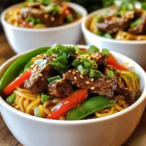 - 200g beef sirloin, thinly sliced - 200g flat rice noodles - 1 red bell pepper, sliced into thin strips - 1 cup snow peas, trimmed - 3 cloves garlic, minced - 1-inch piece ginger, minced - 2 green onions, chopped (white and green parts separated) - 2 tablespoons soy sauce - 1 tablespoon dark soy sauce - 1 tablespoon oyster sauce - 1 tablespoon honey - 1 teaspoon sesame oil - Sesame seeds for garnish - Fresh cilantro leaves for garnish The main ingredients form the backbone of sticky beef noodles. The beef sirloin gives the dish its rich flavor and tenderness. Flat rice noodles soak up all the tasty sauces, making each bite a delight. Fresh vegetables, like bell pepper and snow peas, add a crunchy texture and bright color. The sauces and seasonings elevate the dish's taste. Soy sauce provides saltiness, while oyster sauce adds depth. Honey brings a hint of sweetness that balances the flavors. Sesame oil adds a nutty aroma, making each bite even more enjoyable. Finally, garnishing with sesame seeds and cilantro gives a fresh finish. These ingredients work together to create a meal that is not just tasty but colorful and appealing. You’ll love how they blend to make sticky beef noodles a hit at your table! {{ingredient_image_2}} To cook the rice noodles, start by boiling water in a large pot. Add the flat rice noodles and cook them according to the package instructions. You want them to be al dente, which means they should still have a slight bite. Once they are cooked, drain the noodles in a colander and set them aside for later. Marinating the beef is key for great flavor. This step helps the beef absorb all the tasty sauces. In a mixing bowl, combine the thinly sliced beef with soy sauce, dark soy sauce, oyster sauce, honey, and sesame oil. Make sure every piece is well coated. Let the beef marinate for about 15 minutes. This will deepen the flavors and make your dish more delicious. For cooking the beef, heat one tablespoon of vegetable oil in a large skillet or wok over medium-high heat. Once the oil is hot and shimmering, add the marinated beef. Spread it out in a single layer, so it cooks evenly. Stir-fry for 2-3 minutes until the beef is browned and cooked through. Once done, remove the beef from the skillet and place it on a plate. Next, it’s time to sauté the vegetables. In the same skillet, add another tablespoon of vegetable oil. When the oil is hot, toss in the minced garlic and ginger. Stir them quickly for about 30 seconds until you can smell the aroma. Then, add the sliced red bell pepper and snow peas. Stir-fry for an additional 3-4 minutes. The veggies should be tender but still crisp. Now it’s time to combine everything. Return the cooked beef to the skillet with the sautéed vegetables. Then add the drained rice noodles. Use tongs or a spatula to gently toss everything together. Make sure the beef and veggies are evenly mixed with the noodles. For the final seasoning, take a moment to taste your dish. You may want to adjust the flavors by adding a splash more soy sauce or a drizzle of honey to enhance the sweetness. This step is crucial for achieving that rich flavor you want in every bite. To make your beef tender, choose sirloin. Slice it thinly against the grain. This helps the meat stay soft. Marinating the beef is key. Use soy sauce, dark soy sauce, oyster sauce, honey, and sesame oil. Let it soak for at least 15 minutes. This adds deep flavor to the beef. For flavor, try adding more garlic or ginger. You can also play with the sauces. A bit more honey can add sweetness. If you want a kick, add a pinch of chili flakes. Taste as you go and adjust as needed. Plating is important for a great meal. Serve sticky beef noodles in deep bowls. This shows off the bright colors of the veggies. For a finishing touch, drizzle honey or sesame oil on top. This adds shine and flavor. Garnish with chopped green onions and sesame seeds. Fresh cilantro adds a nice pop of color. These simple touches make your dish look restaurant-worthy. A beautiful plate makes every bite more enjoyable! Pro Tips Choose the Right Noodles: Opt for good quality flat rice noodles as they absorb the flavors better and enhance the overall texture of the dish. Marinating Time: Allow the beef to marinate for at least 15 minutes to deepen the flavor; for best results, you can marinate it for up to an hour in the fridge. High Heat Cooking: Stir-frying over medium-high heat ensures that the beef gets a nice sear while keeping the vegetables crisp and vibrant. Garnish to Impress: Don’t skip the garnish! Fresh cilantro and sesame seeds not only enhance the presentation but also add a fresh and nutty flavor. {{image_4}} If you want a change from beef, you can use chicken or tofu. Both options work well in sticky beef noodles. Chicken adds a mild flavor, while tofu gives a nice texture. For a vegetarian meal, tofu is a great choice. It absorbs the sauce well and soaks up all the flavors. Feel free to play with seasonal vegetables. You can try broccoli, carrots, or bok choy for added crunch. Each vegetable brings new textures and colors to the dish. Mixing in seasonal produce can make your meal fresh and exciting. You can experiment with different sauces to change the taste. Try adding hoisin sauce for a sweet kick or chili sauce for heat. Adjust the sweetness by adding more honey or use soy sauce for saltiness. These small tweaks can make a big difference in flavor! To keep your sticky beef noodles fresh, store them in an airtight container. This helps prevent drying out. Place them in the fridge right away. They can last for 2 to 3 days. If you want to keep them longer, consider freezing them. In the freezer, they can last for about a month. When you are ready to eat them, just thaw overnight in the fridge. When reheating sticky beef noodles, avoid the microwave if you can. Instead, use a skillet or wok. This method helps keep the noodles' texture. Heat a small amount of oil in the pan. Add the noodles and stir them gently. This will help them warm evenly. You can also add a splash of soy sauce. This adds moisture and flavor back to the dish. If the noodles seem dry, a little water works too. Enjoy your delicious meal just like when it was fresh! If you can't find flat rice noodles, you have options. You can use: - Spaghetti or linguine - Udon noodles - Soba noodles These noodles will give you a similar texture. Just be sure to adjust the cooking time. Yes, you can make sticky beef noodles ahead of time. Here are some tips: - Cook the noodles and beef, then cool them quickly. - Store them in airtight containers in the fridge. - Reheat gently in a pan or microwave before serving. This way, you save time on busy days. Sticky beef noodles pair well with several side dishes. Consider: - Steamed broccoli or bok choy - A simple cucumber salad - Egg rolls or spring rolls These sides add balance and enhance your meal. To scale the recipe up, follow these steps: - Double or triple the ingredients based on servings needed. - Keep the same cooking times, but check for doneness. - Use a larger skillet or wok for even cooking. This way, everyone enjoys a tasty meal! This article covered everything you need to make sticky beef noodles at home. We explored main ingredients like beef sirloin, flat rice noodles, and various sauces. I shared step-by-step instructions, cooking tips, and ways to make this dish shine on your plate. In the end, cooking is about making it your own. Use my tips to try new flavors or ingredients. Enjoy your meal and share it with friends! Your kitchen adventures await!