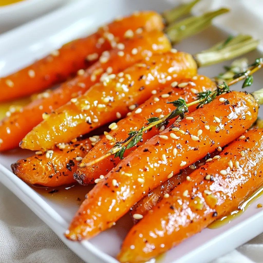 To make honey garlic roasted carrots, gather these simple ingredients: - 1 lb (450g) baby carrots, peeled - 3 tablespoons honey - 3 cloves garlic, minced - 2 tablespoons extra virgin olive oil - 1 teaspoon fresh thyme, finely chopped (or ½ teaspoon dried thyme) - Salt and black pepper, to taste - Optional: 1 tablespoon toasted sesame seeds for garnish You can swap some ingredients if needed. If you don't have baby carrots, use regular carrots cut into sticks. Maple syrup can replace honey for a vegan option. If you are out of garlic, garlic powder works, but use less. For olive oil, you can use vegetable oil or melted butter. Using fresh thyme gives a bright flavor. It brings a lovely aroma that dried thyme might not match. If you use dried thyme, remember it is stronger. Use less than the fresh amount. A half teaspoon of dried thyme is perfect for this recipe. Fresh or dried, thyme adds a nice touch to these carrots. {{ingredient_image_2}} First, I preheat the oven to 425°F (220°C). A hot oven helps the carrots caramelize. Next, I take 1 pound of baby carrots and peel them. This step makes them tender and sweet. In a big bowl, I combine three tablespoons of honey, three minced garlic cloves, and two tablespoons of olive oil. I add one teaspoon of fresh thyme and a pinch of salt and black pepper. I whisk the mix until it is smooth. This glaze gives the carrots a sweet and savory flavor. I toss the peeled carrots in the honey garlic mix. Each carrot should be well-coated. Next, I line a baking sheet with parchment paper. This keeps the carrots from sticking. I spread the carrots in a single layer. Then, I place the baking sheet in the oven. I roast the carrots for 20 to 25 minutes. Halfway through, I toss them for even cooking. They will be tender and caramelized when done. After roasting, I take them out and sprinkle toasted sesame seeds on top if I want. To roast carrots perfectly, follow a few easy tips. First, ensure your oven is at 425°F (220°C). This high heat helps caramelize the natural sugars in the carrots. Use baby carrots for a sweet and tender result. If you're using larger carrots, cut them into even pieces to cook evenly. Spread the carrots in a single layer on the baking sheet. This allows them to roast, not steam. Toss the carrots halfway for even cooking and color. You can add more flavor to your honey garlic roasted carrots. A splash of balsamic vinegar gives a tangy taste. You can also mix in a pinch of cayenne pepper for a spicy kick. Fresh herbs like parsley or dill can add freshness. For a nutty crunch, sprinkle toasted sesame seeds on top after roasting. These extras can elevate the dish and impress your guests. Serve your honey garlic roasted carrots warm for the best taste. Arrange them on a platter and drizzle with the leftover honey garlic mix for added gloss. You can garnish with fresh herbs or extra sesame seeds for a beautiful touch. These carrots pair well with grilled meats, fish, or even as part of a veggie platter. They also make a great side for a holiday meal or a casual dinner. Pro Tips Choose Fresh Carrots: Opt for small, firm baby carrots for the best texture and sweetness. Fresh carrots will caramelize beautifully and enhance the overall flavor of the dish. Experiment with Herbs: Feel free to mix and match herbs like rosemary or parsley along with thyme for added complexity in flavor. Fresh herbs can elevate the dish to a new level. Check for Doneness: Roasting times may vary based on the size of the carrots. Start checking for tenderness around the 20-minute mark to prevent overcooking. Serve with a Twist: For an extra flavor punch, drizzle a bit of balsamic reduction over the roasted carrots before serving. It adds a delightful tang that complements the sweetness. {{image_4}} You can easily switch up the carrots for other veggies. Try using baby potatoes for a hearty dish. Brussels sprouts also work well; they get nice and crispy. You can even use sweet potatoes for a sweeter taste. Each veggie brings its own flavor, adding fun to your meals. If you want a kick, add red pepper flakes to the honey garlic mix. For a savory twist, try adding soy sauce or balsamic vinegar. These changes give the dish a different feel. You can also mix in ginger for a zesty touch. Experiment and find what you love best! For a casual lunch, serve these carrots with a simple sandwich. They make a great side for a family dinner, too. If you're hosting a party, arrange them on a platter with a drizzle of extra honey mixture. Garnish with fresh herbs or sesame seeds for a pretty look. These carrots fit any occasion! After enjoying your honey garlic roasted carrots, you might have some left. To store them, let the carrots cool to room temperature. Then, place them in an airtight container. They will stay fresh in the fridge for up to four days. Make sure to keep the glaze on them; it adds flavor! When you are ready to eat the leftovers, reheating is simple. Preheat your oven to 350°F (175°C). Spread the carrots on a baking sheet. Cover them with foil to keep moisture in. Heat for about 10-15 minutes. This way, they stay soft and tasty. You can also microwave them for about two minutes, but the oven method gives better results. You can freeze honey garlic roasted carrots if you want to save them longer. First, let them cool completely. Then, place them in a freezer-safe bag or container. Remove as much air as possible to prevent freezer burn. They can last up to three months in the freezer. When you are ready to eat, thaw them overnight in the fridge before reheating. Roast the carrots for 20-25 minutes at 425°F (220°C). Halfway through, toss them. This helps them cook evenly. You want them tender and caramelized. Check them at 20 minutes for doneness. Yes, you can use regular carrots! Just cut them into sticks or coins. Aim for similar sizes for even cooking. They will still taste great with the honey and garlic. These carrots go well with many dishes! They pair nicely with grilled chicken or fish. Try them with rice or quinoa for a hearty meal. They also work well in salads, adding a sweet touch. In this post, we covered the key ingredients for honey garlic roasted carrots, tips for perfect roasting, and fun variations. You learned how to make a tasty glaze and the best practices for cooking. There’s also storage info to keep leftovers fresh. Roasting carrots can be simple and rewarding. With these tips, you can impress anyone at your table. Enjoy your delicious carrots, and don’t be afraid to experiment with flavors!
