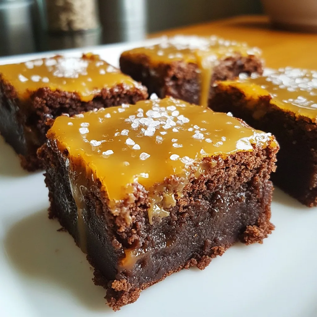 To make these salted caramel brownie bites, you need the following ingredients: - 1 cup unsweetened cocoa powder - 1 cup granulated sugar - ½ cup packed brown sugar - ½ cup unsalted butter, melted - ¼ cup vegetable oil - 4 large eggs - 1 teaspoon vanilla extract - 1 cup all-purpose flour - 1 cup semi-sweet chocolate chips - ½ cup store-bought salted caramel sauce - Sea salt, for finishing These ingredients work together to create a rich, gooey, and sweet treat. The key ingredients that really boost the flavor are: - Cocoa Powder: This gives the brownies a deep chocolate taste. - Brown Sugar: It adds moisture and a slight caramel flavor. - Salted Caramel Sauce: This introduces a sweet and salty contrast. - Sea Salt: Just a pinch at the end makes the flavors pop. These elements elevate the taste and make each bite a satisfying experience. If you have allergies or dietary preferences, here are some easy swaps: - Butter: Use coconut oil or margarine for a dairy-free option. - Eggs: Substitute with mashed bananas or unsweetened applesauce (¼ cup per egg). - All-Purpose Flour: Try almond flour or a gluten-free blend. - Chocolate Chips: Select dairy-free chocolate chips for a vegan treat. These substitutions help you enjoy the brownie bites without worry. {{ingredient_image_2}} Start by preheating your oven to 350°F (175°C). While it heats, get your mini muffin pan ready. You can grease it lightly with cooking spray or use mini paper liners. Liners make it easy to remove the brownie bites later. In a large bowl, combine melted unsalted butter and vegetable oil. Next, add granulated sugar and brown sugar. Whisk these ingredients until smooth. This mix creates a rich base for your brownies. Now, crack in four large eggs, one at a time. Whisk after each egg to blend well. Then, stir in one teaspoon of vanilla extract to add flavor. Sift in one cup of unsweetened cocoa powder and one cup of all-purpose flour. Use a spatula to fold these dry ingredients into the wet mix. Be gentle! A few lumps are fine and add texture to the bites. Finally, fold in one cup of semi-sweet chocolate chips. This will give your brownie bites delightful bursts of chocolate. Use a tablespoon to fill each muffin cup halfway with the brownie batter. Aim for equal amounts in each cup. Then, place about one teaspoon of salted caramel sauce on top of the batter in each cup. This creates a gooey layer. Top with more brownie batter until the cups are about three-quarters full. This allows room for them to rise while baking. Now, bake in your preheated oven for 15-18 minutes. Check for doneness by inserting a toothpick into the center. If it comes out with a few moist crumbs, they’re ready. After baking, let the bites cool in the pan for a few minutes. Then, transfer them to a wire rack to cool fully. Just before serving, sprinkle a pinch of sea salt on top. This enhances the caramel and chocolate flavors, making each bite a true treat. To get the best texture in your brownie bites, follow these simple steps: - Use room temperature eggs. This helps them blend well. - Don’t over-mix the batter. A few lumps are okay and add to the texture. - Bake them just right. Check for doneness with a toothpick; it should have a few moist crumbs. These steps keep your brownie bites soft and fudgy inside, with a slight crust on the outside. Trust me, it makes a big difference! Caramel sauce adds a lovely flavor and gooeyness. Here’s how to use it well: - Choose a good quality store-bought salted caramel sauce. It saves time and tastes great. - Use a teaspoon to drop the caramel on top of the brownie batter. This will give you a nice layer. - Don’t overdo the caramel. A little goes a long way in flavor and keeps the bites from being too sweet. These tips let the caramel shine without overpowering the brownie flavor. Keeping your brownie bites fresh is easy: - Store them in an airtight container at room temperature for up to 3 days. - For longer storage, place them in the fridge. They stay good for about a week. - To reheat, use the microwave for 10-15 seconds. This warms them up and makes them soft again. These methods keep your brownie bites tasty and ready to enjoy at any time! Pro Tips Use Quality Chocolate: Opt for high-quality semi-sweet chocolate chips as they will enhance the overall flavor of your brownie bites. Room Temperature Ingredients: Ensure your eggs and butter are at room temperature to help create a smooth batter and ensure even baking. Don’t Overbake: Keep a close eye on your brownie bites in the oven; they should be fudgy in the center for the best texture. Chill for Extra Gooeyness: For an even more indulgent treat, chill the brownie bites in the fridge for a bit after they cool to enhance the caramel’s consistency. {{image_4}} You can enhance your brownie bites by adding nuts or other mix-ins. Chopped walnuts or pecans give a nice crunch. Just fold in about ½ cup of nuts after mixing in the chocolate chips. You could also try adding mini marshmallows or even dried fruit for extra flavor. This will add texture and make each bite more exciting. For a gluten-free version, replace all-purpose flour with a gluten-free blend. Make sure the blend includes xanthan gum for the right texture. For a vegan option, substitute eggs with flax eggs. Mix 1 tablespoon of ground flaxseed with 2.5 tablespoons of water for each egg. Use a dairy-free butter or oil to keep it vegan. These swaps keep the flavor and texture delicious. If you want to switch up the flavor, think beyond salted caramel. You can use different sauces, like chocolate or raspberry. Just drizzle some on top before baking. You could also add a dash of peppermint extract for a holiday twist. Or try adding espresso powder to the batter for a coffee flavor. Each option opens up new taste experiences. Store your salted caramel brownie bites in an airtight container. This keeps them fresh and moist. You can place a piece of parchment paper between layers if you stack them. Make sure to store them at room temperature for up to three days. If you want to keep them longer, the fridge works too. Just remember, the cold can change the texture a bit. To freeze brownie bites, let them cool completely first. Then, wrap each bite in plastic wrap. Place them in a freezer bag or airtight container. They can last for up to three months in the freezer. When you want to enjoy them, take out as many as you need. Thaw them in the fridge overnight or at room temperature for a few hours. You can also warm them in the microwave for a few seconds. After storage, I suggest serving the brownie bites warm. If you reheated them, drizzle some extra salted caramel sauce on top. A sprinkle of sea salt will make the flavors pop. These bites pair well with a scoop of vanilla ice cream or a dollop of whipped cream. This adds a delicious contrast to the rich chocolate. Yes, you can make these brownie bites ahead of time. You can bake them and store them in an airtight container. Keep them at room temperature for up to three days. If you want to keep them longer, place them in the fridge. Just remember to let them come to room temperature before serving. To check if your brownie bites are done, use a toothpick. Insert it into the center of one brownie bite. If it comes out with a few moist crumbs, they are ready. If it comes out wet with batter, they need more time. Aim for 15-18 minutes of baking time for perfect brownie bites. These brownie bites pair well with many treats. Try serving them with vanilla ice cream for a classic combo. A drizzle of extra salted caramel sauce adds a sweet touch. Fresh berries can also bring a nice tartness. Enjoy them with a cup of coffee or tea for a cozy dessert moment. In this post, we explored the key ingredients for delicious brownie bites and shared easy steps to make them. We discussed tips for the best texture and tasty variations to suit your needs, like gluten-free and vegan options. Finally, we covered how to store these treats for freshness. Remember, with simple tweaks, you can create your perfect brownie bites. Enjoy baking and share these delights with others!