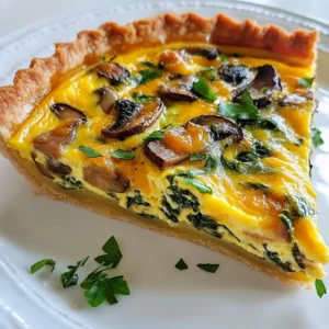 For this savory spinach mushroom quiche, you will need: - 1 pre-made pie crust (or homemade if you prefer) - 2 cups fresh spinach, finely chopped - 1 cup mushrooms, sliced (both button and cremini varieties are fantastic) - 4 large eggs - 1 cup heavy cream (or for a lighter version, use half-and-half) - 1 cup shredded cheese (choose from cheddar, mozzarella, or a delightful mix) - 1 medium onion, diced finely - 2 cloves garlic, minced - 1 teaspoon dried thyme - Salt and black pepper, to taste - 2 tablespoons olive oil (for sautéing) Feel free to swap some ingredients based on your taste or what you have on hand: - Use a gluten-free pie crust if needed. - Spinach can be replaced with kale or Swiss chard. - Any mushrooms work, like portobello or shiitake. - For a lighter dish, substitute heavy cream with milk or a plant-based milk like almond or oat. - Try different cheeses, such as feta or goat cheese, for a unique flavor. To ensure your quiche is fresh and tasty: - Buy spinach and mushrooms that are bright and firm, not wilted or slimy. - Use eggs that are as fresh as possible; check the sell-by date. - Store your heavy cream in the fridge and check for any sour smell before use. - If you have leftovers, keep them in the fridge in an airtight container for up to three days. {{ingredient_image_2}} First, gather your ingredients. You need: - 1 pre-made pie crust - 2 cups fresh spinach, finely chopped - 1 cup mushrooms, sliced - 4 large eggs - 1 cup heavy cream - 1 cup shredded cheese - 1 medium onion, diced - 2 cloves garlic, minced - 1 teaspoon dried thyme - Salt and black pepper - 2 tablespoons olive oil To start, rinse the spinach under cold water. Chop it finely. Next, slice the mushrooms. Use both button and cremini for great flavor. Dice the onion and mince the garlic. This prep makes cooking easy. Heat the olive oil in a large skillet over medium heat. Add the diced onion and cook it for about 3-4 minutes. Stir until it’s soft and clear. Then, add the minced garlic and cook for one more minute. The smell will be amazing! Now, add the sliced mushrooms. Cook them for about 5-7 minutes. They should turn brown and release their moisture. Once the mushrooms are ready, stir in the chopped spinach and dried thyme. Cook until the spinach wilts down. Season with salt and pepper to taste. Remove from heat and let it cool slightly. In a mixing bowl, whisk the eggs and heavy cream together. Make sure they blend well. Add salt and pepper to taste. Now, gently fold the cooled spinach and mushroom mix into the egg mixture. Be careful not to break the veggies. Place your pie crust in a quiche or pie dish. Pour the filling into the crust, spreading it evenly. Top it off with shredded cheese. Now, it's time to bake! Preheat your oven to 375°F (190°C). Bake the quiche for 35-40 minutes. It’s done when the center is set and the top is golden brown. Let the quiche cool for about 10 minutes before slicing. Enjoy your delicious spinach mushroom quiche! To prevent a soggy crust, you need to bake it a bit before adding the filling. This step is called blind baking. To do this, line your pie crust with parchment paper and fill it with pie weights or dry beans. Bake it for about 10 minutes at 375°F (190°C). This helps the bottom cook well and stay crisp. After blind baking, let the crust cool slightly before adding the filling. The egg mixture is key to a tasty quiche. Use fresh eggs for the best flavor. Beat the eggs well with the heavy cream. This mix should be smooth and creamy. You can use half-and-half if you want a lighter option. Don't forget to season it! Salt and pepper enhance the taste. You can also add herbs or spices to match your style. This quiche is great on its own, but you can jazz it up. Serve it with a side salad for a fresh crunch. A simple green salad with lemon dressing works well. You can also serve it with roasted vegetables for a heartier meal. For added flair, top each slice with fresh herbs like parsley or chives. This adds flavor and makes your dish look beautiful. Pro Tips Use Fresh Ingredients: Always opt for fresh spinach and mushrooms for the best flavor and texture in your quiche. Experiment with Cheese: Try different cheese combinations like feta or goat cheese for a unique twist on the traditional quiche. Chill the Crust: Before baking, chill your pie crust in the refrigerator for 15 minutes to prevent it from shrinking during baking. Let it Rest: Allow the quiche to rest for at least 10 minutes after baking to help it set and make slicing easier. {{image_4}} You can add protein to your quiche for extra flavor. Bacon or ham works great. Cook the bacon until crispy, then crumble it into the filling. If you prefer ham, chop it into small pieces and stir it in. This adds a savory touch that pairs well with spinach and mushrooms. If you want a dairy-free quiche, you have options. Use plant-based milk like almond or oat milk instead of cream. For the cheese, try vegan cheese or nutritional yeast for a cheesy taste. This way, you can enjoy the quiche while keeping it dairy-free. Feel free to mix up the veggies. You can add bell peppers, zucchini, or even broccoli. Just make sure to sauté them first to bring out their flavors. This customization lets you use what you have on hand and makes each quiche unique. You should store leftover quiche in the fridge. Wrap it tightly in plastic wrap or foil. Place it in an airtight container if you have one. This keeps the quiche fresh for up to three days. Always check for any signs of spoilage before eating. To freeze quiche, let it cool completely first. Wrap individual slices in plastic wrap and then in foil. You can also freeze the whole quiche. Use a freezer-safe container or wrap it in layers. This way, it lasts for up to three months. When ready to eat, just thaw it in the fridge before reheating. Reheat quiche in the oven for the best texture. Preheat your oven to 350°F (175°C). Place the quiche on a baking sheet. Heat for 15-20 minutes until warm throughout. You can also use a microwave for quick reheating. Just heat it in 30-second intervals until warm. Yes, you can use frozen spinach! It’s a great time saver. Just thaw it first and squeeze out the extra water. This helps keep your quiche from getting soggy. Frozen spinach is handy when fresh spinach is not available. You can store the quiche in the fridge for up to four days. Make sure to cover it with plastic wrap or foil. If you want to keep it longer, you can freeze it. It will last about three months in the freezer. Just remember to let it cool completely before wrapping it. Cheddar, mozzarella, and a mix of both are fantastic choices. Each cheese adds its own flavor. You can also try feta or goat cheese for a tangy twist. Choose what you love! Mixing cheeses can create a deeper taste that pairs well with the spinach and mushrooms. You learned about making a tasty spinach mushroom quiche. We covered ingredients, cooking steps, and helpful tips. Remember to check ingredient freshness and avoid a soggy crust. You can customize it with proteins or veggies to suit your taste. Don’t forget proper storage for leftovers. Now, you can impress family and friends with your quiche skills. Enjoy your cooking journey and savor each bite!