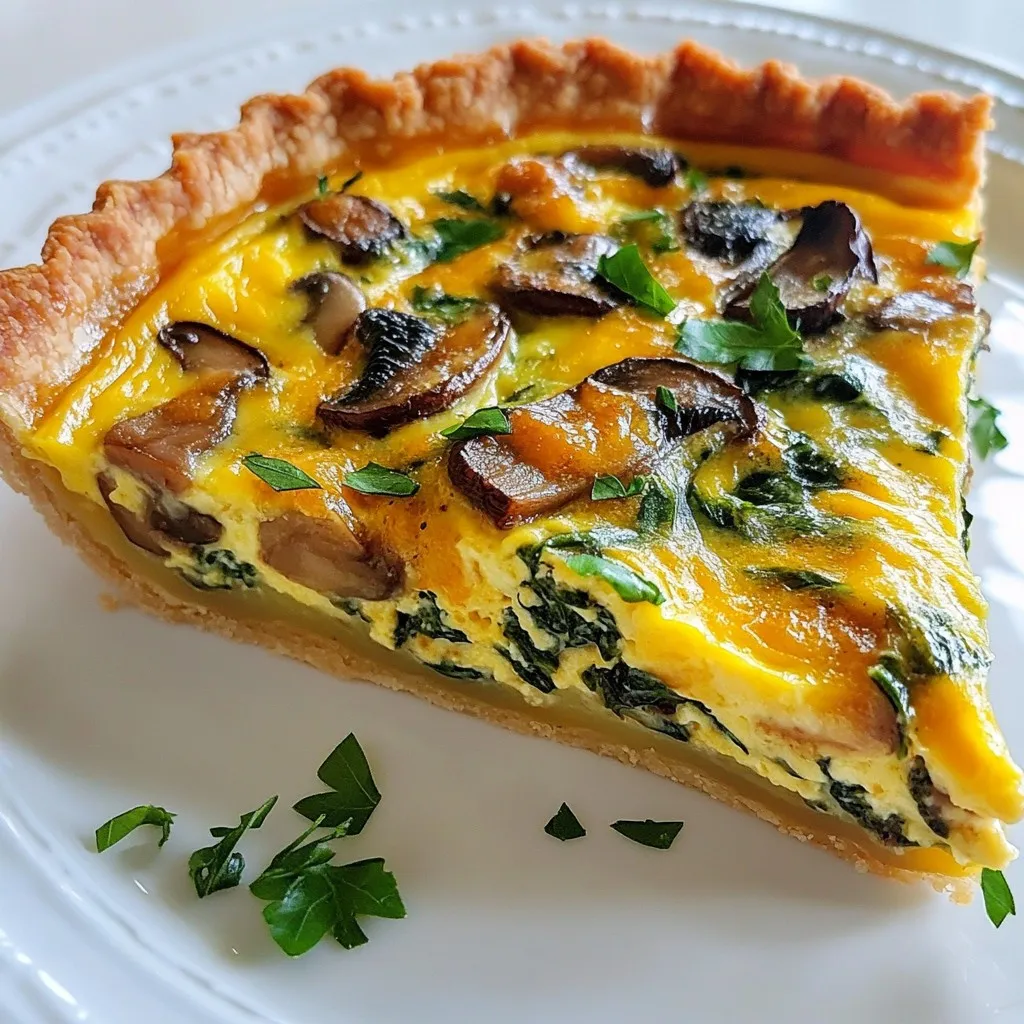 For this savory spinach mushroom quiche, you will need: - 1 pre-made pie crust (or homemade if you prefer) - 2 cups fresh spinach, finely chopped - 1 cup mushrooms, sliced (both button and cremini varieties are fantastic) - 4 large eggs - 1 cup heavy cream (or for a lighter version, use half-and-half) - 1 cup shredded cheese (choose from cheddar, mozzarella, or a delightful mix) - 1 medium onion, diced finely - 2 cloves garlic, minced - 1 teaspoon dried thyme - Salt and black pepper, to taste - 2 tablespoons olive oil (for sautéing) Feel free to swap some ingredients based on your taste or what you have on hand: - Use a gluten-free pie crust if needed. - Spinach can be replaced with kale or Swiss chard. - Any mushrooms work, like portobello or shiitake. - For a lighter dish, substitute heavy cream with milk or a plant-based milk like almond or oat. - Try different cheeses, such as feta or goat cheese, for a unique flavor. To ensure your quiche is fresh and tasty: - Buy spinach and mushrooms that are bright and firm, not wilted or slimy. - Use eggs that are as fresh as possible; check the sell-by date. - Store your heavy cream in the fridge and check for any sour smell before use. - If you have leftovers, keep them in the fridge in an airtight container for up to three days. {{ingredient_image_2}} First, gather your ingredients. You need: - 1 pre-made pie crust - 2 cups fresh spinach, finely chopped - 1 cup mushrooms, sliced - 4 large eggs - 1 cup heavy cream - 1 cup shredded cheese - 1 medium onion, diced - 2 cloves garlic, minced - 1 teaspoon dried thyme - Salt and black pepper - 2 tablespoons olive oil To start, rinse the spinach under cold water. Chop it finely. Next, slice the mushrooms. Use both button and cremini for great flavor. Dice the onion and mince the garlic. This prep makes cooking easy. Heat the olive oil in a large skillet over medium heat. Add the diced onion and cook it for about 3-4 minutes. Stir until it’s soft and clear. Then, add the minced garlic and cook for one more minute. The smell will be amazing! Now, add the sliced mushrooms. Cook them for about 5-7 minutes. They should turn brown and release their moisture. Once the mushrooms are ready, stir in the chopped spinach and dried thyme. Cook until the spinach wilts down. Season with salt and pepper to taste. Remove from heat and let it cool slightly. In a mixing bowl, whisk the eggs and heavy cream together. Make sure they blend well. Add salt and pepper to taste. Now, gently fold the cooled spinach and mushroom mix into the egg mixture. Be careful not to break the veggies. Place your pie crust in a quiche or pie dish. Pour the filling into the crust, spreading it evenly. Top it off with shredded cheese. Now, it's time to bake! Preheat your oven to 375°F (190°C). Bake the quiche for 35-40 minutes. It’s done when the center is set and the top is golden brown. Let the quiche cool for about 10 minutes before slicing. Enjoy your delicious spinach mushroom quiche! To prevent a soggy crust, you need to bake it a bit before adding the filling. This step is called blind baking. To do this, line your pie crust with parchment paper and fill it with pie weights or dry beans. Bake it for about 10 minutes at 375°F (190°C). This helps the bottom cook well and stay crisp. After blind baking, let the crust cool slightly before adding the filling. The egg mixture is key to a tasty quiche. Use fresh eggs for the best flavor. Beat the eggs well with the heavy cream. This mix should be smooth and creamy. You can use half-and-half if you want a lighter option. Don't forget to season it! Salt and pepper enhance the taste. You can also add herbs or spices to match your style. This quiche is great on its own, but you can jazz it up. Serve it with a side salad for a fresh crunch. A simple green salad with lemon dressing works well. You can also serve it with roasted vegetables for a heartier meal. For added flair, top each slice with fresh herbs like parsley or chives. This adds flavor and makes your dish look beautiful. Pro Tips Use Fresh Ingredients: Always opt for fresh spinach and mushrooms for the best flavor and texture in your quiche. Experiment with Cheese: Try different cheese combinations like feta or goat cheese for a unique twist on the traditional quiche. Chill the Crust: Before baking, chill your pie crust in the refrigerator for 15 minutes to prevent it from shrinking during baking. Let it Rest: Allow the quiche to rest for at least 10 minutes after baking to help it set and make slicing easier. {{image_4}} You can add protein to your quiche for extra flavor. Bacon or ham works great. Cook the bacon until crispy, then crumble it into the filling. If you prefer ham, chop it into small pieces and stir it in. This adds a savory touch that pairs well with spinach and mushrooms. If you want a dairy-free quiche, you have options. Use plant-based milk like almond or oat milk instead of cream. For the cheese, try vegan cheese or nutritional yeast for a cheesy taste. This way, you can enjoy the quiche while keeping it dairy-free. Feel free to mix up the veggies. You can add bell peppers, zucchini, or even broccoli. Just make sure to sauté them first to bring out their flavors. This customization lets you use what you have on hand and makes each quiche unique. You should store leftover quiche in the fridge. Wrap it tightly in plastic wrap or foil. Place it in an airtight container if you have one. This keeps the quiche fresh for up to three days. Always check for any signs of spoilage before eating. To freeze quiche, let it cool completely first. Wrap individual slices in plastic wrap and then in foil. You can also freeze the whole quiche. Use a freezer-safe container or wrap it in layers. This way, it lasts for up to three months. When ready to eat, just thaw it in the fridge before reheating. Reheat quiche in the oven for the best texture. Preheat your oven to 350°F (175°C). Place the quiche on a baking sheet. Heat for 15-20 minutes until warm throughout. You can also use a microwave for quick reheating. Just heat it in 30-second intervals until warm. Yes, you can use frozen spinach! It’s a great time saver. Just thaw it first and squeeze out the extra water. This helps keep your quiche from getting soggy. Frozen spinach is handy when fresh spinach is not available. You can store the quiche in the fridge for up to four days. Make sure to cover it with plastic wrap or foil. If you want to keep it longer, you can freeze it. It will last about three months in the freezer. Just remember to let it cool completely before wrapping it. Cheddar, mozzarella, and a mix of both are fantastic choices. Each cheese adds its own flavor. You can also try feta or goat cheese for a tangy twist. Choose what you love! Mixing cheeses can create a deeper taste that pairs well with the spinach and mushrooms. You learned about making a tasty spinach mushroom quiche. We covered ingredients, cooking steps, and helpful tips. Remember to check ingredient freshness and avoid a soggy crust. You can customize it with proteins or veggies to suit your taste. Don’t forget proper storage for leftovers. Now, you can impress family and friends with your quiche skills. Enjoy your cooking journey and savor each bite!